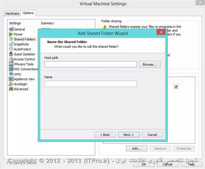 روشی که سعید جان گفته، کاملا درسته.
در ادامه صحبت های سعید جان اینکه میتونی پس از نصب VMware Tools، با Drag & Drop هم فایل رو جابجا کنی.
روش دیگه اینکه میتونی در تنظیمات VM، یه Mapped Drive بسازی که به یه فولدر روی کامپیوتر Host (کامپیوتری که VMware رو روی اون نصب کردی) لینک بشه.
سمت چپ صفحه، VM مورد نظرتو انتحاب کن و روی اون Right Click کن و سپس گزینه Settings رو انتخاب کن.

||http://www.tosinso.com/files/get/d74d124d-7bd3-45ce-a2e2-39eeb3ccd375||

در پنجره باز شده، به تب دوم یعنی Options برو و مطابق تصویر، گزینه Shared Folders رو انتخاب کن.

||http://www.tosinso.com/files/get/f48f97a9-132c-4046-92a4-f618976957ec||

در قسمت سمت راست صفحه، گزینه Add رو مطابق تصویر کلیک کن و سپس آدرس یه فولدر روی کامپیوتر Host رو انتخاب کن.

||http://www.tosinso.com/files/get/249584f4-49d4-4ad9-be87-516c333cce71||

سپس بهد از انتخاب مسیر، به صفحه اصلی (تصویر دوم) بر میگردی و دومین گزینه از بالا Always Enabled رو انتخاب میکنی.

||http://www.tosinso.com/files/get/fd2a7649-d4c2-4fbf-af30-235203b4e832||

حالا از این به بعد هر زمان که My Computer را روی کامپیوتر VM باز کنی، یه Mapped Drive به فولدری که انتخاب کردی مشاهده می کنی و میتونی فایل ها رو از شریق این فولدر به اشتراک بگذاری.

روش دیگه ای هم مثل شبکه کردن کامپیوتر VM و Host و یا در یک Range قرار دادن IP ها وجود داره که ترجیحا بهتر هستش که از یکی از 2 روش بالا استفاده بشه.

اگر سوالی بوذ، حتما بپرسین.
مرسی