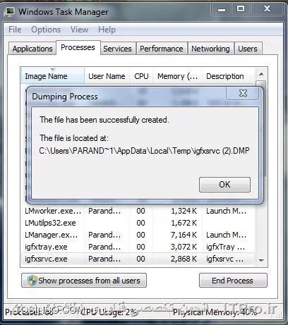 سلام دوستان
عملکرد گزینه Create Dump File توقسمت Process ازپنجره Taskmanager چیه؟وباچه برنامه ای می توان محتویات ایجادشده ازفایل DMP  آن رامشاهده کرد.لطفااسکرین شات زیررومشاهده کنیدولطف کنیدنقش وعملکرداین گزینه رابیان بفرمایید.
||http://tosinso.com/files/get/25000138-6df9-4bcb-b0c8-c242e994440f||
بااحترام
