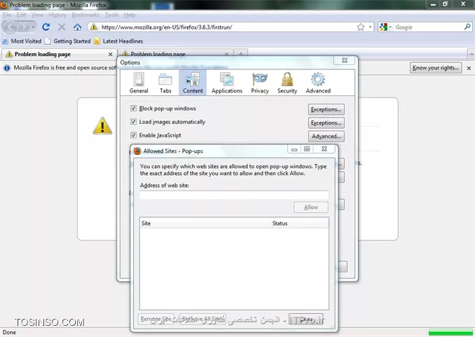 با سلام امیدوارم روش های زیر مفید باشه 
اولین روش غیر فعال کردن پروتکل SSL در نرم افزار ESET NOD 32  مانند تصویر زیر می باشد .
||http://icdl.tosinso.com/files/get/3effeb1d-9f83-4893-ade3-0fdeee641afb||

روش دوم غیر فعال کردن کلیه تنظیمات کادر certificate validation در تنظیمات Option  موزیلا فایرفاکس مانند تصویر زیر
||http://icdl.tosinso.com/files/get/14fa1bc9-a16c-4267-abdb-b6c4954c64b2||

روش سوم وارد کردن نام سایت هایی که باز نمی شوند در بخش Content و در بخش Exceptions می باشد . مانند تصویر زیر
||http://icdl.tosinso.com/files/get/254ad7a6-03b8-4c10-aeb5-df4e18e3d5d1||

و یا نهایتا در بخش تنظیمات Certificate Manger گواهی های لازم برای وب سایت ها را Import نمایید.
||http://icdl.tosinso.com/files/get/1bc0c7cd-fe85-400b-b3f6-98aab4b319f4||
و نهایتا لینک زیر شاید بتونه کمک نهایی رو به شما انجام بدهد
|لینک ساپورت موزیلا فایرفاکس::https://support.mozilla.org/en-US/kb/secure-connection-failed-error-message?redirectlocale=en-US&redirectslug=Secure+Connection+Failed|
