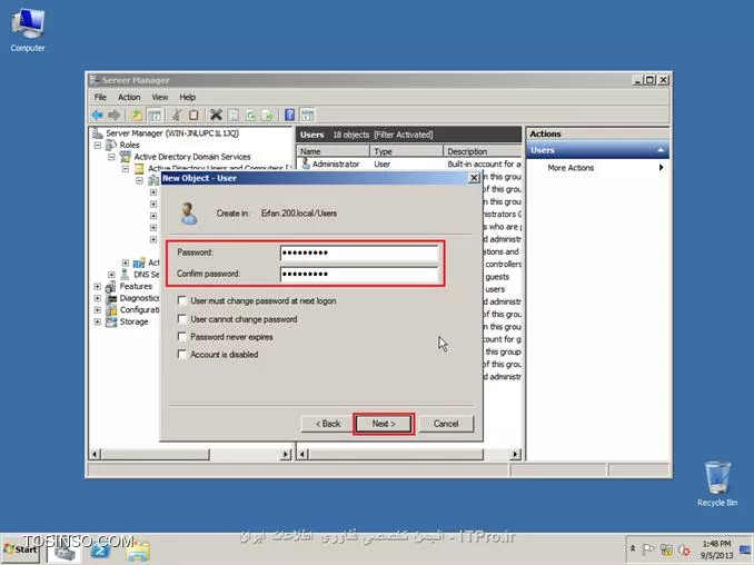 ||http://network.tosinso.com/files/get/465f83f1-ad1d-44fd-97d7-47db2dbdd599||
! راه اندازی یک شبکه قدرتمند محلی تحت دامین-Domain Networking

خب همان طور که از نامش معلوم هست شبکه ما تحت دامین میباشد و با شبکه های Workgroup خیلی تفاوت دارد. در شبکه دامین ما با سیستم عامل سرور یک شبکه راه اندازی میکنیم و بقیه کامپیوتر ها باید به سرور متصل شوند
تا بتوانند از سیستم های خود استفاده کنند همچنین ما در شبکه دامین میتوانیم سطح دسترسی کاربران را به قسمت های مختلف ویندوز محدود کنیم برای مثال از سرور دستور میدهم که کاربر X نتواند از USB استفاده کند و...
در شبکه Domain شما باید روی سرور برای هر کاربر Username و Password تعریف کنید تا کاربران با User و Pass های تایین شده توسط شما بتوانند کامپیوتر های خود را Login کنند.
در این قسمت از سیستم عامل Windows Server 2008 R2 استفاده میکنیم.

*خصوصیات شبکه Domain:*
قابلیت مدیرت هزاران کامپیوتر تنها از یک کامپیوتر ( سرور )
تعیین کردن سطح دسترسی کاربران به قسمت های مختلف سیستم عامل ویندوز
نصب برنامه ها تحت شبکه ( شما تایین میکنید که کاربران بتوانند چه برنامه هایی نصب کنند )
امنیت فوق العاده بالا
انعطاف پذیری بالا در مدیریت کاربران
نصب ویندوز بر روی کامپیوترهای Client عضو شبکه Domain
و......

پیکربندی ویندوز Server 2008 R2 Enterprise:
1- سیستم عامل ویندوز را روی کامپیوتر سرور نصب کنید. سیستم عامل را حتما فعال و Active کنید و ساعت آن را تنظیم کنید.
2- در این قسمت باید سرویس Active Directory را روی ویندوز سرور نصب کنید تا شبکه شما به Domain تبدیل شود. ( ADDC: Active Directory Domain Controller )
2-1: نصب سرویس Active Directory:

روی Start کلیک کنید سپس از Administrative Tools گزینه Server manager را انتخاب کنید:
||http://network.tosinso.com/files/get/d1bb9151-613e-43a6-9396-6d85acb85013||
2-2- در صفحه باز شده روی Roles کلیک کنید سپس Add Roles را بزنید:
||http://network.tosinso.com/files/get/9a64b30c-3142-4369-bca1-a874b86e16c5||
2-3- در این قسمت روی Next کلیک کنید:
||http://network.tosinso.com/files/get/587b1e57-15e6-462f-8a79-c55b970d6213||
2-4- در این قسمت تیک گزینه Active Directory Domain Services را بزنید:
||http://network.tosinso.com/files/get/ff749a6f-06e0-45a4-901e-53d8baa048a6||
2-5- صفحه ای باز میشود و باید روی Add Required Features کلیک کنید:
||http://network.tosinso.com/files/get/3fbe52f7-01e0-45d6-adb0-5fb2c2f42793||
2-6- تیک Active Directory Domain Services زده شد حالا روی Next کلیک کنید:
||http://network.tosinso.com/files/get/524e7fd5-206f-47f3-854a-efe49c96326d||
2-7- روی Next کلیک کنید:
||http://network.tosinso.com/files/get/2e1a28d8-acb0-4701-a7ae-9f42e86e1968||
2-8- روی Install کلیک کنید تا سرویس Active Directory نصب شود:
||http://network.tosinso.com/files/get/162dd0de-588b-4136-aaa4-2104315ab108||
2-9- در حال نصب:
||http://network.tosinso.com/files/get/6489b5cd-83f0-4b66-a890-eaa10b5c4660||
2-10- روی Close کلیک کنید تا نصب به اتمام برسد:
||http://network.tosinso.com/files/get/1b8b18aa-6986-418a-b01e-6b59c2ca8d5d||
2-11- روی Start کلیک کنید سپس از Administrative Tools گزینه Server manager را انتخاب کنید.
روی Roles کلیک کنید سپس روی Active Directory Domain Services کلیک کنید:
||http://network.tosinso.com/files/get/dee593d9-243f-44b2-93bc-6b300fe7d76c||
2-12- روی Run the Active Directory Domain Services Installation Wizard dcpromo.exe کلیک کنید:
||http://network.tosinso.com/files/get/3a44e3d2-068c-4c3d-9b58-80f609dbc2ad||
2-13- روی Next کلیک کنید:
||http://network.tosinso.com/files/get/3e5f84e4-a44a-4fad-8f5d-9f4ceb6e859f||
2-14- روی Next کلیک کنید:
||http://network.tosinso.com/files/get/2305697b-c67d-47d3-8601-cc7be14bc60a||
2-15- تیک گزینه Creat a new domain in a new forest را بزنید و روی Next کلیک کنید:
||http://network.tosinso.com/files/get/8dba017d-96aa-4fe6-bf36-681a52f70056||
2-16- در این قسمت باید برای دامنه شبکه دامین یک نام انتخاب کنید. دقت کنید که باید از 2 یا 3 کلمه تشکیل شود و بین آن ها نقطه ( . ) گذاشته شود. سپس روی Next کلیک کنید:
||http://network.tosinso.com/files/get/82dff6dd-706c-4bba-90b1-96701c4711e3||
2-17- در این قسمت از بالا ( Forest fuctional level ) گزینه Windows server 2008 R2 را انتخاب کنید و روی Next کلیک کنید:
||http://network.tosinso.com/files/get/781a032f-d08e-4aa9-bbfe-f0a3ed1ca1eb||
2-18- در این قسمت مطمئن باشید که تیک گزینه DNS خورده باشد سپس روی Next کلیک کنید:
||http://network.tosinso.com/files/get/f9000eaf-8a56-439c-b3f8-d985a60c39c0||
2-19- در این قسمت باید نوع سیستم IP دهی به شبکه را انتخاب کنید که DHCP و Manual میباشد من در اینجا ار IP دهی Manual استفاده میکنم و IP کارت های شبکه را دستی تنظیم میکنم
پس ابتدا IP سرور را دستی تنظیم کنید سپس گزینه زیر را انتخاب کنید:
||http://network.tosinso.com/files/get/82ea3931-05e4-4aea-99f3-969ef43e0458||
IP که من تنظیم کردم:
||http://network.tosinso.com/files/get/8154f867-bb10-4d7b-8e89-260cebf69a2b||
IP Address: 192.9.200.77 این IP باید در رنج IP ها و روترهای داخل شبکه باشد.
Subnet Mask: 255.255.255.0 باید همین مقدار باشد: 255.255.255.0
Default Geteway: 192.9.200.50 باید IP مودم یا روتر اینترنت باشد تا به اینترنت دسترسی داشته باشد.
2-20- سپس روی Next کلیک کنید و Yes را بزنید:
||http://network.tosinso.com/files/get/ea8c50c0-9f6d-4b9f-a188-7ea6f9e099d5||
2-21- روی Next کلیک کنید:
||http://network.tosinso.com/files/get/8065e660-4640-4674-a0ce-a263e88611f7||
2-22- در این قسمت برای بازیابی Active Directory یک رمز وارد کنید ( رمز شما باید ترکیبی از حروف کوچک حروف بزرگ و اعداد و کاراکتر یاشد ) سپس روی Next کلیک کنید:
||http://network.tosinso.com/files/get/f7579a6a-96f7-49b2-88d8-e51c2efbae91||
2-23- روی Next کلیک کنید تا تنظیمات اعمال شود:
||http://network.tosinso.com/files/get/01968a4a-546e-4e3b-9b0a-0577c06aaa91||
2-24- در این قسمت تیک گزینه Reboot on completion را بزنید تا بعد از اتمام نصب و تنظیمات سرور ریست شود:
||http://network.tosinso.com/files/get/4bf0cd9d-497e-4e7c-a2b6-07c6bdc59e00||
خب تا اینجا توانستیم شبکه Domain را روی سرور راه اندازی کنیم. حالا باید کامپیوترهای کاربران و کلاینت ها را عضو این شبکه کنیم.
||http://network.tosinso.com/files/get/2953c08f-ffda-4765-a24f-b57b27b1acb9||
! join کردن کامپیوتر ها به سرور
عضو کردن کامپیوترهای کاربران و کلاینت ها به شبکه Domain:
تعریف Username و Password برای یک یا چتد کاربر روی ویندوز سرور:
خب شما ابتدا باید روی سرور برای هر کاربر و کلاینت یک نام کاربری و رمز عبور تعریف کنید تا کاربران بتوانند وارد حساب کاربری خود شوند.
1- روی Start کلیک کنید سپس از Administrative Tools گزینه Server manager را انتخاب کنید.
به مسیر زیر بروید:
<c#>
Roles > Active Directory Domain Services > Active Directory users and Computers > Domain name > Users
<c#>
Domain name همان اسمی هست که برای شبکه Domain انتخاب کردید.
||http://network.tosinso.com/files/get/3643b8f5-fd04-49bd-afe5-70167391d2e2||
2- روی Users کلیک راست کنید و New user را بزنید:
||http://network.tosinso.com/files/get/5ad37cf3-02f0-47f7-9f82-91d39d93a7c9||
3- First name: نام کاربر را وارد کنید.

Last name: اسم فامیل کاربر را وارد کنید.

User logon name: نام کاربری کاربر برای وارد شدن به سیستم را وارد کنید.
سپس روی Next کلیک کنید:
||http://network.tosinso.com/files/get/60bb779e-6856-40b1-93ff-80b3c7021f24||
4- در این قسمت برای User که ساختید پشورد بزارید و همه تیک ها را بردارید و روی NExt کلیک کنید ( پسورد ترکیبی از اعداد حروف کوچک و بزرگ و کاراکتر باشد )
||http://network.tosinso.com/files/get/2591bc9d-892f-4d2c-9123-0c27023ee07c||
5- روی Finish کلیک کنید:
||http://network.tosinso.com/files/get/5a60ff1d-80d2-4d32-87e6-959e80df3dfc||
6- User ما بر روی سرور ساخته شد.

به کامپیوتر کاربر یا کلاینت بروید سپس IP آدرس برای آن کلاینت تعریف کنید ( IP باید در رنج IP سرور و شبکه باشد )
IP Address: آدرس IP در رنج شبکه و سرور ( تکراری نباشد )
Subnet Mask: باید 255.255.255.0 باشد
Default geteway: باید IP روتر یا مودم اینترنت باشد
Prefered DNS Server: که خیلی مهم میباشد باید IP سرور را وارد کنید اگر وارد نکنید امکان عضویت و بر قراری ارتباط با سرور را ندارید.
||http://network.tosinso.com/files/get/7120de2c-28be-4b06-b6bb-5dea7c2b1fa0||
6- روی Computer کلیک راست کنید و Properties را بزنید سپس روی Change settings کلیک کنید:
||http://network.tosinso.com/files/get/6448080b-1d7a-4f29-b68a-e22e062d076a||
7- روی Change کلیک کنید:
||http://network.tosinso.com/files/get/4268e27b-a4e8-40cf-ad0a-d49da540731d||
8- تیک گزینه Domain را بزنید و نام Domain که در سرور موقع نصب Active Directory انتخاب کردید را وارد کنید و OK را بزنید:
||http://network.tosinso.com/files/get/5c2cd75d-4a84-4a5a-9075-2672ada1bd65||
9- از شما USER Name و Password میخواهد:
||http://network.tosinso.com/files/get/4a3f8a04-0fc3-402d-bba6-4957033a51ff||
Username باید Administrator را وارد کنید و Password را رمز عبور ویندوز سرور 2008 سپس Ok را بزنید:
10- پیام خوش آمد گویی به شما نمایش داده میشود. این یعنی این که کاربر شما عضو شبکه Domain شد. روی OK کلیک کنید:
||http://network.tosinso.com/files/get/ba3a7f60-7726-457f-af71-9cec5e2c5a65||
11- از شما میخواهد کامپیوتر را ریست کنید رو OK کلیک کنید:
||http://network.tosinso.com/files/get/78b86ffc-d746-48f7-afbe-5e5df898929f||
سپس Close را بزنید و Restart now را بزنید.
12- سیستم کاربر که روشن شد به شما میگه مه CTRL + ALT + Delete را بزنید تا Login شوید:
||http://network.tosinso.com/files/get/18282e58-64b6-46c1-adb1-c3291cb96d40||
13- روی Switch User کلیک کنید:
||http://network.tosinso.com/files/get/52f35079-78d5-4633-bd7f-a71623317de8||
14- Other User را بزنید:
||http://network.tosinso.com/files/get/6b9d9841-f62d-48f3-a6ff-215ce30e2824||
15- User name و Password که در سرور برای کاربر تعریف کردید را وارد کنید تا Login شود:
||http://network.tosinso.com/files/get/5d6df99e-ab52-4b11-80f9-630070acbe20||
||http://network.tosinso.com/files/get/e51322cc-c0f7-4ffc-ade0-f0dc086b4188||
16- کاربر شما با موفقیت عضو شبکه Domain شد
||http://network.tosinso.com/files/get/4b8fb913-5ae3-40bb-b733-f01b85f970a1||
موفق باشید.