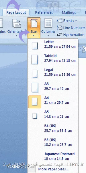 سلام دوست عزیز، برای این منظور کافیست از منوی Page Layout در قسمت Size گزینه ی A3 را انتخاب کنید، اما اگر این گزینه برای شما وجود ندارد، کافیست طبق تصویر زیر بر روی گزینه More Paper Sizes در انتهای منو کلیک کنید:
||http://icdl.tosinso.com/files/get/259e4a57-8899-40ee-af9e-805bea7b1abb||
سپس  گزینه Custom size را انتخاب و اندازه کاغذ A3 را (یعنی 29.7 در 42 سانتی متر) وارد کنید:
||http://icdl.tosinso.com/files/get/82152f6d-1248-4645-a22b-62a13e1f589c||