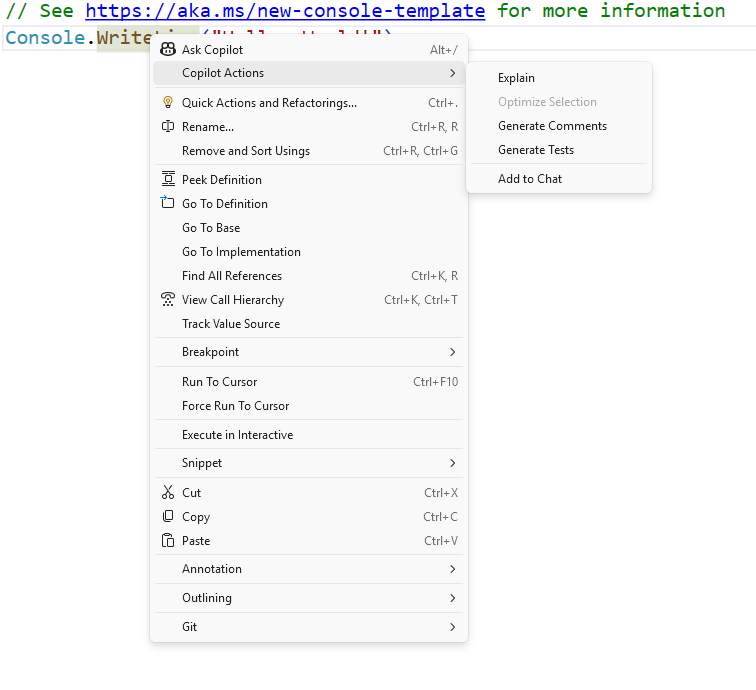 منوی Copilot Actions در Visual Studio 2026