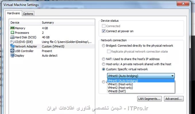 ی کار دیگه هم باید انجام بدی برو تو قسمت فایروال و گزینه ی file and print sharing  رو تیک ش رو بزن||http://virtualization.tosinso.com/files/get/08f0df54-61e5-4bfb-81a5-8edf6fb522c8||


روی host only  قرار نمیدی 
||http://virtualization.tosinso.com/files/get/26eead4b-d0db-4005-9df7-7bb88fde39b7||

مثه عکس هرکدوم رو روی سویچ مورد نظر خودت قرار بده


ip address 192.168.100.0  رو نمیتونی به ی client  بدی!!!!!!!!!!!!!!!!!!!!!!!!!!