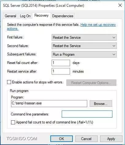 با سلام و خسته نباشید خدمت همه دوستان
من در services.msc  بر روی سرویس sql server کلیک سمت راست موس را فشار می دهم و بر روی properties کلیک می کنم و در تب recovery می روم مثل عکس زیر در عکس زیر اگر دقت کرده باشید در قسمت اول  restart the services را انتخاب کرده ام که اگر سرویس sql server استارت نشد آنرا استارت کند در قسمت دوم هم به همین صورت هست اما در قسمت سوم run a program هست که من در زیر آن فایل hassan.exe را برایش انتخاب کرده ام این فایل سرویس sql agent را استارت می کند اما اصلا این کار را انجام نمی دهد یعنی سرویس stop هست اما بعد از ریستارت شدن ویندوز اصلا استارت نمی شود یا حتی به جای فایل Hassan.exe یک فایل دیگر گذاشتم که می آمد یک فولدر در درایو c ایجاد می کرد که باز بعد از استارت شدن ویندوز باز فولدر ایجاد نمی شد حتی خیلی از دستورات Powershell استفاده کردم برای مثال می آمد از طریق powershell یک ایمیل ارسال می کرد که باز این کار انجام نمی شد اصلا انگاری run a program کار نمی کند و حتی من به جای restart the service گذاشتم restart the computer باز هم ویندوز ریستارت نشد اصلا انگار هیچکدام کار نمی کنند من حتی از ویندوز 8.1 و 10  هم استفاده کرده باز فایده ای نداشت از دوستان ممنون می شوم منرا راهنمایی کنند؟
||https://tosinso.com/files/get/2730879c-84e4-4bb0-a1ff-7a32ae2146c7||

و حتی در عکس زیر هم کامپیوتر ریستارت نمی شود

||https://tosinso.com/files/get/500abfb9-4f8e-4b1f-af98-de824393422f||

من حتی فایل EXE را به صورت RUN AS ADMINISTRATOR هم تنظیم کردم اما باز فایده ای نداشت

حتی این کار را هم انجام دادم برای تست پسورد tab در حقیقت Log on را تغییر دادم و user آن هم مثلا administrator گذاشتم و پسورد آنرا چیز دیگری گذاشتم یعنی پسورد Log on با پسورد administrator فرق دارد که مثلا این کارها را انجام دادم که سرویس start نشود اما بازهم دیدم ایمیل من از طریق powershell ارسال نشد.

حتی اسکریپت powershell ای که من استفاده کردم در زیر هست :
<powershell>
$emailTo = 'aaaaaaaa@yahoo.com'
$emailFrom = 'hassan@gmail.com'
$subject = 'ddddddddddddddddd'
$body = ffffffffffffff
$smtpServer = smtp.gmail.com   
$smtpUsername = zarabi.hassan@gmail.com  
$smtpPassword = Password  
$smtpClient = New-Object Net.Mail.smtpClient($smtpServer, 587)   
$smtpClient.EnableSsl = $true   
$smtpClient.Credentials = New-Object System.Net.NetworkCredential($smtpUsername, $smtpPassword);   
$smtpClient.Send($emailFrom, $emailTo, $subject, $body)  
<powershell>

و حتی در tab در حقیقت recovery در قسمت program مسیر زیر را گذاشتم :
<text>
C:\Windows\System32\WindowsPowerShell\v1.0\powershell.exe
<text>
و در قسمت command line parameters کد زیر را گذاشتم :
<text>
-ExecutionPolicy Bypass -Command & 'c:\temp\a.ps1'
<text>
و با این وجود ایمیل ارسال نشد 

اما همان کد را در cmd وارد می کنم و اجرا می کنم بدون هیچ مشکلی ایمیل ارسال می شود یعنی مشکل کد وجود ندارد مثل کد زیر :
<text>
C:\Windows\System32\WindowsPowerShell\v1.0\powershell.exe -ExecutionPolicy Bypass -Command & 'c:\temp\a.ps1'
<text>
با تشکر از شما