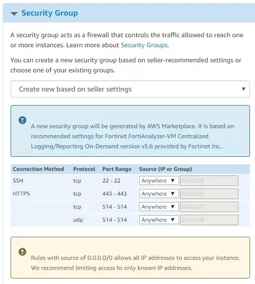 راه اندازی FortiAnalyzer-VM در AWS از طریق روش One Click Launch