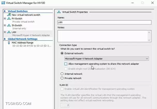 حالا اگر یک کارت شبکه داشته باشیم میتوانیم که هم به عنوان Uplink استفاده کنیم و هم خود Host بتواند ارتباطات Networking اش را ازدست ندهد؟ بله یک راه وجود دارد. بار دیگر به تصویر زیر توجه کنید. همانطور که قبلا گفته شد در VM مربوطه به صورت زیر مشخص میکنیم که کدام کارت شبکه به کدام سوییچ وصل باشد. حالا یک سوالی در زیر آن پرسیده شده است که میگوید اجازه دهید یک OS به صورت اشتراکی از این کارت شبکه استفاده کند. اتفاقی که می افتد به این صورت است کارت شبکه ی فیزیکی به زیر مدیریت Hyper-V میرود و Host اختیار آن را دیگر نخواهد داشت. اگر این تیک را بزنیم یک Virtual NIC روی Host ساخته میشود و این V-NIC به سوییچ External وصل میشود و هرکسی هم که به سوییچ External وصل باشد با دنیای واقعی ارتباط دارد. سپس Host تمامی ترافیک هایش را از طریق این V-NIC به Virtual switch میدهد و از طریق Uplink آن با دنیای فیزیکی ارتباط برقرار میکند.

||https://tosinso.com/files/get/278ca0e9-7f8b-4553-8b75-1fdb80f72d14||
بعد از این کار مشاهده میکنید که یک کارت شبکه دیگر اضافه شده است:


قابل توجه است که کارت شبکه اصلی یعنی Physical1 دیگر IP ندارد زیرا مدیریت آن تحت HV است و IP ی آن روی vEthernet افتاده است. در حال حاضر Host میتواند از طریق این سوییچ با بیرون ارتباط داشته باشد و همچنین تمامی VM هایی که به این سوییچ وصل هستند. یعنی این Host به صورتی به بیرون دسترسی دارد که VM ها دسترسی دارند. این برای زمانی است که شما فقط یک کارت شبکه دارید. توجه داشته باشید که این Design پیشنهاد نمیشود چون تمامی ترافیک هایی که با خود Host میخواهید داشته باشید از طریق همان یک uplink وارد میشود و بیرون میرود. یعنی از طریق Uplink ای وارد و خارج میشود که VM ها ترافیکشان را میگیرند و بیرون میفرستند و این میتواند برای VM ها Overhead ایجاد کند و پهنای باند کم بیاورد. پیشنهاد میشود به جای این روش از Design زیر استفاده شود.