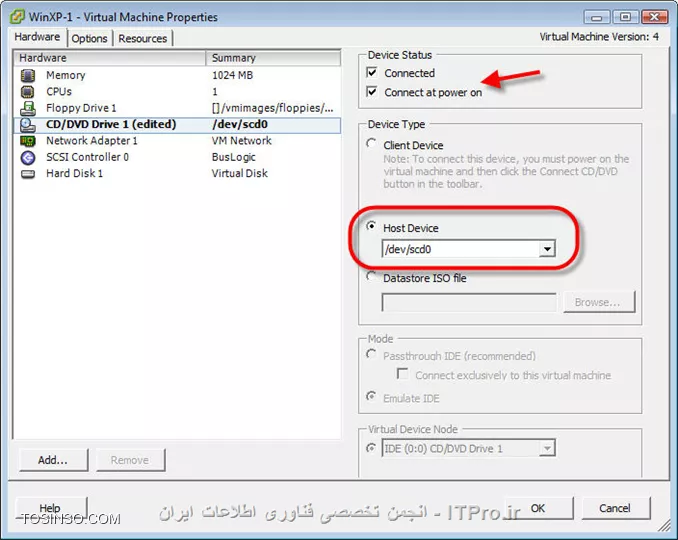 ببینید دوست عزیز شناسوندن Flash به ESXi رو شما باید اول برای ماشین مجازیتون انجام بدید و بعد Boot رو روی Flash بزارید اگر می خاین از طریق Flash Memory بوت بشه برای شناسوندن Flash Memory به VMware ESXi از آموزش زیر استفاده کنید : 
* |شناساندن حافظه Flash و قفل های سخت افزاری به ESXI::https://tosinso.com/articles/391/4-%d8%aa%d8%ac%d8%b1%d8%a8%d9%87-%d8%a7%d8%b1%d8%b2%d8%b4%d9%85%d9%86%d8%af-%d8%a7%d8%b2-%d9%86%d8%b5%d8%a8-%d8%b4%db%8c%d8%b1%d9%be%d9%88%db%8c%d9%86%d8%aa-%d9%88-%d9%85%d8%b9%d8%b1%d9%81%db%8c-%d9%82%d9%81%d9%84-%d8%b3%d8%ae%d8%aa-%d8%a7%d9%81%d8%b2%d8%a7%d8%b1%db%8c-%d8%af%d8%b1-VMWare|
این مورد رو تست کنید و ببینید درست میشه یا خیر ، اما پیشنهاد می کنم CD یا DVD خودتون رو ابتدا بصورت فایل ISO تبدیل کنید و در Datastore خودتون آپلود کنید و از طریق Browse کردن در Datastore شما می تونید فایل ISO مربوطه رو به عنوان CDROM معرفی کنید که سیستم ازش بوت بشه ، برای آپلود کردن فایل هم کافیه آموزش زیر رو دنبال کنید :
* |آموزش آپلود فایل ISO در Datastore سرور ESXi::https://tosinso.com/articles/43893/%d8%a2%d9%85%d9%88%d8%b2%d8%b4-%d8%a2%d9%be%d9%84%d9%88%d8%af-%d9%81%d8%a7%db%8c%d9%84-%d8%af%d8%b1-VMware-ESXi-%d8%a8%d9%87-%d8%b2%d8%a8%d8%a7%d9%86-%d8%b3%d8%a7%d8%af%d9%87|
در نهایت توجه کنید که مثل عکس زیر گزینه های Connected و Connect at power on تیک خورده باشه : 

||http://network.tosinso.com/files/get/279220f4-4920-4112-af68-b14b64b0dc01||

*ITPRO باشید*