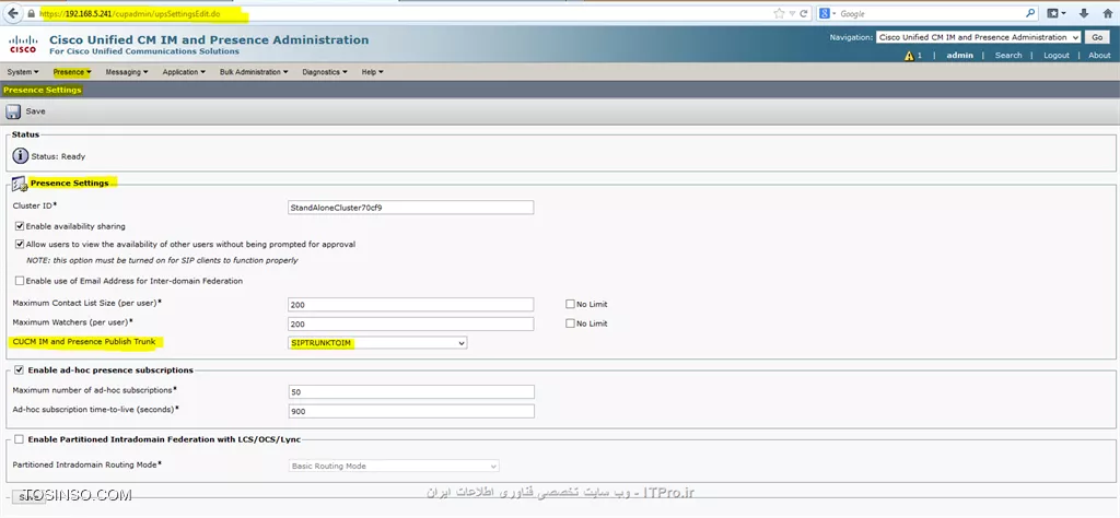 **!! نحوه راه اندازی *Cisco Jabber* بروی انواع *Device  *ها :**

مقدمه:
 *Cisco jabber*  نرم افزاریست ارائه شده از طرف شرکت سیسکو برای ارتباط های  Text Messaging  (به صورت گروهی و یا فردی ) و به اشتراک گذاری فایل ها ، Voice & Video Calling و به اشتراک گذاری Desktop  که ذکر این مطلب الزامیست ،برای استفاده از سیستم کنفرانس چه صوت و چه تصویر نیاز به راه اندازی سرویس  WebEx میباشد.
||Jaber::http://tosinso.com/files/get/c430cf1c-e2d1-415a-bd9a-ec183652fe7f||
از جمله امکانات این مجموعه سرویس میتوان به این نکته اشاره داشت ، (مانند نرم افزار Lync  در مایکروسافت ) شما میتوانید آن را بروی گوشی تلفن همراهتان ، کامپیوتر شخصی خود (PC) ، تبلت و لب تاپتان داشته باشید و در صورت نیاز ادامه مکالمه خود را به device  دیگری انتقال دهید . مثلا فرض کنید بروی میز کار خود یک تلفن 7940  دارید و با مدیرتان مشغول صحبت هستید و در همین حین برای شما کاری پیش می آید و مجبور هستید از پشت میز خود بلند شوید در این حالت میتوانید مکالمه خود را به تلفن همراهتان منتقل کنید و هم به کارتان برسید و هم دیگر نیازی به قطع کردن مکاله خود ندارید که این جابجایی در صورت داشتن سرویس  WebEx  میتواند حتی به صورت خارج از شبکه داخلی شرکت و بروی اینترنت هم ادامه پیدا کند. شما میتوانید این سناریو را در مکالمه تصویری  نیز در نظر بگیرید.
||http://tosinso.com/files/get/4bd12c07-602e-4522-acbb-df729e9b5955||
برای راه اندازی این سرویس باید زیر ساخت مورد نیاز آن را فراهم کنیم، که شامل راه اندازی Cisco Unified Call Manager  یا همان CUCM  و  Cisco Unified IM & Presence میشود.
!! در ادامه نحوه راه اندازی IM & Presence  و Integrate  کردن آن با CUCM را  توضیح داده و سپس نرم افزار Jabber  را توضیح خواهم داد.
ذکر چند نکته خالی از لطف نیست:
!! 1- همخوانی سرور های  CUCM  و IM & Presence  (در اینجا از نسخه 11 استفاده شده است)
2- اطمینان از داشتن منابع کافی بروی سروری که بروی آن این سرویس ها را نصب کرده ایم.
!! 3- اطمینان از برقراری درست سرور IM,CUCM و نرم افزار لایسنس (Cisco Prime)
4- برای برقراری تماس ها (voice & Video) نیاز به Assign  کردن شماره داخلی خاص به هر Jabber Account  داریم.
!! 5- اطمینان از راه اندازی همه ی سرویس های مورد نیاز بروی هر دو سرور IM&P  و CUCM


ابتدا میبایست CUCM  را به IM&P متصل کنیم برای این کار میبایست مانند زیر عمل کنیم:
-	ابتدا سرور IM&P  را معرفی میکنیم ، برای این کار در CUCM  به منوی System  و سپس Server  بروید:

دقت شود که قسمت های هایلایت شده حتما مانند شکل پر شوند و قسمت هایی که تیک خورده شده مانند آن تیک خورده شود و  آیتم های انتخابی مانند شکل انتخاب شوند.”
||http://tosinso.com/files/get/b7119000-5873-47fb-bd2a-47b40a4eef2f||
||http://tosinso.com/files/get/4e8c88d9-08f5-48a1-bff2-ef5f5f4c25de||
||http://tosinso.com/files/get/64fe8457-7b19-4115-bf21-39b786caaf98||
-	در CUCM  و در منوی SIP Trunk Security  یک پروفایل جدید بسازیم.
||http://tosinso.com/files/get/6856afdd-7183-46e7-b2cf-dbf289761fac||
برای رسیدن به این منو میتوانید از مسیر زیر استفاده کنید:
||http://tosinso.com/files/get/58e3f3a1-96e9-4add-bad9-f4c27c21dd07||
-	حال نوبت ساخت Trunk  است:
برای برقراری ارتباط میان IM&P  و CUCM  یک Sip Trunk  میان این دو سرور میسازیم

||http://tosinso.com/files/get/84225b83-ffb4-403b-b8f1-610639d09146||
||http://tosinso.com/files/get/7ec37180-e4ec-447e-a017-6ec8a39673e2||
||http://tosinso.com/files/get/6cc39e87-238e-4bf5-824c-1d07aa574474||
-	در Sip information  و در قسمت Destination Address  آدرس سرور IM&P  را وارد میکنیم که با پورت شماره 5060 این Trunk  برقرار خواهد شد.
-	SIP Profile  حتما بروی Standard SIP Profile  قرار خواهد داشت.

حال به سرور IM&P  مراجعه میکنیم: 
CUCM ip address:192.168.5.243
IM&Presence ip address:192.168.5.241
حال برای برقرای Trunk  باید یک پروفایل در IM&P بسازیم ولی نکته ی مهم آن است که مانند شکل زیر میباست در قسمت   CUCM IM and Presence Publish Trunk  همان Trunkی که در CUCM  ساختیم را انتخاب کنیم:

||http://tosinso.com/files/get/27ad5a90-76a2-4e32-81d3-440a4d9609e0||

نکته مهم دیگر این است که IM&P  مانند یونیت های دیگر Unified communication  در سیسکو نیست و بصورت یکپارچه با خود CUCM  کار میکند مثلا لایسنس خود را از آن میگیرد و در Submenu های CUCM به گزینه های CUCM اضافه میشود. 

||http://tosinso.com/files/get/f8c37cac-b346-438c-ba67-7f5b24bbfe81||
حال میبایست CTI port  را برای IM&P  در سرور CUCM تعریف کنیم:

CTI Port :
CTI port  یا همان Computer Telephony Integration  در حقیقت یک device  مجازی است (Virtual Device) که به شما این اجازه را میدهد تا یک خط مجازی بسازید. باید بازای هر خط فعال (Active Voice Line) که میخواهیم از آن به عنوان خط   Soft phone  استفاده کنیم یک CTI port  داشته باشیم.
||http://tosinso.com/files/get/e23b5318-be90-44b5-9639-aa1686e51987||
||http://tosinso.com/files/get/eac7fd42-9b25-4d9b-8808-926fd41760a9||


ادامه مطلب در حال بروز رسانی میباشد
با تشکر
