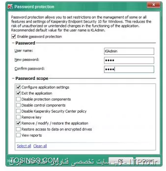 !! ساخت یک پسورد برای Kaspersky Endpoint Security 

- Security-Center 

1- داخل Workstations شده و روی تب Policies بروید 

2- انتخاب کنید KES 10 SP2 workstation policy 

3- روی لینک Configure policy کلیک کنید 

||کسپرسکی سرور 10 ::https://tosinso.com/files/get/950bf4b9-d0b8-4130-b325-3990b28fe95d||

4- سوییچ روی Application Settings انجام دهید 

||کسپرسکی سرور 10 احمد توسلی ::https://tosinso.com/files/get/47579529-dad2-4c2a-a203-6a072eb03365||

5- حالا برای فعال سازی password protection وارد بخش Settings و Password protection بزنید 

||https://tosinso.com/files/get/346b643b-cc9d-4106-9962-0002380c7f8c||

6- چک باکس  Enable password protection را انتخاب کنید 
||https://tosinso.com/files/get/09ee9879-85a6-4ee5-a26a-6bf6a88ab5f7||

7- یک نام مثلاً KLAdmin و پسورد root قرار دهید 

||https://tosinso.com/files/get/27c7786a-d149-403c-84bc-e25af8624a7f||

8- حالا گزینه های  Exit the application, Disable Kaspersky Security Center policy و Remove / modify / restore the application و روی ok کلیک کنید 

||https://tosinso.com/files/get/c86a555c-faa6-43b5-a3fb-567a9c425d5f||

9- روی OK کلیک کنید 

10- حالا منتظر میمانیم تا پالیسی اعمال شود 

11- روی Laptop بروید و روی KES راست کلیک و Exit را بزنید باید کادری مثله زیر باز شود :

||https://tosinso.com/files/get/29b55d80-57c5-4430-87ac-147bc171e032||

12- در Password check روی Cancel کلیک کنید 

13- حالا در سیستم عامل ویندوز وارد Programs and Features شوید 

14- انتخاب Kaspersky Endpoint Security 10 for Windows و روی Change کلیک کنید 

||https://tosinso.com/files/get/3f4869fc-297f-41a8-b281-74961226f19d||

15- برای حذف Kaspersky Endpoint Security روی Remove کلیک کنید 

||https://tosinso.com/files/get/e3adbf63-edc0-4fff-bbe8-cd73c610b7ab||

16- حالا NEXT را بزنید بدون اینکه کادر زیر را پر کنید :

||https://tosinso.com/files/get/17da529b-0873-48d6-af73-14012cc42791||

17- مشاهده می کنید که کسپرسکی بدون پسورد پاک نمی شود روی پیام زیر OK کنید :

||https://tosinso.com/files/get/ecb50443-cf27-4aa6-ba85-a81836096e9f||

18- ویزارد حذف را cancel کنید 


نویسنده : سید احمد توسلی
منبع : |جزیره امنیت اطلاعات و ارتباطات وب سایت توسینسو::https://tosinso.com/security|
هرگونه نشر و کپی برداری بدون ذکر منبع و نام نویسنده دارای اشکال اخلاقی است



