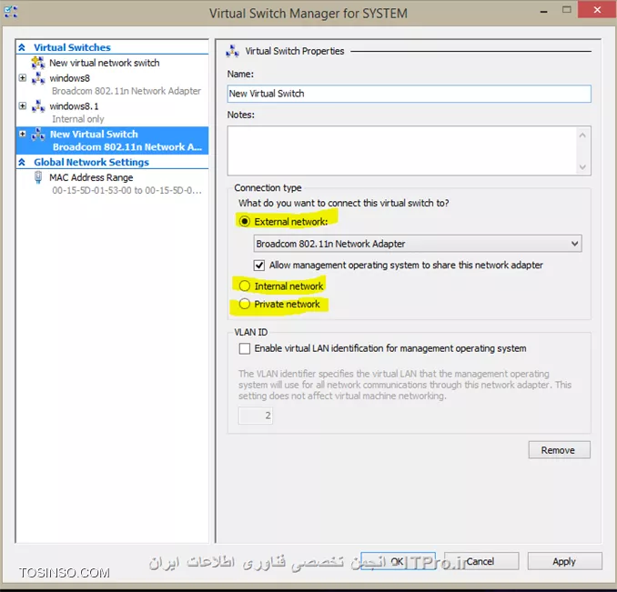با سلام
در ابتدا Hyper-v اصلاً کارت شبکه نداره و شما باید کارت شبکه رو براش ایجاد کنید برای این منظور ابتدا روی Virtual Switch manager کلیک کنید .
||http://network.tosinso.com/files/get/22bc0c26-0b4e-4e13-ad17-66b272d26f3c||
*برای ارتباط ماشین مجازی با Host یا ویندوز اصلی :*
کارت شبکه External رو انتخاب کنید و create virtual Switch رو بزنید 
||http://network.tosinso.com/files/get/9b56dc74-6209-427b-ba36-115f70602fe9||
برای کارت شبکه یه نام به دلخواه ایجاد میکنید و Ok میزنید 
||http://network.tosinso.com/files/get/27d1d657-6b1f-404a-bd9a-16bf9b4000c7||
*برای ارتباط ماشین های مجازی بین یکدیگر:*
کارت شبکه Private رو انتخاب کنید و create virtual Switch رو بزنید ، در نهایت اگر میخواهید ماشین مجازی X و Y را با هم شبکه کنید روی ماشین مجازیتون راست کلیک کنید و Setting رو میزنید از پنجره باز شده همانند تصویر زیر Virtual Switch ماشین های X,y را یکی میگذارید در این حالت ماشین های مجازی با هم شبکه میشوند.
||http://network.tosinso.com/files/get/245dd21f-dfcf-453f-9dc4-79566e3606c8||
--
برای سوال شما باید کارت شبکه External انتخاب کنید سپس رنج آی پی ها در host و در ماشین مجازی باید یکی باشه همچنین فایروال ها نیز خاموش باشه تا بتونید فایل به اشتراک بگذارید.