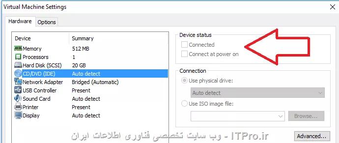دقت کنید که تیک گزینه های Connected و Connect at power on در تنظیمات CD-DVD شما خورده باشه مشابه تصویر زیر ، احتمال داره گزینه Connected شما تیک نخورده باشه : 
||http://network.tosinso.com/files/get/2816b099-eb35-4042-a56b-1be3b20c9739||