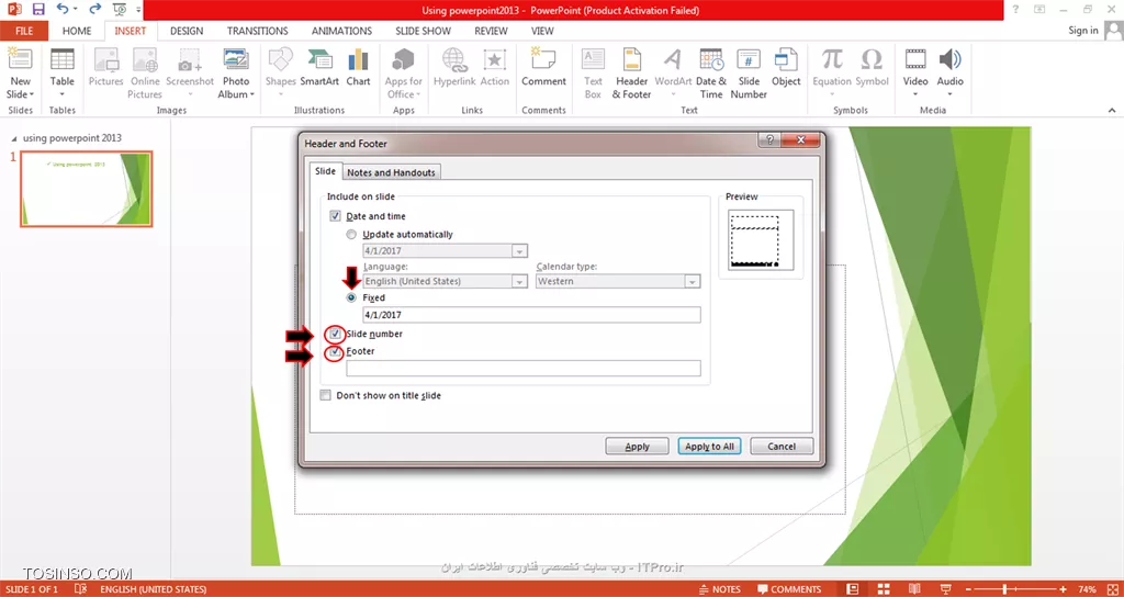 به نام خـدا سلام دوستان itpro ای... 13 بدرتون مبــارک :) امروز میخوایم با دوتا پست آموزشی بخش insert رو تمام کنیم امیدوارم که تا اینجای آموزش با ما همراه بوده باشید و تمرین بسیار انجام داده باشید تا مسلط بشین:) دراین بخش میخوام به قسمت سوم و بخش چهارم یعنی : کار با باکس links بپردازیم ، ابتدا پاورپوینت 2013 رو باز می کنیم و میخوایم برای مثال برروی نوشته زیر که با کادر قرمز رنگ مشخص شده لینک بگذاریم:

||http://tosinso.com/files/get/00848c42-af3b-416c-a1f7-7ff2ed886244||
 به قسمت insert میریم و دربخش لینک ها روی آیکون ستاره که داخل مربع قرارگرفته (Action) کلیک می کنیم کادر زیر باز میشه:

||http://tosinso.com/files/get/5cd375fb-5fcc-4a2c-9896-965333b91e13||
* *none : * اگر روی این گزینه علامت بزنیم درواقع هیچ action ای صورت نمیگیره.
* *hiperlink to : *اگر روی این گزینه علامت بزنیم درواقع متصل میشه به اسلاید بعدی یا اسلاید قبلی و هرآنچه که ما انتخاب می کنیم که با کلیک برروی این نوشته به اون اسلاید میره.
* *Run program : *رو داریم که اگر انتخاب کنیم وقتی روی نوشته مون کلیک می کنیم برنامه ای رو که انتخاب کردیم اجرا میکنه.
* *play sound :* رو داریم که به محض کلیک برروی نوشته مورد نظر اون sound پلی میشه .

کــادر بعدی comment هست که برای گذاشتن یادداشت در هر اسلاید استفاده میشه و و قتی که روی آیکون comment کلیک می کنید یک کادری کنار اسلاید هاتون باز میشه که اونجا می تونید یادداشت بگذارید ضمن اینکه یک آیکون کوچک کامنت بالای اسلایدتون هست که به جهت مشاهده ی نوشته تون می تونید برروی آن کلیک کنید که تمام این توضیحات رو میتونید در تصویر زیر مشاهده کنید:

||http://tosinso.com/files/get/209a17b6-6ced-448f-bfcd-5ae419cd2d3c||
کــادر بعدی که بررسی می کنیم کادر text هست که ابتدا میریم سراغ text box :

||http://tosinso.com/files/get/00feb436-5bcc-4180-87db-007412360a56||
وقتی که روی text box کلیک کنیم یک کادری برامون باز میشه که میتونیم داخلش بنویسیم که من by tosinso.com  رو نوشتم و با استفاده از تنظیمات براش کادر گذاشتم:

||http://tosinso.com/files/get/f71788b4-e939-4b0a-9756-61c711a29fbf||
اما آیکون بعدی header&footer هست که کاربردش با آیکون های date &time و slide number یکی هست پس من فقط این آیکون رو توضیح میدم وفتی روش کلیک می کنیم کادر یا بهتره بگم منوی کوچکی باز میشه که ابتدا تیک گزینه date &time رو میزنیم سپس اگر update automatically رو انتخاب کنیم میتونیم شیوه های مختلف به نمایش درآمدن زمان و یا تاریخ رو انتخاب کنیم:

||http://tosinso.com/files/get/b82c5180-1648-4fc7-962f-606579adb749||
اگر fixed رو انتخاب بنماییم در این صورت داخل اسلایدمون تاریخ رو نمایش میده و با زدن تیک گزینه های slide number و footer میتونیم شماره اسلاید به همراه پـاورقی رو داشته باشیم که پاورقی برای داشتن توضیحاتی که به متن اسلایدمون مربوط میشه خیلی کاربردیه.

||http://tosinso.com/files/get/28895c79-e6d4-4d43-9168-f3cb5dd5e3e3||
*** نکته: می تونید Apply to all رو انتخاب کنید که برای همه ی اسلاید هاتون تنظیم شه:)*
در این صورت اسلایدتون به شکل زیر درمیاد:

||http://tosinso.com/files/get/e6505027-6e01-4cf8-97ed-b7d9ddb057f0||
آیکون بعدی که در این قسمت بررسی میکنیم آیکون Wordart هست :

||http://tosinso.com/files/get/4b59894c-5aae-47a7-88e7-b8b2b05dd806||
که یکی از حالت هارو از منوی کوچک انتخاب می کنید و متن تون رو داخلش می نویسید.
خب امیدوارم این بخش از آموزش هم براتون مفید بوده باشه درآخر 13 بدر خوشی رو براتون آرزومندم:)
*itpro بــاشید.*

نویسنده: حمیده سلامی
منبع: |جزیره مبانی کامپیوتر و مهارت های هفتگانه وب سایت توسینسو::https://tosinso.com/icdl|
هرگونه نشروکپی برداری از نوشته بدونه ذکر منبع و نام نویسنده حرام است.