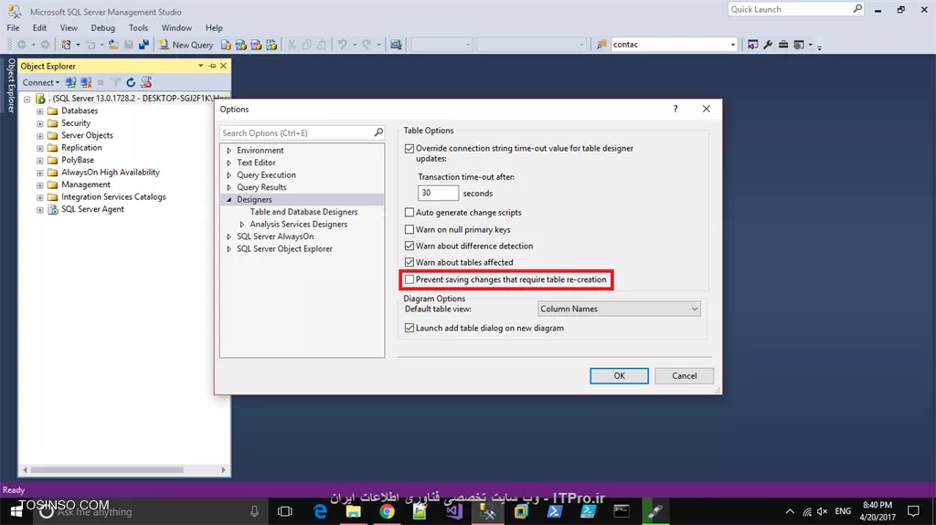 سلام ابوالفضل جان، برای تغییر از بخش Designer تو قسمت تنظیمات (Options) توی Management Studio گزینه زیر رو که تو عکس مشخص شده تیکش و بردار:

||https://dba.tosinso.com/files/get/28a1c526-4009-4779-918c-cfb0b7c7437a||
