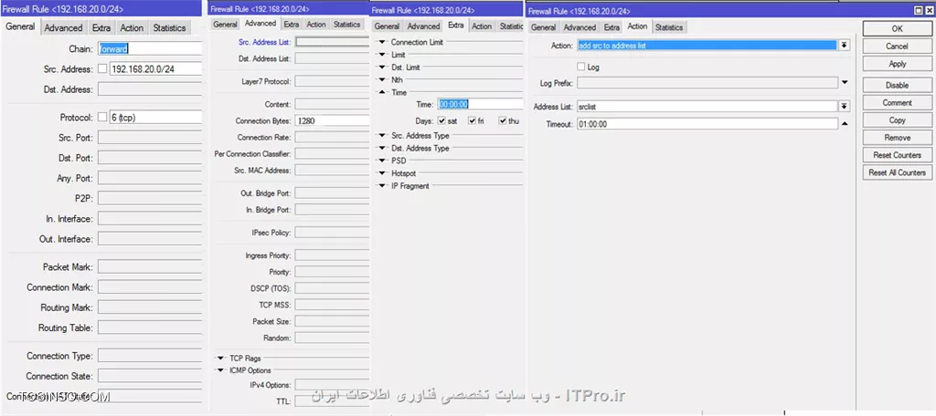 با سلام برای انجام چنین پالسی در شبکه بهتر است از سرویس های اکانتینگ همچون Kerio or IBSng استفاده کنی که قطعا امکانات مدیریتی بیشتری برای شما فراهم میکنه ( راحت بگم میتونین دمار کاربران شبکتونو در بیارین)
ولی داخل میکروتیک هم از طریق usermanger + Hotspot  هم میتونید اینکارو انجام بدین یه اسکریپتی هست داخل سایت ویکی میکروتیک میتونید انجام بدین.
ولی یه راه دگه هم هست اونم استفاده از قوانین فیلتر گزاری در فایروال میکروتیک.
مثلا ما می خواهیم حجم دانلود را بر اساس مبدا و مقصد بلاک کینم که کاربرامون نتونن فایلهای بالای 10 مگ رو دانلود کنن.
برای اینکار کافیه سه دونه رول تو قسمت ip / firwall / filter rules بنویسیم:
قانون اول:
||http://network.tosinso.com/files/get/28f4b7ac-57b2-4d9e-9bb9-9695f1eec39c||
معادل فارسیش: یعنی اگه درخواست عبوری به سمت روتر اومد (chain:forward) و از رنج آی پی های داخل شبکمون اومد و پروتکلشم TCP بود و مقدار دانلودش 1280 بود و یا حتی در یه بازه زمانی خاص آدرس آیپی این کاربرانو بزار تو یه  آدرس لیست به اسم srclist و به مدت یه ساعت نذار دگه به سرش بزنه بخواد از این شیطنت بازیها در بیاره 
قانون دوم :
||http://network.tosinso.com/files/get/06174d9e-2f34-4ac8-96fa-347db6d74bc4||
دقیقا مثه همون قبلی ولی تو تب اکشن باید آدرس لیست مقصد رو مشخص کنی
قاونون سوم :
||http://network.tosinso.com/files/get/3ec58edf-48b3-45f5-82fa-9977988cd421||
تو این قانون هم میگیم درخواستهای عبوری از روتر که از طرف آدرس لیست srclist به مقصد dstlist و در اون بازه زمانی مدنظر رو کلا دراپ کن که دگه به سرش نزنه فیلم و موزیک دانلود کنه

فقط دوتا نکته کنکوری:
1- چرا ما گفتیم 10 مگ ولی بعدش نوشتیم 1280؟ چون مقدار connection Byte به ازای هر کانکشنه  و از اونجا که  IDM به صورت پیش فرض واسه دانلود  8 کانکشن را به سمت سایت مقصد ارسال می‌کند، پس 8 کانکشن 1280 بایتی، میشه 10 مگ فقط توجه داشته باشید اگه فایل از طریق بروزر دانلود شود، بعد از دانلود 1280 بایت دانلود کاربر متوقف می‌شود چرا که بروزر برخلاف IDM، تنها یک کانکشن را به سایت مقصد ارسال می‌کند)
2-در نوشتن قوانین ترتیب رو رعایت کنید چون کلا تو تمام فایروالها قوانین از بالا به پایین اجرا میشن پس اون قاونون سومی باید در انتها قرار بگیره