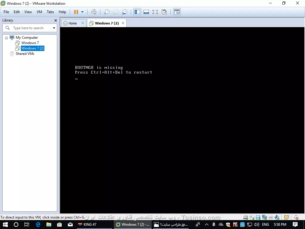 سلام وقت بخیر
من VMWare Workstation نصب کردم ولی در قسمتی که میخواد ویندوز 7 نصب کنه نصب انجام نمیشه و ناقص میمونه.
الان میخوام از قسمت سمت چپ پاک بشه و ویندوز سرور 2016  روی VMWare Workstation نصب کنم.
که بتونم روش اکتیو دایرکتوری نصب کنم و کار دومین شبکه را ازین طریق انجام بدم؟
ممنون میشم راهنمایی کنید

||https://tosinso.com/files/get/28fe1c89-6230-4e23-a305-37e0dc547550||