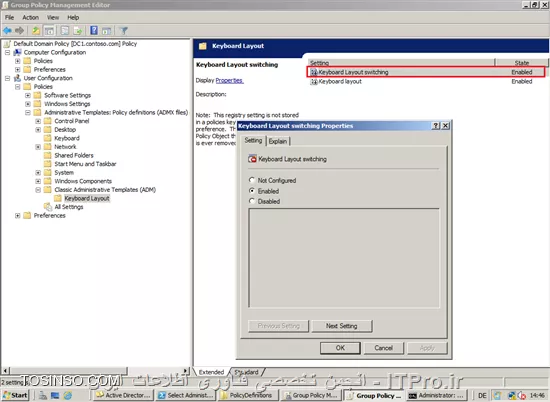 <c#>
CLASS USER

   CATEGORY Keyboard Layout
     POLICY Keyboard Layout switching
     KEYNAME Software\Microsoft\Windows\CurrentVersion\Run
       VALUENAME internat.exe
       VALUEON internat.exe
       VALUEOFF DELETE
       END POLICY
   
     POLICY Keyboard layout
     KEYNAME Keyboard Layout\Preload
         PART Enable English CHECKBOX
           DEFCHECKED
          VALUENAME 1
           VALUEON 00000409
           VALUEOFF DELETE
         END PART

         PART Enable Farsi CHECKBOX
           DEFCHECKED
          VALUENAME 2
           VALUEON 00000429
           VALUEOFF DELETE
         END PART
         END POLICY
END CATEGORY
<c#>
کد فوق رو در Notpad با پسوند یا فرمت adm ذخیره کنید مانند Keyboard_Layout.adm ما بقی راه رو به صورت تصویری ادامه میدیم ، حال فایل فوق رو با کلیک راست کردن بر قسمت Administrator Templates... و زدن add اضافه کرد
||http://network.tosinso.com/files/get/d787c949-5409-425b-99ee-1c577346494d||
||http://network.tosinso.com/files/get/2901564a-72dd-4a9e-9761-4470298a4f1d||
||http://network.tosinso.com/files/get/4b8ffaf6-dd0d-4184-a0f7-806878c494e4||