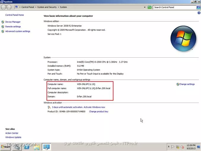 ||http://network.tosinso.com/files/get/465f83f1-ad1d-44fd-97d7-47db2dbdd599||
! راه اندازی یک شبکه قدرتمند محلی تحت دامین-Domain Networking

خب همان طور که از نامش معلوم هست شبکه ما تحت دامین میباشد و با شبکه های Workgroup خیلی تفاوت دارد. در شبکه دامین ما با سیستم عامل سرور یک شبکه راه اندازی میکنیم و بقیه کامپیوتر ها باید به سرور متصل شوند
تا بتوانند از سیستم های خود استفاده کنند همچنین ما در شبکه دامین میتوانیم سطح دسترسی کاربران را به قسمت های مختلف ویندوز محدود کنیم برای مثال از سرور دستور میدهم که کاربر X نتواند از USB استفاده کند و...
در شبکه Domain شما باید روی سرور برای هر کاربر Username و Password تعریف کنید تا کاربران با User و Pass های تایین شده توسط شما بتوانند کامپیوتر های خود را Login کنند.
در این قسمت از سیستم عامل Windows Server 2008 R2 استفاده میکنیم.

*خصوصیات شبکه Domain:*
قابلیت مدیرت هزاران کامپیوتر تنها از یک کامپیوتر ( سرور )
تعیین کردن سطح دسترسی کاربران به قسمت های مختلف سیستم عامل ویندوز
نصب برنامه ها تحت شبکه ( شما تایین میکنید که کاربران بتوانند چه برنامه هایی نصب کنند )
امنیت فوق العاده بالا
انعطاف پذیری بالا در مدیریت کاربران
نصب ویندوز بر روی کامپیوترهای Client عضو شبکه Domain
و......

پیکربندی ویندوز Server 2008 R2 Enterprise:
1- سیستم عامل ویندوز را روی کامپیوتر سرور نصب کنید. سیستم عامل را حتما فعال و Active کنید و ساعت آن را تنظیم کنید.
2- در این قسمت باید سرویس Active Directory را روی ویندوز سرور نصب کنید تا شبکه شما به Domain تبدیل شود. ( ADDC: Active Directory Domain Controller )
2-1: نصب سرویس Active Directory:

روی Start کلیک کنید سپس از Administrative Tools گزینه Server manager را انتخاب کنید:
||http://network.tosinso.com/files/get/d1bb9151-613e-43a6-9396-6d85acb85013||
2-2- در صفحه باز شده روی Roles کلیک کنید سپس Add Roles را بزنید:
||http://network.tosinso.com/files/get/9a64b30c-3142-4369-bca1-a874b86e16c5||
2-3- در این قسمت روی Next کلیک کنید:
||http://network.tosinso.com/files/get/587b1e57-15e6-462f-8a79-c55b970d6213||
2-4- در این قسمت تیک گزینه Active Directory Domain Services را بزنید:
||http://network.tosinso.com/files/get/ff749a6f-06e0-45a4-901e-53d8baa048a6||
2-5- صفحه ای باز میشود و باید روی Add Required Features کلیک کنید:
||http://network.tosinso.com/files/get/3fbe52f7-01e0-45d6-adb0-5fb2c2f42793||
2-6- تیک Active Directory Domain Services زده شد حالا روی Next کلیک کنید:
||http://network.tosinso.com/files/get/524e7fd5-206f-47f3-854a-efe49c96326d||
2-7- روی Next کلیک کنید:
||http://network.tosinso.com/files/get/2e1a28d8-acb0-4701-a7ae-9f42e86e1968||
2-8- روی Install کلیک کنید تا سرویس Active Directory نصب شود:
||http://network.tosinso.com/files/get/162dd0de-588b-4136-aaa4-2104315ab108||
2-9- در حال نصب:
||http://network.tosinso.com/files/get/6489b5cd-83f0-4b66-a890-eaa10b5c4660||
2-10- روی Close کلیک کنید تا نصب به اتمام برسد:
||http://network.tosinso.com/files/get/1b8b18aa-6986-418a-b01e-6b59c2ca8d5d||
2-11- روی Start کلیک کنید سپس از Administrative Tools گزینه Server manager را انتخاب کنید.
روی Roles کلیک کنید سپس روی Active Directory Domain Services کلیک کنید:
||http://network.tosinso.com/files/get/dee593d9-243f-44b2-93bc-6b300fe7d76c||
2-12- روی Run the Active Directory Domain Services Installation Wizard dcpromo.exe کلیک کنید:
||http://network.tosinso.com/files/get/3a44e3d2-068c-4c3d-9b58-80f609dbc2ad||
2-13- روی Next کلیک کنید:
||http://network.tosinso.com/files/get/3e5f84e4-a44a-4fad-8f5d-9f4ceb6e859f||
2-14- روی Next کلیک کنید:
||http://network.tosinso.com/files/get/2305697b-c67d-47d3-8601-cc7be14bc60a||
2-15- تیک گزینه Creat a new domain in a new forest را بزنید و روی Next کلیک کنید:
||http://network.tosinso.com/files/get/8dba017d-96aa-4fe6-bf36-681a52f70056||
2-16- در این قسمت باید برای دامنه شبکه دامین یک نام انتخاب کنید. دقت کنید که باید از 2 یا 3 کلمه تشکیل شود و بین آن ها نقطه ( . ) گذاشته شود. سپس روی Next کلیک کنید:
||http://network.tosinso.com/files/get/82dff6dd-706c-4bba-90b1-96701c4711e3||
2-17- در این قسمت از بالا ( Forest fuctional level ) گزینه Windows server 2008 R2 را انتخاب کنید و روی Next کلیک کنید:
||http://network.tosinso.com/files/get/781a032f-d08e-4aa9-bbfe-f0a3ed1ca1eb||
2-18- در این قسمت مطمئن باشید که تیک گزینه DNS خورده باشد سپس روی Next کلیک کنید:
||http://network.tosinso.com/files/get/f9000eaf-8a56-439c-b3f8-d985a60c39c0||
2-19- در این قسمت باید نوع سیستم IP دهی به شبکه را انتخاب کنید که DHCP و Manual میباشد من در اینجا ار IP دهی Manual استفاده میکنم و IP کارت های شبکه را دستی تنظیم میکنم
پس ابتدا IP سرور را دستی تنظیم کنید سپس گزینه زیر را انتخاب کنید:
||http://network.tosinso.com/files/get/82ea3931-05e4-4aea-99f3-969ef43e0458||
IP که من تنظیم کردم:
||http://network.tosinso.com/files/get/8154f867-bb10-4d7b-8e89-260cebf69a2b||
IP Address: 192.9.200.77 این IP باید در رنج IP ها و روترهای داخل شبکه باشد.
Subnet Mask: 255.255.255.0 باید همین مقدار باشد: 255.255.255.0
Default Geteway: 192.9.200.50 باید IP مودم یا روتر اینترنت باشد تا به اینترنت دسترسی داشته باشد.
2-20- سپس روی Next کلیک کنید و Yes را بزنید:
||http://network.tosinso.com/files/get/ea8c50c0-9f6d-4b9f-a188-7ea6f9e099d5||
2-21- روی Next کلیک کنید:
||http://network.tosinso.com/files/get/8065e660-4640-4674-a0ce-a263e88611f7||
2-22- در این قسمت برای بازیابی Active Directory یک رمز وارد کنید ( رمز شما باید ترکیبی از حروف کوچک حروف بزرگ و اعداد و کاراکتر یاشد ) سپس روی Next کلیک کنید:
||http://network.tosinso.com/files/get/f7579a6a-96f7-49b2-88d8-e51c2efbae91||
2-23- روی Next کلیک کنید تا تنظیمات اعمال شود:
||http://network.tosinso.com/files/get/01968a4a-546e-4e3b-9b0a-0577c06aaa91||
2-24- در این قسمت تیک گزینه Reboot on completion را بزنید تا بعد از اتمام نصب و تنظیمات سرور ریست شود:
||http://network.tosinso.com/files/get/4bf0cd9d-497e-4e7c-a2b6-07c6bdc59e00||
خب تا اینجا توانستیم شبکه Domain را روی سرور راه اندازی کنیم. حالا باید کامپیوترهای کاربران و کلاینت ها را عضو این شبکه کنیم.
||http://network.tosinso.com/files/get/2953c08f-ffda-4765-a24f-b57b27b1acb9||
! join کردن کامپیوتر ها به سرور
عضو کردن کامپیوترهای کاربران و کلاینت ها به شبکه Domain:
تعریف Username و Password برای یک یا چتد کاربر روی ویندوز سرور:
خب شما ابتدا باید روی سرور برای هر کاربر و کلاینت یک نام کاربری و رمز عبور تعریف کنید تا کاربران بتوانند وارد حساب کاربری خود شوند.
1- روی Start کلیک کنید سپس از Administrative Tools گزینه Server manager را انتخاب کنید.
به مسیر زیر بروید:
<c#>
Roles > Active Directory Domain Services > Active Directory users and Computers > Domain name > Users
<c#>
Domain name همان اسمی هست که برای شبکه Domain انتخاب کردید.
||http://network.tosinso.com/files/get/3643b8f5-fd04-49bd-afe5-70167391d2e2||
2- روی Users کلیک راست کنید و New user را بزنید:
||http://network.tosinso.com/files/get/5ad37cf3-02f0-47f7-9f82-91d39d93a7c9||
3- First name: نام کاربر را وارد کنید.

Last name: اسم فامیل کاربر را وارد کنید.

User logon name: نام کاربری کاربر برای وارد شدن به سیستم را وارد کنید.
سپس روی Next کلیک کنید:
||http://network.tosinso.com/files/get/60bb779e-6856-40b1-93ff-80b3c7021f24||
4- در این قسمت برای User که ساختید پشورد بزارید و همه تیک ها را بردارید و روی NExt کلیک کنید ( پسورد ترکیبی از اعداد حروف کوچک و بزرگ و کاراکتر باشد )
||http://network.tosinso.com/files/get/2591bc9d-892f-4d2c-9123-0c27023ee07c||
5- روی Finish کلیک کنید:
||http://network.tosinso.com/files/get/5a60ff1d-80d2-4d32-87e6-959e80df3dfc||
6- User ما بر روی سرور ساخته شد.

به کامپیوتر کاربر یا کلاینت بروید سپس IP آدرس برای آن کلاینت تعریف کنید ( IP باید در رنج IP سرور و شبکه باشد )
IP Address: آدرس IP در رنج شبکه و سرور ( تکراری نباشد )
Subnet Mask: باید 255.255.255.0 باشد
Default geteway: باید IP روتر یا مودم اینترنت باشد
Prefered DNS Server: که خیلی مهم میباشد باید IP سرور را وارد کنید اگر وارد نکنید امکان عضویت و بر قراری ارتباط با سرور را ندارید.
||http://network.tosinso.com/files/get/7120de2c-28be-4b06-b6bb-5dea7c2b1fa0||
6- روی Computer کلیک راست کنید و Properties را بزنید سپس روی Change settings کلیک کنید:
||http://network.tosinso.com/files/get/6448080b-1d7a-4f29-b68a-e22e062d076a||
7- روی Change کلیک کنید:
||http://network.tosinso.com/files/get/4268e27b-a4e8-40cf-ad0a-d49da540731d||
8- تیک گزینه Domain را بزنید و نام Domain که در سرور موقع نصب Active Directory انتخاب کردید را وارد کنید و OK را بزنید:
||http://network.tosinso.com/files/get/5c2cd75d-4a84-4a5a-9075-2672ada1bd65||
9- از شما USER Name و Password میخواهد:
||http://network.tosinso.com/files/get/4a3f8a04-0fc3-402d-bba6-4957033a51ff||
Username باید Administrator را وارد کنید و Password را رمز عبور ویندوز سرور 2008 سپس Ok را بزنید:
10- پیام خوش آمد گویی به شما نمایش داده میشود. این یعنی این که کاربر شما عضو شبکه Domain شد. روی OK کلیک کنید:
||http://network.tosinso.com/files/get/ba3a7f60-7726-457f-af71-9cec5e2c5a65||
11- از شما میخواهد کامپیوتر را ریست کنید رو OK کلیک کنید:
||http://network.tosinso.com/files/get/78b86ffc-d746-48f7-afbe-5e5df898929f||
سپس Close را بزنید و Restart now را بزنید.
12- سیستم کاربر که روشن شد به شما میگه مه CTRL + ALT + Delete را بزنید تا Login شوید:
||http://network.tosinso.com/files/get/18282e58-64b6-46c1-adb1-c3291cb96d40||
13- روی Switch User کلیک کنید:
||http://network.tosinso.com/files/get/52f35079-78d5-4633-bd7f-a71623317de8||
14- Other User را بزنید:
||http://network.tosinso.com/files/get/6b9d9841-f62d-48f3-a6ff-215ce30e2824||
15- User name و Password که در سرور برای کاربر تعریف کردید را وارد کنید تا Login شود:
||http://network.tosinso.com/files/get/5d6df99e-ab52-4b11-80f9-630070acbe20||
||http://network.tosinso.com/files/get/e51322cc-c0f7-4ffc-ade0-f0dc086b4188||
16- کاربر شما با موفقیت عضو شبکه Domain شد
||http://network.tosinso.com/files/get/4b8fb913-5ae3-40bb-b733-f01b85f970a1||
موفق باشید.