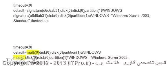 به ویندوز xp رفته,برید به فایل boot.ini 
برای مشاهده این فایل ابتدا:آیکن My Computer را دوبار کلیک کرده، به منوی Tools بروید و سپس گزینه Folder Options را انتخاب نمایید. پس از آن به برگه View بروید و عبارت Show Hidden Files and Folders را انتخاب نمایید. سپس دکمه OK را کلیک نمایید.همچنین این فایل به طور پیش فرض در حالت Read-Only قرار دارد که برای اعمال تغییرات روی آن میبایست از این حالت خارج شود. برای این کار روی فایل Boot.ini راست کلیک نموده، گزینه Properties را انتخاب نمایید. در پنجره باز شده گزینه Read-Only از حالت انتخاب خارج نموده دکمه OK را کلیک نمایید.و همچنین در قسمت view تیک hide protected oprating system files را بردارید.سپس در ادرس بار تایپ کنید : C:\boot.ini
در پنجره باز شده اگر با چنین مورد مشابهی مواجه شدید:

||http://www.tosinso.com/files/get/297d5f2d-af2b-4c8b-8dd7-b0aca8581089||

ابتدا ازش یک کپی یا backup تهیه کنید و سپس به جای (کد)signature عبارت (0)multi را وارد و فایل را save کنید و دوباره سعی به گرفتن VM کنید,اگر نشد :
|http://communities.vmware.com/thread/218684|
|http://terenceluk.blogspot.com/2011/12/vmware-vcenter-converter-fails-with.html|
|http://kb.vmware.com/selfservice/microsites/search.do?language=en_US&cmd=displayKC&externalId=1037507|
نتیجه یادتون نره!!!!
