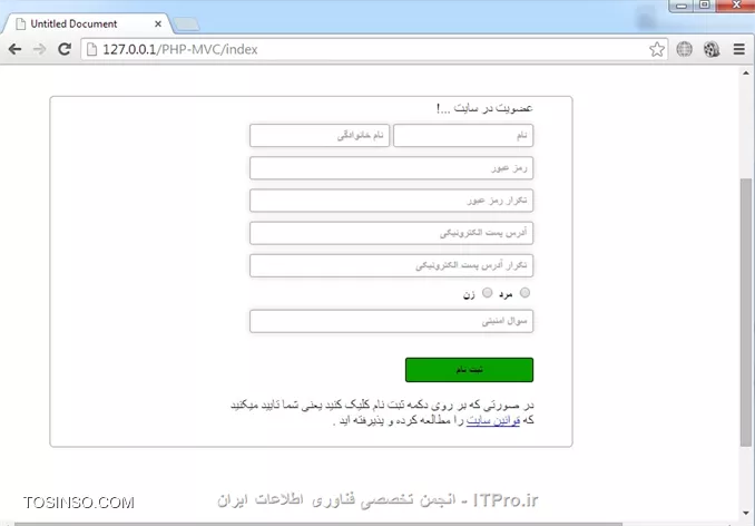 با سلام به تمامی دوستان *ITPro* ، توی این قسمت و قسمت بعدی میخوام درباره Jquery صحبت کنم که قولشو توی جلسات قبلی دادم ، میخوام یه صفحه ثبت نام با استفاده از کدهای CSS و JQuery درست کنم . در ابتدا یه توضیح کوتاه درباره JQuery میدم و بعدش میریم توی کد نویسی ، JQuery یه کتابخانه JavaScript هست که با استفاده از JQuery میشه راحت تر و سریع تر کدنویسی انجام داد توی جاوااسکریپت (شعار JQuery کد کمتری بنویسید کار بیشتری انجام بدید) واسه اینکه بتونیم از این کتابخانه استفاده کنیم یا باید این کتابخانه رو دانلود کنیم و یا باید با استفاده از لینک دسترسی داشته باشیم به این کتابخانه که در هر دو صورت باید این کارو با استفاده از تگ <Script> انجام بدیم و بعد از اینکه به این کتابخانه دسترسی داشتیم میتونیم از توابع این کتابخانه توی کدهامون استفاده کنیم . روش اول دانلود کتابخانه (به سایت |JQuery::http://jquery.com/download/| مراجعه کنید و آخرین نسخه رو دانلود کنید) که بعدش یه فولدر بنام JS میسازیم و این فایل توش قرار میدیم سپس توی هر صفحه ای که خواستیم از این کتابخانه استفاده کنیم با استفاده از تگ <script> اونو بارگزاری میکنیم . میخوام زمانی که یه یوزر وب سایت باز میکنه(قبل از اینکه با یوزر و پسورد خودش لاگین کنه به سایت) براش فرم ثبت نمایش داده بشه و اگه وارد سایت شد دیگه این فرم نمایش داده نشه، پس من این فرم توی Index.php (توی فولدر Index) میسازم .
تغییر در کد Index .php (توی فولدر Index) :
<htm>
                          .
                          .
                          .
<meta http-equiv=Content-Type content=text/html; charset=utf-8 />
<title>Untitled Document</title>
<script> type=text/javascript src=JS/JQuery.js></script>
</head>
                          .
                          .
                          .
<htm>
من تگ <script> اضافه کردم .اگه میخواستیم از روش دسترسی به لینک به توابع JQuery دسترسی داشته باشیم (یعنی دیگه JQuery دانلود نمیکنیم) باید تگ <script> بصورت زیر بنویسیم :
<js>
<script> type=text/javascript src=http://ajax.microsoft.com/ajax/jquery/jquery-1.4.2.min.js></script >
<js>
یا 
<js>
<script> type=text/javascript   src=http://ajax.googleapis.com/ajax/libs/jquery/1.4.2/jquery.min.js></script >
<js>
فرقی نمیکنه که دانلودش کنید یا اینکه از طریق لینک به توابعش دسترسی داشته باشید در هر صورت اگه خواستید دانلودش کنید حتماً آخرین نسخه رو دانلود کنید . 

خوب میریم سر قواعد دستوری در JQuery :
تمام کدهایی JQuery رو باید توی تکه کد زیر بنویسیم .
<js>
$(function()
{
       دستورات ...
});

<js>
قواعد دستوری در JQuery بصورت زیر هست :
<js>
$(selector).action();
<js>
که به جای selector نام تگی که میخوایم اعمالی روش انجام بدیم رو وارد میکنیم و بجای action هم نام کاری که میخوایم روی تگ انجام بدیم (مثلاً Show) .
<js>
$(#message).hide();
<js>
مثلاً کد بالا میاد تگی که id یش برابر message هست رو مخفی میکنه .
رویدادها در JQuery :
با استفاده از رویدادها میتونیم برنامه رو جوری بنویسیم تا زمانی که یه رویداد خاص (مثلاً کلیک کردن روی دکمه یا لینک) اتفاق افتاد یکسری کد اجرا بشه .
syntax بصورت زیر هست .
<php>
$(selector).event(function()
{ 
      دستورات ... 
});
<php>
که به جای Selector نام تگ و بجای event نام رویداد رو مینویسیم و سپس تمامی دستوراتز که میخوایم انجام بشه رو درون { }  مینویسیم . واسه کسب اطلاعات بیشتر میتونید به سایت |JQuery::www.jquery.com| برید . خوب شروع میکنیم به کد نویسی و تمام کدهایی که مینویسیم رو در ادامه توضیح میدم ولی در ابتدا باید textbox و button ایجاد کنیم و یه قالب بهش بدیم سپس از jquery استفاده میکنیم واسه عملکرد بهتر سایتمون . 

تغییر در کد Index .php (توی فولدر Index) :

<htm>
                        .
                        .
                        .
<body>
	
    <div id=Reg_News>
        <ul>
            <li class=right>
                <div id=Register>
                    <ul>
                        <li id=title>
                            عضویت در سایت ...!       	
                        </li>
                        <li>
                            <input type=text name=txt_Name id=txt_Name value=نام />&nbsp;
                            <input type=text name=txt_Family id=txt_Family value=نام خانوادگی />
                        </li>
                        <li>
                            <input type=text name=_txt_pass id=_txt_pass value=رمز عبور />
                        </li>
                        <li>
                        <input type=text name=_txt_pass2 id=_txt_pass2 value=تکرار رمز عبور />
                        </li>
                        <li>
                            <input type=text dir=rtl name=txt_Email id=txt_Email value=آدرس پست الکترونیکی />
                        </li>
                        <li>
                            <input type=text name=txt_Email2 id=txt_Email2 value=تکرار آدرس پست الکترونیکی />
                        </li>
                        <li>
                            
                            <input name=radio_Sex type=radio id=radio_Sex value=0 />
                            <label id=lbl_Male>مرد</label>
                                
                            <input class=radio_FeMale name=radio_Sex type=radio id=radio_Sex value=1  />
                            <label id=lbl_Female>زن</label>
                          
                        </li>
                        <li>
                            <input type=text name=txt_Question id=txt_Question value=سوال امنیتی />
                        </li>
                        <li>
                            <input type=submit name=btn_Reg id=btn_Reg value=ثبت نام />
                        </li>
                        <li>
                            <label>
                                <p>
                                    <div>
                                        در صورتی که بر روی دکمه ثبت نام کلیک کنید یعنی شما تایید میکنید
                                    </div>  
                                    <div>   
                                         که  <a href=#Rules>قوانین سایت</a> را مطالعه کرده و پذیرفته اید .
                                    </div>
                                </p>
                            </label>
                        </li>
                    </ul>
                </div>
            </li>
            
            <li class=left>
            	<div id=News>
                    <ul>
                    	<li>
                        	News1...........
                        </li>
                        <li>
                        	News2...........
                        </li>
                    </ul>
                </div>
            </li>
        </ul>
	</div>

</body>
</html>
<htm>

خروجی :
||https://tosinso.com//files/get/d638ffc3-142b-4136-b823-50656e6a57bb||
خوب الان میایم یه فایل بنام register.css توی فولدر CSS ایجاد میکنیم و بصورت زیر این فایل لود میکنیم توی فایل بالا و سپس کدهایی قالب فرم ثبت نام( یا عضویت ) توش مینویسیم .
<htm>
                     .
                     .
                     .
<title>Untitled Document</title>
<script> type=text/javascript src=JS/JQuery.js></script>
<link rel=stylesheet type=text/css href=CSS/Register.css/>
</head>

<body>
                     .
                     .
                     .
<htm>
فقط تگ <link> اضافه کردم .
کد register.css :
<css>
#Register
{
	padding: 5px;
	width: 600px;
	border: 1px solid darkgrey;
	direction: rtl;
	margin: 100px 0 0 10px;
	border-radius: 5px;
}
#News
{
	padding: 5px;
	width: 500px;
	border: 1px solid darkgrey;
	direction: rtl;
	margin: 100px 0 0 10px;
	border-radius: 5px;
}
<css>

خروجی :
||https://tosinso.com//files/get/cf70721d-8b37-4372-9ebd-154eb32efdef||
این خط کد رو به Register# اضافه میکنیم :
<css>
text-align:right;
<css>
نتیجه :
||https://tosinso.com//files/get/734cc14c-4138-4563-acb6-de1cc8a9b358||
خوب الان میایم یه id به تگ <li> (مربوط به فیلد نام و نام خانوادگی) اضافه میکنیم (این تغییر واسه اینه که میخوایم اندازه این فیلدها رو تغییر بدیم، در ادامه می بینید)
تغییر در کد Index .php (توی فولدر Index) :
<htm>
                        .
                        .
                        .
عضویت در سایت ...!
</li>
<li id=fn_ln>
	<input type=text name=txt_Name id=txt_Name value=نام class=borderstyle />&nbsp;
                        .
                        .
                        .
<htm>
فقط  id=fn_ln  اضافه کردم .
حالا دوباره کدهایی به register.css اضافه میکنیم .
<css>
#Register #fn_ln
{
	width: 500px;
}

#Register #_txt_pass, #Register #_txt_pass2, #Register #txt_Email, #Register #txt_Email2, #Register #txt_Question
{
	width: 330px;
}

#Register input, #Register #lbl_Male, #Register #lbl_Female
{
	font-family: Arial, Helvetica, sans-serif;
	font-size: 13px;
	font-weight: bold;
}
<css>
نتیجه :
||https://tosinso.com//files/get/ec4635c0-3d46-40cf-916c-77846545b038||
خوب میبینید که توی عکس textbox ها توی یه راستا نیستن پس یه خورده تنظیمشون میکنیم و یه سایه هم بهشون میدیم بهتر بشن .
ابتدا توی Index.php (توی فولدر Index) خط زیر رو به تگهای <input> (که textbox هستن) اضافه میکنیم .
<htm>
class=borderstyle
<htm>
کد Index.php (شبیه زیر):
<htm>
                        .
                        .
                        .
                        <li id=title>
                            عضویت در سایت ...!       	
                        </li>
                        <li id=fn_ln>
                            <input type=text name=txt_Name id=txt_Name value=نام class=borderstyle />
                            <input type=text name=txt_Family id=txt_Family 
                            										value=نام خانوادگی class=borderstyle />
                        </li>
                        <li>
                            <input type=text name=_txt_pass id=_txt_pass value=رمز عبور class=borderstyle />
                        </li>
                        <li>
                        	<input type=text name=_txt_pass2 id=_txt_pass2 
                            										value=تکرار رمز عبور  class=borderstyle />
                        </li>
                        <li>
                            <input type=text dir=rtl name=txt_Email id=txt_Email 
                            									value=آدرس پست الکترونیکی class=borderstyle />
                        </li>
                        <li>
                            <input type=text name=txt_Email2 id=txt_Email2 
                            								value=تکرار آدرس پست الکترونیکی class=borderstyle />
                        </li>
                        <li>
                            
                            <input name=radio_Sex type=radio id=radio_Sex value=0 />
                            <label id=lbl_Male>مرد</label>
                                
                            <input class=radio_FeMale name=radio_Sex type=radio id=radio_Sex value=1 />
                            <label id=lbl_Female>زن</label>
                          
                        </li>
                        <li>
                            <input type=text name=txt_Question id=txt_Question 
                            										value=سوال امنیتی class=borderstyle />
                        </li>
                        <li>
                            <input type=submit name=btn_Reg id=btn_Reg value=ثبت نام />
                        </li>
                        <li>
                            <label>
                                <p>
                                    <div>
                                        در صورتی که بر روی دکمه ثبت نام کلیک کنید یعنی شما تایید میکنید
                                    </div>  
                                    <div>   
                                         که  <a href=#Rules>قوانین سایت</a> را مطالعه کرده و پذیرفته اید .
                                    </div>
                                </p>
                            </label>
                        </li>
                    </ul>
                </div>
            </li>
            
            <li class=left>
                           .
                           .
                           .
<htm>
حالا تکه کد زیر به register.css اضافه میکنیم :
<css>
#Register .borderstyle
{
	border: 1px solid darkgrey;
	border-radius: 3px;
	text-indent: 7px;
	padding: 5px 0;
	width: 162px;
     color: darkgrey;
	
	box-shadow: 0 0 11px #d8d8d8;
	-moz-box-shadow: 0 0 11px #d8d8d8;
	-webkit-box-shadow: 0 0 11px #d8d8d8;
	-ms-box-shadow: 0 0 11px #d8d8d8;
	-o-box-shadow: 0 0 11px #d8d8d8;
}
<css>

نتیجه :
||https://tosinso.com//files/get/abd70185-a9ad-4caf-94e1-87138f2ff8bf||
خوب حالا میایم این دایره ها و نقطه های داخل کادر و بیرون کادر رو از بین میبریم (یا مخفی شون میکنیم) و یه استایل به دکمه ثبت نام میدیم .
<css>
#Register li, #Reg_News li
{
	list-style: none;
	padding: 0;
	margin: 0 0 7px 0;
}

#btn_Reg
{
	width: 150px;
	padding: 6px;
	border: 1px solid black;
	background-color: #08a000;
	border-radius: 3px;
	color: #000;
	margin-top: 20px;
	font-size: 14px;
}
<css>

نتیجه :
||https://tosinso.com//files/get/2998a6c2-58d8-481f-9da9-27faefca0e8f||
حالا میایم یه خورده استایل دو خط متنی که زیر دکمه ثبت نام قرار داره رو تغییر میدیم :
<css>
#Register label
{
	width: 200px;
	color: #333;
	font-size: 13px;
	font-weight: bold;
	font-family: Arial, Helvetica, sans-serif;
}

#Register label a
{
	margin: 0 5px;
	color: red;
	text-decoration: none;
	text-shadow: 0 2px 3px red;
}
<css>

نتیجه :
||https://tosinso.com//files/get/ef4f9697-3f10-48f7-b094-e3b33c64b508||
و یه خورده هم متن عضویت در سایت ...! تغییر میدیم و یه فاصله بین radio button مرد و زن می ندازیم :
<css>
.radio_FeMale
{
	margin: 0 40px 0 0;
}

#title
{
	font-size: 25px;
	margin-bottom: 20px;
	margin-right: 10px;
	font-family: Times New Roman, Times, serif;
	font-weight: bold;
	color: #006396;
	text-shadow: 0.9px 0.9px 12px #006396;
}
<css>

نتیجه :
||https://tosinso.com//files/get/0d04ecd1-1235-48c3-a43a-478fbbfdd3c6||
یه کار دیگه مونده ، قسمت خبرها رو هم میزاریم کنار فرم ثبت نام . کدهای زیر اضافه میکنیم .
<css>
#Reg_News
{
	margin: 0 auto;
	width: 1200px;
}

#Reg_News li.right
{
	float: right;
}

#Reg_News li.left
{
	float: left;
}
<css>
توی کد بالا نکته ای که وجود داره اینه که، حتماً باید li به left.  و  right.  بچسبه (یعنی نباید فاصله ای بین این دو وجود داشته باشه وگرنه نتیجه ای که میخوایم به دست نمی یاد)

نتیجه :
||https://tosinso.com//files/get/9b459bb1-e603-46bf-864c-d58ad2e45b16||
یه استایل هم به Footer میدیم . باید یه Footer.css توی فولدر CSS بسازیم و لودش کنیم توی Footer.php .
کد Footer.php :
<htm>
                        .
                        .
                        .
<head>
<meta http-equiv=Content-Type content=text/html; charset=utf-8 />

<link rel=stylesheet type=text/css href=CSS/Footer.css/>

<title>Untitled Document</title>
                        .
                        .
                        .
<htm>
کد Footer.css :
<css>
#Footer
{
	margin: 0 auto;
	background-color: #6260b6;
	height: 300px;
	text-align: center;
}
<css>

نتیجه :
||https://tosinso.com//files/get/79aef1d0-6ee2-49bf-b04b-8affbd5097d9||
خوب باید ارتفاع Reg_News# مقداردهی کنیم تا سایتمون درست نمایش داده بشه ، کد زیر رو به قسمت Reg_News# (توی کد register.css) اضافه میکنیم .
<css>
height: 600px;
<css>
خوب الان یه بار دیگه نتیجه رو میبینیم :
||https://tosinso.com//files/get/79851cb5-4e6e-4169-b64f-9394e34cd6bb||
خوب الان خوب شد حالا یه خورده عرض فرم ثبت نام و خبر رو کوچیک میکنیم و متن Footer از بالا فاصله میدیم (تقریباً میاریمش پایین صفحه)  .
کد زیر به Footer.css اضافه میکنیم :
<css>
#Footer div
{
	padding-top: 250px;
	font:Arial, Helvetica, sans-serif;
	font-weight:bold;
	font-size: 15px;
}
<css>
حالا عرض قسمت Register# تغییر میدیم .
<css>
width:530px;
<css>
عرض قسمت News# هم تغییر میدیم .
<css>
width:450px;
<css>

یه خروجی از نتیجه کارمون میگیریم :
||https://tosinso.com//files/get/af89fb9d-6d1c-408d-a505-202d69eeea95||
تا الان فرم ثبت نام درست کردیم حالا میخوایم چندتا کار باحال انجام بدیم:
1) زمانی که فوکوس می کنیم روی یه textbox ، متن داخل اون پاک بشه و اگه هیچ کاراکتری توی textbox ننوشتیم و فوکوس از روش برداشتیم کادر دور textbox قرمز بشه .2) اگه کاراکترهای یکی از دو textbox ی که مربوط به رمزعبور هست باهم برابر نبود بازم کادر دور اینا قرمز بشه.3) اگه ایمیل معتبر وارد نکنیم کادر دور قرمز بشه .4) ......یکی یکی این کارا رو توی قسمت بعدی باهم انجام میدیم . امیدوارم از این آموزش هم استفاده لازم برده باشید . 

نویسنده : مهدی رزمجویی
منبع : |جزیره طراحی و توسعه وب وب سایت توسینسو::https://tosinso.com/web|
هرگونه نشر و کپی برداری بدون ذکر منبع و نام نویسنده دارای اشکال اخلاقی می باشد