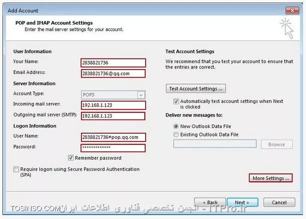 سلام دوست عزیز
شما می بایست همانند تصویر زیر، آدرس CCProxy را در تنظیمات زیر وارد نمائید:
<left>
 Incoming mail server: CCProxy IP address
Outgoing mail server (SMTP): CCProxy IP address
<left>
 ||http://network.tosinso.com/files/get/299cc0df-c5fb-4f46-874e-c89709354987||
دقت کنید که در قسمت User Name بهتر است طبق الگوی زیر عمل کنید  Your Name + # + Outgoing Mail Address
سپس با کلیک کردن بر روی گزینه More Setting همانند تصویر زیر در تب Outgoing server مجدداً تنظمیات مربوط به SMTP را انجام دهید:
||http://network.tosinso.com/files/get/cc71a88b-b8d0-4be3-9ef3-ed029b4f48d7||
بعد از OK نمودن پنجره بالا، طبق تصویر زیر بر روی Test Account Settings جهت انجان تست کلیک کنید:
||http://network.tosinso.com/files/get/f039a169-60f2-476e-86c1-7c06c61639c9||