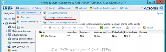 --
وقتی که Acronis backup advanced را در نصب کرده ایم قدم بعدی تعین جائی برای ذخیره سازی Backup های گرفته شده می باشد. ABA برای ذخیره سازی اطلاعات خود از Vaults استفاده می کند. Vaults یک مکان مرکزی و متمرکز برای ذخیره سازی Backup های گرفته شده تعریف می کند.Vaults برای ذخیره اطلاعات از دو روش استفاده میکند:
•	Managed
•	Unmanaged
تفاوت این دو را می توانید در جدول زیر مشاهده کنید:
||http://tosinso.com/files/get/f7bd07f7-ea4b-43a1-ae96-13c28ea63b28||
||http://tosinso.com/files/get/a38e7ad7-2d05-410b-b519-58a892740cf9||
واضحه ولی بعضی از پارامترها را توضیح میدم  
•	Deduplication این فابلیت فقط در روش Managed قابل پیاده سازی می باشد و کار آن کاهش فضای ذخیره سازی Storage می باشد و اینکار را با حذف فایلی های هم سایز وهمشکل در یک Storage node انجام می دهد.توضیح مکانیزم Deduplication باعث طولانی شدن این مقاله می شود. 
برای اطلاع بیشتر فایل زیر را بخوانید:
<c#>
http://www.acronis.com/download/docs/abr10d/datasheet/
<c#>
•	قابلیت رمزگذاری کردن Vaults : این قابلیت باعث رمزگذاری شدن اطلاعات ذخیره شده در این Vaults می شود. در زمان خواندن اطلاعات از این Vault اطلاعات رمزگشائی می شود. 
•	Backup Storage node: استفاده از این سرویس، فقط در روش Managed قابل اجراس.
•	Data Catalog را هم در بخش Backup storage توضیح می دهم.
•	Cloud Storage: با این متد میتوانید اطلاعات خود را در سرورهای Acronis ذخیره کنید.
نکته : در روش  Managed فقط میتوانیم  Storage node را ایجاد کنیم.
ما دو نوع Vaults در ABA داریم:
•	Centralized Vaults 
•	Personal vaults
Centralized vault : یک Storage خاص که بر روی Network قرار دارد مشخص می کند. و بصورت پیش فرض تمام Backup plan ها و غیره در این Vaults قرار دارند. روش Managed فقط در این Vaults قابل پیاده سازی میباشد.
Personal Vaults : زمانی می توانید از این Vault استفاده کنید که به صورت مستقیم به Managed Machine وصل شوید و از ریسورسهای آن مانند Disk Drive- removable Storage  و غیره استفاده کنید.
نکته : به Client/Serverی که بر روی آن Agent نصب شده است Managed Machine گفته می شود.
*Vault path: * به پارامتری گفته میشود که محل ذخیره سازی در روش Unmanaged را و Managed را مشخص می کند.
Vault path های Managed :
||http://tosinso.com/files/get/c9a8b48e-5f2c-4435-bb94-41a1c5060063||
 Vault path های Unmanaged :
||http://tosinso.com/files/get/0ac23163-6c27-4ab8-9303-caa87340bf73||
روش ایجاد یک Vault در Centralized vault :
به Management server وصل می شویم و قسمت Vault را کلیک می کنیم:
||http://tosinso.com/files/get/099eab0e-61f4-433f-afa8-6d094ca4c9f9||
||http://tosinso.com/files/get/d96a1aa9-a0aa-44cd-8c33-f537a73bfb32||
یکی از روش های Manage and unmanaged را انتخاب و Path را کلیک کنید.
||http://tosinso.com/files/get/cf11cb0a-8b1e-40b6-91df-3bef2fc10300||

یکی از Storageهای مورد نظر را انتخاب و Ok کنید.
NFS Folder  یکی از پروتکلهای به اشتراک گذاشتن پوشه در محیطهای Linux می باشد. میتوانید این سرویس را به راحتی در Windows server 2012 R2 پیاده سازی کنید.
SFTP Server مخفف Secure File Transfer Protocol می باشد که بوسیله پروتکل SHH
یک FTP سرور نسبتا امنی برای کاربران ایجاد میکند. 
از این دو پارامتر میتوانید در ایجاد یک Vault استفاه کنید.
||http://tosinso.com/files/get/e2582e24-f30e-40f9-b174-b8bc32b442d5||
روش ایجاد Vault در Personal Vault :
برای اینکار با Management Console به یکی از Managed machine وصل شوید:
||http://tosinso.com/files/get/2a7dee5f-ea65-4732-9540-15bab8219c0a||
||http://tosinso.com/files/get/91fb85ec-a95e-46f5-b116-64ed7c71a616||
و گذینه Create را کلیک کنید:
||http://tosinso.com/files/get/63290095-21b6-4b58-871b-04e2ece1e110||
میشه اینطوری نتیجه گرفت که استفاده از Removable Storage and local Disk فقط در Personal Vault امکان پذیر می باشد.
بقیه پارامترها و مانند اضافه کردن Vault حذف Vault و غیره کار راحتیه و نیازی توضیح خاصی نداره.

در فایل آموزش بعدی Backup Storage Node را آموش می دهم.

موفق و پیروز باشید 

نویسنده: احمد جهلولی 
منبع: |جزیره راهکارهای ذخیره سازی اطلاعات وب سایت توسینسو ::https://tosinso.com/virtualization|
نشر و کپی برداری، صرفاً با ذکر نام نویسنده و منبع مجاز می باشد. 