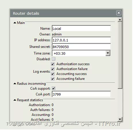 سلام
من هات اسپات رو روی میکروتیک راه اندازی کردم و user manager هم نصب کردم ولی کاربری که در خود میکروتیک درست میکنم میتونه وصل بشه ولی کاربری که در user manager ایجاد میکنم نمیتونه و خطای زیر رو میده
RADIUS server is not responding

کلیه تنظیمات درست انجام شده
تنطیمات radius میکروتیک
||http://tosinso.com/files/get/7808b1c7-b910-4e6b-82ea-a7bcd820e207||

تنظیمات  در user manager
||http://tosinso.com/files/get/2a9c102f-7e82-4ef5-b1cd-6ea8b07bd8a5||

اتصال هات اسپات به radius
||http://tosinso.com/files/get/75706c0c-f814-4209-9f91-334fe59b824d||

با تشکر