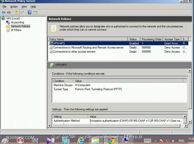 امتحان کردم نشد
گزینه  control access through NPS Network Policy رو
منطقا باید درست کار کنه 
قبل ازنصب سرویس NPS با VPN به راحتی ارتباط برقرار کرد 

||http://network.tosinso.com/files/get/f2a7354c-91ce-482d-ae2d-daa66f038264||
||http://network.tosinso.com/files/get/c9c70c0b-8542-426e-a2d1-12875fa638ed||
||http://network.tosinso.com/files/get/2b5002bb-9f32-4c65-b59b-f4b40b668035||
||http://network.tosinso.com/files/get/00d1c025-bbf7-4c27-bf12-f848abe79efe||
||http://network.tosinso.com/files/get/68bfce58-a66e-4c2e-b44b-ac7240652dc6||
||http://network.tosinso.com/files/get/a6e5c20e-2bf5-4d34-aac8-2e02e6dcc66e||

توی تب Condition با L2TP هم تست کردم ولی بازم همون خطا رو می گیره