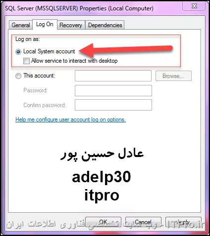 با سلام
دوست عزیز اگه بعد از انجام مراحل بالا مشکلتون همچنان برقرار بود و یا اینکه در حال حاضر نام کاربری شما عضو گروه ادمین هست
با انجام تنظیم اکانت sql server به اکنت های محلی سیستم مشکلتون حل خواهد شد :
از بخش services.msc :
<center>
تصویر 1 :
||https://dba.tosinso.com/files/get/475fe732-7ac7-45b1-85e0-8f8fe058b549||
<center>
<center>
تصویر 2 :
||https://dba.tosinso.com/files/get/2c4ad47d-0089-464d-8fb4-5eb1d2aa91d2||
<center>
