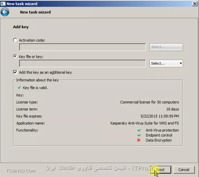 با سلام خدمت اساتید محترم و دوستان عزیز،در مطلب گذشته در مورد |طریقه نصب کنسول مدیریتی کسپرسکی::https://tosinso.com/articles/42652/%d8%a2%d9%85%d9%88%d8%b2%d8%b4-%d8%aa%d8%b5%d9%88%db%8c%d8%b1%db%8c-%d9%86%d8%b5%d8%a8-%da%a9%d9%86%d8%b3%d9%88%d9%84-%d9%85%d8%af%db%8c%d8%b1%db%8c%d8%aa%db%8c-%da%a9%d8%b3%d9%be%d8%b1%d8%b3%da%a9%db%8c-(Kaspersky)| آموزشش رو خدمتتون دادم و امروز میخوایم باهم روش های اضافه کردن لایسنس جدید رو به این کنسول مرور کنیم.در مطلب قبلی دوستان پرسیده بودند که این کنسول مدیریت به چه دردی میخوره که اگر با این مطالب همراه باشند در طول آموزش متوجه کارامدی این کنسول میشند ولی به طور اختصار خدمتتون ، عرض کنم که شما از طریق این کنسول و با ایجاد Task های مختلف میتونید از راه دور روی تمامی کلاینتاتون آنتی ویروس نصب کنید،اگر آلوده شدند متوجه بشید که کدوم دستگاه آلوده شده،پالیسی هایی نظیر بستن USBها اعمال کنید و... که در طول روزهای آتی به اونها میپردازیم. خوب میریم سراغ این آموزش:

*روش اول*

بعد از اجرای کنسول مدیریتی برای اضافه کردن لایسنس به قسمت Repositories رفته و به قسمت Keys بروید

||http://tosinso.com/files/get/aafc0a32-7597-4388-9bb8-a43f797f62fa||

در این مرحله شما برای اضافه کردن لایسنس در کنسول از 2 راه میتونید اقدام کنید که برای تنوع اول، راه دوم رو میریم.

خب در این قسمت Add Key رو انتخاب کنید

||http://tosinso.com/files/get/9be9c72b-370a-4cad-aed9-e56154ad914d||

سپس گزینه ی Load from key file رو انتخاب کنید

||http://tosinso.com/files/get/ef1ef067-26f6-4ef5-9531-04979fdffcc1||

در این قسمت باید لایسنس رو معرفی کنید،پس Select رو انتخاب کنید

||http://tosinso.com/files/get/0850993a-8fc6-4ae7-beb0-7cd8c584577f||

در صفحه ای که باز میشه مسیر لایسنس رو پیدا کنید و یکی از لایسنس هاتون رو انتخاب کنید

*توجه*
در پوشه ی لایسنس شما 2 عدد لایسنس باید داشته باشید که یکی مخصوص فعال کردن امکانات کنسول و دیگری مخصوص کلاینتها و سرور هاست.

معمولا لایسنس اول مربوط به کنسول و لایسنس دوم مخصوص کلاینتها و سرورها میشه.

||http://tosinso.com/files/get/02b9f223-5522-4404-8952-45b58e3a16d3||

بعد از اینکه لایسنس رو انتخاب کردین،مطمئن بشید که گزینه ی Automatically deploy key to managed computers رو فعال کرده باشین و بعد Next رو انتخاب کنید

||http://tosinso.com/files/get/69f3ad10-4994-4c49-bea7-d75d16c07357||

دیگه کار تمومه و Finish رو انتخاب کنید

||http://tosinso.com/files/get/517d44af-dd28-425a-aff3-48c5a0594162||


*روش دوم*

خب قرار شد که دوم،روش اول رو بگیم

مثل روش اول بعد از اجرا کردن کنسول به قسمت Repositories برید و به قسمت Keys برید و Add key رو انتخاب کنید

||http://tosinso.com/files/get/83224c8b-39c4-48b3-97f3-df7b66027e23||

در این صفحه گزینه ی Enter activation code رو انتخاب کنید

||http://tosinso.com/files/get/321795ea-feb5-4a06-92ac-9fdafd9bb3ce||

تو این قسمت باید کد لایسنس رو بدست بیارید،پس به فولدر لایسنستون برید و فایل Activation code رو که به صورت txt هست رو اجرا کنید

||http://tosinso.com/files/get/008ee9e3-3fa8-4a0d-ac82-647a845cf700||

تو صفحه ای که باز میشه کد لایسنس رو کپی کنید

||http://tosinso.com/files/get/f5062a42-ec91-43ea-a5a0-dd1ad28e55e5||

حالا کد کپی شده رو تو این قسمت paste کنید و از فعال بودن Automatically deploy... هم مطمئن باشید و Next رو انتخاب کنید

||http://tosinso.com/files/get/541d74fc-9d9e-4669-8068-b274c8945cde||

تو این قسمت باید سرورتون به اینترنت وصل باشه تا فایل لایسنس دریافت بشه .بعد از اینکه این مرحله تموم شد Next رو انتخاب کنید

||http://tosinso.com/files/get/eb5c472c-df48-4700-8c5e-bbea83ab0159||

خوب این روش هم به اتمام رسید و Finish رو انتخاب کنید

||http://tosinso.com/files/get/517d44af-dd28-425a-aff3-48c5a0594162||


*روش سوم*


خب امیدوارم که خسته نشده باشید

این روش یکم پیشرفته تر از 2 روش قبلی هست که با هم میریم جلو و بررسیش میکنیم

خب در مرحله ی اول به قسمت Managed computers برید و از سمت راست Tasks رو انتخاب کنید و روی Create a task کلیک کنید

||http://tosinso.com/files/get/ee34c446-f78e-4211-b187-d39b2ff02669||

تو این قسمت اسم Task لایسنس رو تعیین کنید و Next رو بزنید

||http://tosinso.com/files/get/a5e3fbd5-8a48-447c-bdf6-358dcfc64b74||

در اینجا ورژن آنتی ویروس مورد نظرتون رو انتخاب کنید و گزینه ی Add key رو انتخاب کنید و Next رو بزنید

||http://tosinso.com/files/get/3df52119-00c3-4f09-a4f2-671746256904||

تو این مرحله باز هم میتونید از 2 حالت برای معرفی لایسنس استفاده کنید که Activation code و Key file هستند که در صورتی که فایل لایسنس رو روی سیستم دارید(قبلا add کردیم باهم دیگه)

حالت دوم رو انتخاب میکنیم و Select رو انتخاب میکنیم

||http://tosinso.com/files/get/eba27bb5-4721-464b-8687-bb552bff0610||

در اینجا هم 2 حالت میتونید استفاده کنید.یا فایل رو از یه محل بخصوص معرفی کنید یا فایل لایسنس رو اگه قبلا تو کنسول وارد کردین و الان میخوایم Task اون رو بسازیم انتخاب میکنیم

||http://tosinso.com/files/get/d087774c-b77b-492c-8475-fe8cb60f655a||

اگه گزینه ی Key from kaspersky security center رو انتخاب کرده باشید این صفحه براتون نشون داده میشه که با انتخاب اون و OK کردن،لایسنس به Task اعمال میشه

||http://tosinso.com/files/get/33356a25-f23d-4ec8-a358-bb1865ce5cde||

اگر هم که Key file from folder رو انتخاب کرده باشید باید لایسنس رو از آدرس مربوطه انتخاب کنید

||http://tosinso.com/files/get/a909108a-0b8d-4e1d-83a7-6687cdf5c006||

حالا الان میبینید که لایسنس وارد شده و اضافه شده به Task و شما عزیزان کافیه که Next رو بزنید

||http://tosinso.com/files/get/2cb01fc2-ff8a-432d-b54d-9c01d3dac5ea||

تو این قسمت باید زمان اجرا شدن Task رو تعیین کنید و تنظیمات رو ترجیحا به همین شکل انجام بدبد و Next رو انتخاب کنید

||http://tosinso.com/files/get/a0c3f38f-50bb-4d05-a9c7-44d3e6fdc067||

دیگه این روش هم به اتمام رسیده و اگه گزینه ی Run task after wizard complete رو بزنید،Task شروع به کار میکنه

||http://tosinso.com/files/get/b9028f83-2e3b-4dc7-9c2e-68b89efe43de||

*روش چهارم*

این روش برای اضافه کردن اون لایسنسی هست که گفتم مخصوص کنسول مدیریتی هست

تو صفحه اصلی روی Administration Server رایت کلیک کنید و Properties بگیرید

||http://tosinso.com/files/get/4fdec48b-cacc-4188-9eb6-c4b0888229cf||

به قسمت Keys برید و از سمت راست Modify رو انتخاب کنید

||http://tosinso.com/files/get/0ee15f7c-6eec-4381-8047-12526c03c96a||

اگه قبلا لایسنس رو تو قسمت Repositories کنسول وارد کرده باشیم میتونیم تو این قسمت اونو انتخاب کنیم در صورتی که غیر از این بود Add رو بزنید

||http://tosinso.com/files/get/49f49a39-fa96-4101-8375-216f1b6a9e54||

این قسمت رو هم که 3 بار با هم مرور کردیم،پس گزینه ی Load from key file رو انتخاب کنید

||http://tosinso.com/files/get/2ca6a6f5-2238-4989-9c4a-1433f5cef5a0||

سپس Select رو انتخاب کنید

||http://tosinso.com/files/get/80912524-f803-4171-988a-1484e8f1d23e||

لایسنس مورد نظرتون رو انتخاب کنید

||http://tosinso.com/files/get/7790c174-7557-4b4b-b7e1-8a2cac163322||

حالا Next رو انتخاب کنید

||http://tosinso.com/files/get/7aef1844-be8f-4402-a687-8776712eee3c||

خب لایسنس شما با موفقیت add شده و میتونید finish رو بزنید

||http://tosinso.com/files/get/6b33c823-cead-4b27-8f44-600f7a29989a||

حالا الان میبینید که تو قسمت Keys لایسنس شما نشون داده میشه و کافیه که OK کنید

||http://tosinso.com/files/get/c66e6050-e221-4d65-8aaa-35e81954f2dc||

در آخر هم ازتون خواسته میشه که برای اعمال تغییرات یک بار کنسول رو ببندید و باز کنید

||http://tosinso.com/files/get/5d8aa72c-f203-45b1-bb74-c8b5d32caf19||

خوب دوستان عزیز 4 روش اضافه کردن لایسنس رو به کنسول مدیریت با هم مرور کردیم که امیدوارم مفید واقع شده باشه براتون و خسته نشده باشید

انشالله به زودی آموزش های دیگه ای از قابلیت های این کنسول رو براتون آماده میکنم.

نویسنده : مهدی عسکری
منبع : |جزیره امنیت اطلاعات و ارتباطات وب سایت توسینسو::https://tosinso.com/security|
هرگونه نشر و کپی برداری بدون ذکر منبع و نام نویسنده دارای اشکال اخلاقی است