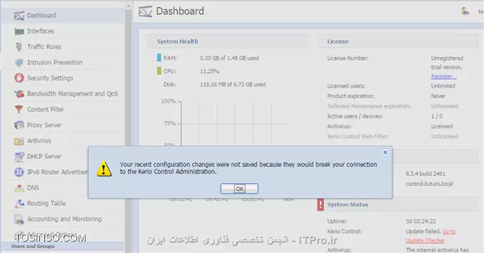 ||http://tosinso.com/files/get/2d860ac0-0a08-484f-8def-5671c679a7f5||
سلام و خسته نباشید ، این ارور موقع تعریف اینترفیس ظاهر میشه : 
<c#>
your recent configuration changes were not saved because they would break
your connection to Kerio Control Administration
<c#>
مشکل کجاست؟