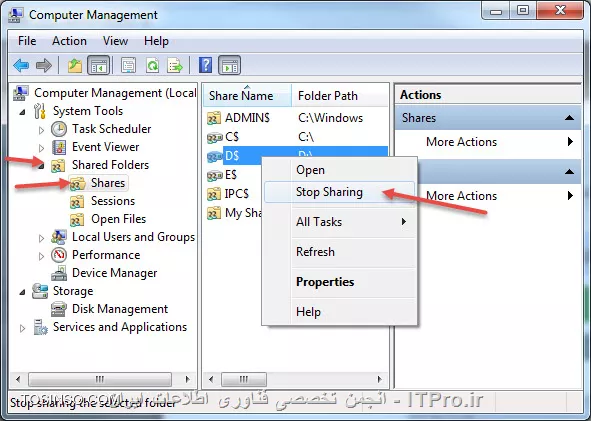 دستور compmgmt.msc رو در RUN وارد کنید سپس با پنجره زیر روبرو میشوید
||http://network.tosinso.com/files/get/be0e919b-9a03-4dd9-b770-07dd6d528fc5||
سپس بر روی shared folders رفته و سمت راست روی درایوری که میخواهید دیگر Share نباشد راست کلیک کنید و گزینه stop sharing را بزنید
||http://network.tosinso.com/files/get/2e3075ac-9d76-4b1b-855a-5c73ca19d6dc||