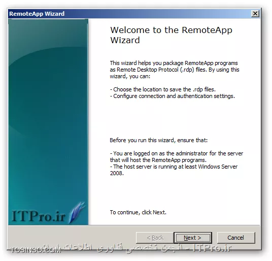 با یکی دیگر از قسمتهای مقالات از سری مقالات آموزش راه اندازی Remote Desktop Services در خدمت شما هستیم. همانطور که در قسمتهای قبل گفته شد راههای مختلفی برای ارائه سرویس Remote Desktop وجود دارد در قسمت قبل گفته شد که چگونه برای یک کاربر تعیین کنیم که هر وقت به سرور Remote زد ، بصورت خودکارتصویر یک نرم افزار خاص در صفحه نمایشگر او نمایان شود تا بتواند از آن استفاده کند .

همانطور که گفته شده بود یکی از بزرگترین محدودیتهایی که این روش دارد که باعث میشود کمتر از آن استفاده شود این است که کاربران در این روش نمیتوانند از چند نرم افزار استفاده کنند و تنها محدود به یک نرم افزاری هستند که مدیر سیستم برای آنان تعیین کرده همچنین به طور همزمان با نام کاربری و رمز عبور خود تنها مجاز به استفاده از یک نرم افزار و برقراری یک Session هستند و نمیتوانند بصورت همزمان از چند نرم افزار استفاده کنند ، اکنون روشی دیگر از روشهای ارائه ی این سرویس را بررسی میکنیم که دیگر این محدودیت را نخواهید داشت و آن هم استفاده از کنسول RemoteApp Manager است این کنسول پس از نصب کرد رول Remote Desktop Session Host در مسیر زیر قابل دسترس است :
<ltr>
Start => Administrative Tools => Remote Desktop Services
<ltr>
همچنین با تایپ عبارت remoteprograms.msc در Run میتوانید آن را اجرا کنید پس از اجرا پنجره این به شکل زیر مشاهده میکنید ...
||http://tosinso.com/files/get/40f01d21-394c-4db2-907b-795c838cea2a||
همانطور که مشاهده میکنید در این پنجره در قسمت Overview یک وضعیت کلی از این سرویس نمایش داده شده و در پایین ، در قسمت RemoteApp Programs میتوانید لیست نرم افزارهای Publish شده را مشاهده و آنها را ویرایش کنید شما با استفاده از امکاناتی که در این کنسول هست میتوانید نرم افزارهای خود را Publish کرده و از هر کدام از نرم افزارها یک فایل درست کرده که کاربران به بوسیله آن میتوانند به سرور وصل شده و از نرم افزار مربوطه استفاده کنند ، فایلهایی که با استفاده از روش فوق میتوانید ایجاد کنید با دو پسوند RDP و MSI هستند و هر کدام خواصیتهای خود را دارد که در ادامه راجع به هر دو آنها و روش ایجادشان صحبت میکنیم . قدم اول در پابلیش نرم افزارها این است که آن را در لیست RemoteApp Programs اضافه کنید برای اینکار در سمت راست تصویر Add RemoteApp Programs را پیدا کرده و کلیک کنید تا پنجره ای به شکل زیر مشاهده کنید
||http://tosinso.com/files/get/afba1c86-63ac-40ba-8cca-69fe03d0e168||
پنجره اول که طبق معمول خوش آمدگویی و یک سری توضیحات دیگر هست ،Next  میکنیم
||آموزش Remote Desktop Services در Windows Server 2008 R2::http://tosinso.com/files/get/976bb9bb-569f-4dc0-9626-0641c4b0db06||
در این مرحله نرم افزارهایی که تصمیم دارید Publish کرده و در اختیار کاربرانتان قرار دهید را انتخاب کنید در صورت نصب نرم افزار جدید ، آن را میتوانید در این لیست مشاهده کنید ، در صورت عدم مشاهده آن میتوانید با زدن دکمه Browse آدرس نرم افزار را داده تا در لیست اضافه و قابل استفاده گردد. پس از انتخاب نرم افزارها Next کنید ...
||http://tosinso.com/files/get/ca798346-4568-4e0a-b440-4748654b6b36||
و در نهایت Finish را میزنیم همانطور که در تصویر زیر مشاهده میکنید نرم افزارهایی که انتخاب کردیم در قسمت RemoteApp Programs  قابل مشاهده ، ویرایش و یا حذف هستند و با حذف هر کدام از آنها کاربران دیگر قادر به استفاده از نرم افزار نخواهند بود.
||http://tosinso.com/files/get/a0001ac0-7c9c-464f-8bfc-35e50d5fb7b6||
تا اینجا نرم افزارهای ما برای استفاده آماده هستند ولی حال باید برای کلاینتها یک فایل درست کنیم که بوسیله آن بتوانند به سرور متصل شده و از نرم افزار استفاده کنند.  این فایلها شامل فایلهای rdp و msi میباشند.

!! فایلهای RDP 
این فایلها توسط مدیر و با استفاده از کنسول RemoteApp Manager ساخته شده و جهت استفاده بایستی در اختیار کلاینتها قرار گیرد هر کدام از این فایلها به یک نرم افزار میتوانند اشاره کنند این فایلها را به هر طریقی میتوانید در اختیار کاربران قرار دهید که این بستگی به سلیقه و محیط کاری شما دارد مثلا از طریق یک پوشه به اشتراک گذاری شده در شبکه فایلهای RDP را در اختیار کاربران قرار دهید کاربران بعد از اجرای این فایل بایستی نام کاربری و رمز عبور خود را وارد کنند تا عملیات احراز هویت انجام شود و بعد از آن به نرم افزار مورد نظر هدایت میشوید برای ساختن آن در قسمت RemoteApp Programs روی نرم افزار مورد نظرتان راست کلیک کرده و از منوی باز شده گزینه Create .rdp File را انتخاب کنید تا پنجره زیر را مشاهده کنید
||http://tosinso.com/files/get/2e3a0cf2-9248-4c5f-b2ce-183f4f284519||
پنجره اول که طبق معمول خوش آمدگویی و یک سری توضیحات دیگر هست ،Next  میکنیم
||http://tosinso.com/files/get/a98d8432-9943-4874-9a01-fc4a45348517||
در این مرحله در قسمت بالا یعنی جایی که نوشته شده Enter the location to save packages: آدرسی که فایل خروجی در آن قرار گیرد را از شما میخواهد. در قسمت پایینتر یعنی RD Session Host server settings با زدن دکمه Change میتوانید نام سرور و همچنین پورت مورد نظر برای Remote Desktop را جهت ارتباط کلاینت با سرور مشخص کنید ، بطور پیشفرض پورت استفاده از Remote Desktop برابر 3389  میباشد اما ممکن است برای بالابردن امنیت شماره آن تغییر داده شده باشد که بدینصورت میتوانید شماره جدید پورت را جهت ارتباط کلاینت با سرور وارد کرده و یکسان سازی کنید تا کلاینتها هم بوسیله پورت جدید و حقیقی بتوانند با سرور ارتباط برقرار کنند ، و در نهایت در قسمت Certificate settings هم در صورت نیاز میتوانید از الگوریتم رمز نگاری برای برای ارتباط کلاینتها با سرور استفاده کنید این خود میتواند مقاله ای جداگانه باشد و با توضیح آن از مبحث اصلی دور میشویم پس آن را به حالت پیشفرض رها میکنیم. Next زده و به مرحله بعد میرویم ...
||http://tosinso.com/files/get/4297cd03-dc58-4f8b-8bf0-918770e276ce||
و در نهایت Finish را میزنیم. پس از آن یک فایل RDP ساخته شده که کلاینتها با اجرای آن به سرور وصل شده و تصویر نرم افزار مربوطه را مشاهده کرده و از آن استفاده میکنند. کلاینتها وقتی یک فایل RDP را اجرا میکنند با پنجره ای به شکل زیر روبرو میشوند :
||http://tosinso.com/files/get/9ca3e86e-50f2-4705-bd81-e653e263fee8||
همانطور که مشاهده میکنید در این پنجره یک سری اطلاعات در مورد نرم افزار Publish شده در اختیار کاربر قرار میگیرد همچنین کاربر میتواند با کلیک بر روی Details این صفحه را گسترش دهد ، در این پنجره کاربر میتواند مشخص کند که چه منابعی از کامپیوتر خودش را پس از Remote زدن به سرور میتواند مشاهده کند مثلا با انتخاب Drives میتواند درایوهای کامپیوتر خود را پس از ریموت زدن در سرور مشاهده کند.
شما میتوانید کاربران را در استفاده از منابع کامپیوتر خود در سرور محدود کنید ، برای این کار در کنسول RemoteApp Manager در سمت راست تصویر روی گزینه RD Session Host Server Settings کلیک کرده و در پنجره باز شده وارد تب Common RDP Settings شوید در این سربرگ در قسمت Devices and resources میتوانید تعیین کنید که کلاینتها پس از اجرای فایل RDP خود ، چه منابعی از کامپیوتر خود را پس از ریموت زدن به سرور جهت مشاهده بتوانند انتخاب کنند.
||http://tosinso.com/files/get/6e2a92dc-b8cf-4940-af00-09b9be7d22ea||
به عنوان مثال ما در تصویر بالا Disk drives را غیر فعال کرده ایم ، این باعث خواهد شد که کلاینتها در زمان ریموت زدن در قسمت انتخاب منابع نتوانند چک باکس Drives را مشاهده و انتخاب نمایند در نتیجه به اجبار درایوهای خود را پس از ریموت زدن نمیتوانند مشاهده کنند.
نکته : پس از اینکه تغییراتی که در بالا گفته شد را در تنظیمات RemoteApp Manager در سرور انجام دادید ، در فایلهایی RDP و MSI که از آن لحظه به بعد ساخته میشوند این تغییرات قابل مشاهده است و کاربرانی که از قبل ، فایلهای RDP و یا MSI را در اختیار داشته اند این تغییر در تنظیمات را مشاهده نمیکنند و بایستی از فایلهایی که پس از اعمال تنظیمات در سرور ساخته شده اند استفاده کنند.

!! فایلهای MSI  
این فایلها توسط مدیر و با استفاده از RemoteApp Manager ساخته میشوند و در نهایت به شکل یک فایل قابل نصب Windows Installer package قابل دسترس هستند، این فایل را کلاینتها میتوانند در کامپیوتر خود نصب کنند و پس از نصب بطور پیشفرض در مسیری مشابه C:\Program Files (x86)\RemotePackages قابل مشاهده هستند . این فایل در کلاینت نصب شده و مانند نرم افزاری که Install میشود ، فایل اتصال گر کلاینت با سرور جهت اجرای نرم افزار را درمسیر گفته شده در اختیار کاربر قرار میدهد، از خواص این فایلها این هست که پس از نصب میتوان آن را Uninstall کنید و این کار با رفتن به Programs and Features یعنی تایپ عبارت appwiz.cpl قابل انجام است. پس از نصب ، یک فایل RDP در مسیری مشابه C:\Program Files (x86)\RemotePackages ایجاد شده و یک  Shurtcut از آن در Start menu و یا Desktop ایجاد میشود. 

و کاربر با اجرای آن با پنجره ای مشابه پنجره ی مربوط به فایلهای RDP مواجه میشود و پس از زدن دکمه Connect و وارد کردن نام کاربری و رمز یک Session در سرور ایجاد شده و نرم افزار جهت استفاده کاربر به نمایش درخواهد آمد، روش استفاده از نرم افزار در فایلهای MSI شباهت بسیار زیادی به فایلهای RDP دارد تنها تفاوتی که به چشم میخورد این است که فایلهای msi را در ابتدا بایستی نصب کرد تا بتوان از آن استفاده کرد ولی فایلهای RDP در همان ابتدا قابل اجرا هستند و نیازی به نصب ندارند. با خواندن مطلب تا به اینجا و با دانستن اینکه برای نصب فایلهای msi بایستی کاربر دسترسی مدیریتی داشنه باشد اولین فکری که به ذهن شما میرسد این هست که اصلا چه دلیلی دارد که ما بخواهیم از فایلهای msi استفاده کنیم!!! فایل msi به درد نمیخورد !!! ولی فایلهای msi خواصی دارند که با دانستن آنها نظر شما را راجع به خود عوض میکنند، تا به حال با خواندن این قسمت مقاله به این ننتیجه رسیده اید که کاربران برای استفاده از نرم افزارهای موجود در سرور بایستی از فایلهای RDP و MSI استفاده کنند و در صورت دسترسی نداشتن به این فایلها نمیتوانند نرم افزارهای Publish شده را اجرا کنند .

پس از Publish نرم افزارها بایستی فایلهای RDP را به تک تک کاربران در شبکه خود بدهیم، یکی از خواص فایلهای MSI این است که میتوان آنها را از طریق Group policy در شبکه خود بر روی کلاینتهای مورد نظر و بصورت مرکزی نصب کنید و در صورت نیاز حذف کنید ،  به عبارتی دیگر می توانید آنها را بدون اینکه کاربران شما در شبکه متوجه این موضوع شوند مانند یک نرم افزار Install کنید . پس از نصب نرم افزار کاربران با اجرای فایل نهایی که پس از نصب با پسوند rdp خواهد بود و یک Shortcut از آن در Start menu و یا Desktop هم ایجاد میشود بصورت اتوماتیک به سرور ریموت زده و احراز هویت کرده و از نرم افزار مورد نظر استفاده می کنند. خب با هم روش ساخت فایلهای msi را بررسی میکنیم. برای ساخت فایل msi در پنجره RemoteApp Manager و در قسمت RemoteApp Programs روی نرم افزار مورد نظرتان راست کلیک کرده و از منوی باز شده گزینه Create Windows installer package را انتخاب کنید تا پنجره زیر را مشاهده کنید
||http://tosinso.com/files/get/c68126b5-4605-4cd9-85ce-a558c714b31d||
پنجره اول که خوش آمدگویی و یک سری توضیحات دیگر هست ،Next  میکنیم
||http://tosinso.com/files/get/5de861b7-e1a4-4efc-b229-d357be259658||
این مرحله مشابه همان مرحله ایست که در ساخت فایل RDP مشاهده کردیم و توضیحات آن یک بار در بالا داده شده... Next میکنیم
||http://tosinso.com/files/get/a6c0c635-9720-4c3c-8b4c-daa8de9adeb3||
در این مرحله در قسمت Shortcut icon اگر چک باکسهای Desktop و یا Start menu folder را علامت بزنید نرم افزار شما پس از نصب ، یک Shortcut در Start menu و یا Desktop قرار میدهد ، Next کرده
||آموزش Remote Desktop Services در Windows Server 2008 R2::http://tosinso.com/files/get/9381393d-1b6f-4ef3-9b39-d161cca56b5a||
و در نهایت Finish میکنیم. و در نهایت فایل ما با پسوند *.msi ساخته میشود و میتوان از آن استفاده کرد

*نتیجه گیری :*
در این قسمت از این سری مقالات روش ساخت فایلهای rdp و msi و روش استفاده از آنها را توضیح دادیم از خواص استفاده از این فایلها این است که کاربران بسته به نیاز خود و با اختیار خود میتوانند نرم افزارهایی که مدیر در اختیارشان قرار داده را انتخاب بدون محدودیت تعداد اجرا کنند همچنین در صورت نیاز کاربرانی که از طریق مدیرشبکه Delegate شده اند و نقشهای مدیریتی به آنها واگذار شده و بنا به وظایف خود لازم است که به سرور ریموت زده و از کنسولهای مدیریتی آن استفاده کنند هم به راحتی میتوانند این کار را انجام داده و Remote Desktop Services تداخلی در این کار بوجود نمی آورد تا به حال هرچه صحبت کردیم راجع به رول Remote Desktop Session Host بوده.

در قسمت بعد این مقاله راجع به رول Remote Desktop Web Accessصحبت خواهیم کرد و روش در اختیار گذاشتن این نرم افزارها را از طریق Web به شما آموزش خواهیم داد کاربران با این روش میتوانید از طریق مرورگر خود نرم افزارهایی که توسط مدیر Publish شده را مشاهده کرده و بنا به نیاز آنها را اجرا کنید که با استفاده از این روش دیگر نیازی نیست که فایلهای rdp در اختیار کاربران گذاشته شوند و یا از طریق Group Policy فایلهای msi بر روی کلاینتها نصب گردند و دیگر مدیر شبکه دغدغه ی اینکه چگونه فایلهای rdp را در اختیار کلاینتها قرار داده و یا اینکه فایلهای msi را بر روی کللاینتها نصب کند را نخواهد داشت و کلاینتها از طریق مرورگر وب خود میتوانند به آدرس URL از پیش تنظیم شده رفته ، احراز هویت کرده و نرم افزارهای مجاز برای استفاده را مشاهده و اجرا کنند تا به سرور ریموت زده شده و تصویر نرم افزار مد نظر خود را مشاهده و از آن استفاده کنند پس با ما همراه باشید...

نویسنده : سعید شمس آبادی
منبع : |جزیره راهکارهای مجازی سازی وب سایت توسینسو::https://tosinso.com/virtualization|
هرگونه نشر و کپی برداری بدون ذکر منبع و نام نویسنده دارای اشکال اخلاقی می باشد.