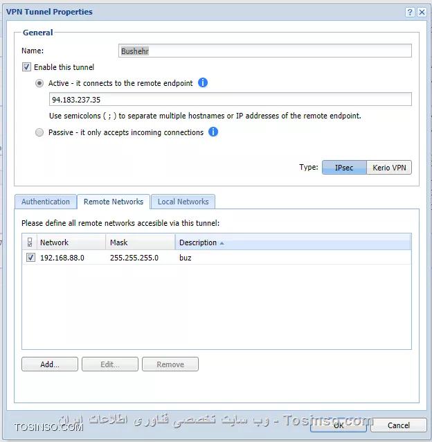 دوستان سلام

می خوایم یه ارتباط VPN بین دو دفتر که یکی از میکروتیک و دیگری از کریو استفاده می کنه برقرار کنیم.
به نظر همه چیز درسته ولی ارتباط برقرار نمیشه.

 1- تنظیمات کریو :
||https://tosinso.com/files/get/6cdc7dd9-3efd-44c0-a3aa-d08dc4d533cf||

||https://tosinso.com/files/get/2eb4359a-4832-4987-a6da-334139aa46fb||

2- تنظیمات میکروتیک : 
||https://tosinso.com/files/get/abd36f46-a382-4a0b-88ff-a53f39707f0a||

||https://tosinso.com/files/get/f6c8ce34-d604-4252-b16b-f379d8bb6c44||