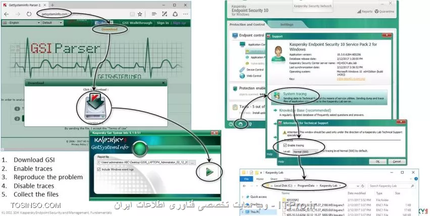 !! بررسی قطع یک کامپیوتر در مدت زمان طولانی 
اگر ملاحظه کردید که کامپیوتری در مدت زمان طولانی اتصال به کسپرسکی سرور ندارد موارد زیر را بررسی کنید :

- مدت زمان طولانی اتصال نداشته باشد به صورت پیش فرض کسپرسکی سرور هر 14 روز کامپیوترهایی که اتصالشان قطع باشد را بررسی می کند 

- قطع اتصال دستگاه هنگامی است که Agent کسپرسکی با کسپرسکی سرور تماسی ندارد 

||https://tosinso.com/files/get/332b079c-916e-431c-8878-f246f918bd69||

اگر وضعیت کامپیوتری Not connected برای مدت طولانی باشد این به این معنی است که از اتصال با شبکه کسپرسکی سرور خارج شده است ، شما آن را یکبار پاک کنید و اگر مجدداً متصل شود وارد گروه Unassigned device خواهد شد . همچنین اگر کلاینت از شبکه خارج شده باشد کسپرسکی سرور ظرف 60 روز آن را از لیست خارج می کند این پارامتر را می توانید در بخش Managed devices و انتخاب Devices در پارامتر Delete the device from the group if it has been inactive for longer than ( days ) مشاهده کنید .

||https://tosinso.com/files/get/de7fbfc1-b917-4fc2-98e7-c92db173903f||

- اتصال یک کلاینت به سرور 

 اگر در کامپیوتری وضعیت  Device connection lost  باشد از موارد زیر مطمئن شوید :

- نصب Agent

- اجرای Agent 

همچنین با اجرای برنامه Klnagchk.exe در مسیر % Program Files ( X86 )% \ Kaspersky Lab \ NetworkAgent می توانید برای چک کردن اتصال و کارکرد Agent استفاده کنید . 

- وارد CMD شوید 

- بروید به پوشه Network Agent 

- شروع کنید Klnagchk.exe 

نکته : برای زمانبندی می توانید از دستور Klnagchck.exe - sendhb استفاده کنید 

این دستور باید به صورت لوکالی روی کامپیوتر اجرا شود 

||https://tosinso.com/files/get/136d1984-0ac9-4eb4-94c9-5d812a36af24||

- خارج کردن اتصال یک کلاینت از سرور 

شما می توانید اتصال کلاینت را با حذف Agent کسپرسکی قطع کنید و یا از ابزار Klmover.exe به صورت لوکالی این کار را انجام دهید :

||https://tosinso.com/files/get/73f4e2af-8e8f-414c-a269-a5035b35ecd3||

- تماس با پشتیبانی کسپرسکی 

هنگامی که کسپرسکی Endpoint از کار میفتد و یا اینکه پیام های خطایی می دهد که مانع عملکرد درست آن می شود شما می توانید موضوع را به پشتیبانی شرکت کسپرسکی اطلاع دهید . شما ممکن است به موارد زیر احتیاج داشته باشید :

- لاگ های ویندوز 

||https://tosinso.com/files/get/fad79dbc-40ab-4d44-80b8-964b2190b7b8||

- لاگ های Endpoint کسپرسکی 


- لاگ های Trace  ( شما نیاز به نصب و اجرای برنامه Diagnostics utility دارید )

||https://tosinso.com/files/get/057de542-f86d-42aa-9a70-f430a48da51b||


برای تماس با واحد پشتیبانی می توانید از لینک Https://companyaccount.kaspersky.com استفاده کنید 


با برنامه Getsysteminfo که می توانید از سایت getsysteminfo.com ان را دریافت کنید یک لاگ مفصل از اطلاعات کامپیوتر جمع آوری کنید که درباره لاگ های ویندوز و سیستم باشد . 

||https://tosinso.com/files/get/2ec9de04-7537-452a-bd8f-231076d335f5||

شما حالا می توانید با واحد پشتیبانی تماس بگیرید :

||https://tosinso.com/files/get/46777f0a-d460-49b4-acf1-574c9ecfa778||

نویسنده : سید احمد توسلی
منبع : |جزیره امنیت اطلاعات و ارتباطات وب سایت توسینسو::https://tosinso.com/security|
هرگونه نشر و کپی برداری بدون ذکر منبع و نام نویسنده دارای اشکال اخلاقی است
