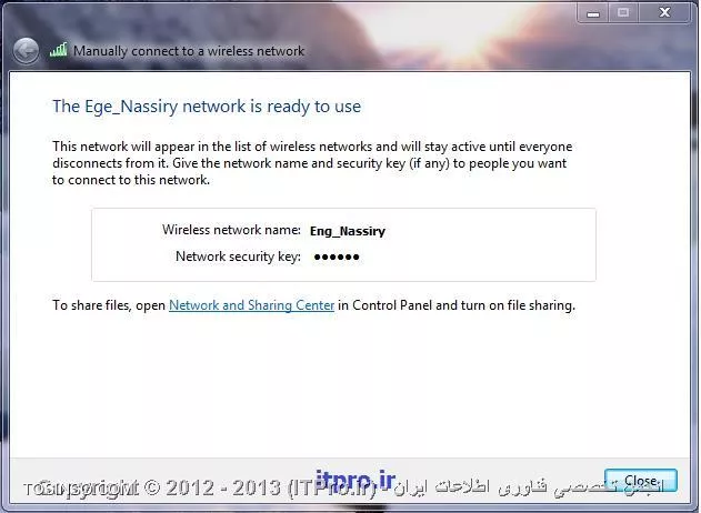 در این مقاله شما را با مفهوم توپولوژی های وایرلس به ویژه توپولوژی های Infrastructure  و Ad hoc  آشنا خواهیم کرد و به شما آموزش می دهیم که چگونه یک شبکه Ad Hoc  را با استفاده از ویندوز Seven راه اندازی کنید. در استاندارد 802.11 یا Wireless Local Area Network دو نوع توپولوژی وجود دارد که به نام های AH Hoc و Infrastructure شناخته می شود این دو توپولوژی در شکل زیر نشان داده شده است.

||http://www.tosinso.com/files/get/61ed48ab-bc19-45ee-8986-20bef0dc9817||

!! معرفی  AD Hoc Topologies
به نوعی از توپولوژی کفته می شود که دو یا چند کامپیوتر را بدون نیاز به Device جانبی مانند Access Point می توانند به صورت مستقیم با یک دیگر ارتباط برقرار نمایند.به عنوان مثال ارتباطی که دو Lap Top با یکدیگر برقرار می نمایند بر اساس همین مدل می باشد این نوع توپولوژی به علت وجود تداخل در ارتباط توصیه می شود از توپولوژی Infrastructure استفاده نمایید.

!! معرفی Infrastructure Topologies
به توپولوژی گفته می شود که ارتباط بین کلاینت ها به کمک یک Device به نام Access Point انجام می گیرد به طور کلی Access Point یا AP به دستگاهی کفته می شود که دارای چندین نقش است :

* مدیریت شبکه بی سیم را بر عهده دارد.
* وظیفه برقراری امنیت در شبکه های بی سیم را بر عهده دارد.
* تقویت امواج و سیگنال های ارتباطی را عهده دار می باشد.

در شبکه های بی سیم برای برقراری امنیت و بالا بردن آن می توانید از سه نوع پروتکل برای تائید هویت استفاده نمایید که شامل WEP,WPA,WPA2 می باشد که در شکل زیر قابل مشاهده است.

||http://www.tosinso.com/files/get/1c484698-f0ae-46e3-b9ae-1c65156e1aaf||

در پروتکل WEP دو روش برای تائید هویت استفاده می گردد که به نام های Open  و Shared Key شناخته می شوند و برای رمز گذاری (Encryption) اطلاعات از پروتکلی به نام RC4 استفاده می گردد.در پروتکل WPA از دو روش برای تائید هویت استفاده می گردد که به نام های IEEE 802.1x و PSK شناخته می شود .در این پروتکل تائید هویت برای شبکه های کوچک خانگی از PSK استفاده می شود و برای سازمان های که امنیت برای انها مهم است از پروتکل IEEE 802.1x استفاده می گردد و در هر دوحالت از پروتکل رمز گذاری به نام Tkip/Mic استفاده می شود و امنیت نسبت به WEP بالاتر است. در پروتکل WPA ورژن 2 همانند WPA از دو روش تائید هویت یکسان استفاده می گردد و در رمز گزاری نیز از الگوریتم کد گذاری AES-CCMP استفاده می گردد که باعث بالاتر بردن امنیت در این روش شده است.

!! راه اندازی یک شبکه از نوع AD Hoc
برای را ه اندازی یک شبکه از نوع AD Hoc جهت برقراری ارتباط بین دو یا چند کامپیوتر می بایست مراحل زیر را انجام دهید در اولین اقدام مطابق با شکل زیر وارد Control Panel شده و سپس وارد بخش Network and Sharing Center شوید در این قسمت در صورتی که در سیستم عامل یک کارت شبکه از نوع بی سیم وجود داشته باشد گزینه Manage Wireless Networks را انتخاب کنید.   

||http://www.tosinso.com/files/get/125fe331-52c5-4295-b5e5-88d6b3e68e1a||

با انتخاب گزینه Manage Wireless Networks شکل زیر نمایش داده خواهد شد.

||http://www.tosinso.com/files/get/5a5ae9dd-7db0-4890-b222-48af72989162||

در این قسمت برای ایجاد یک شبکه AD Hoc باید گزینه Add را انتخاب نمایید تا شکل زیر برای شما ظاهر شود.

||http://www.tosinso.com/files/get/1cf4571e-9d37-4f34-9957-7284e8d5ce63||

در این بخش گزینه Create an ad hoc network را انتخاب کنید تا یک شبکه از نوع AD Hoc ایجاد گردد. اما کزینه دیگری هم در این بخش وجود دارد که برای ایجاد یک Profile برای شبکه بی سیم مورد استفاده قرار می کیرد، با انتخاب گزینه Create an ad hoc network شکل زیر برای شما نمایش داده می شود.

||http://www.tosinso.com/files/get/4ca95f83-a23a-47da-a6d8-80525e317106||

در این بخش توضیح در خصوص شبکه AD Hoc داده شده است که برای برقراری ارتباط دو یا چند سیستم عامل به صورت بی سیم مورد استفاده قرار می گیرد و اشاره شده است که در این نوع شبکه می توانید از اطلاعات Share شده استفاده نمایید،در هر صورت برای ادامه کار گزینه Next را انتخاب کنید تا شکل نمایش داده شده در زیر برای شما ظاهر شود.

||http://www.tosinso.com/files/get/85284015-e052-4b86-86ec-09c99f7d785e||

در این بخش در قسمت Network Name باید یک نام برای این شبکه بی سیم تعیین نمایید ،در قسمت Type Security می بایست یکی از پروتکل های Security که به آنها اشاره شده را انتخاب کتید که شامل WPA2 وWEP می باشد  حتی می توانید این بخش را در حالت No Authentication قرار دهید و در بخش Security Key برای این شبکه یک رمز عبور تعریف نمایید.عبور انتخابی حداقل باید متشکل از 8 کاراکتر باشد در مقابل این بخش گزینه دیگری به نام Hide Characters وجود دارد در صورتی که چک مارک این گزینه را فعال نمایید در زمان وارد کردن پسورد حروف و اعداد وارد شده نمایش داده نخواهد شد در نهایت گزینه Save This Network را فعال کنید تا این Connection بعد از ایجاد شدن در سیستم عامل ذخیره گردد و گزینه Next را انتخاب نمایید تا در انتها شکل زیر نمایش داده شود.

||http://www.tosinso.com/files/get/2efa6df1-4fa5-463f-8049-b091f46d128b||

در این بخش به دلبل عدم ارتباط با یک کامپیوتر دیگر با استفاده از مدل AD Hoc به صورت مشخص شده در شکل زیر نمایش داده شده است ،در نهایت Connection مورد نظر به صورت زیر ایجاد و ذخیره می گردد.

||http://www.tosinso.com/files/get/129fd393-27e0-4f65-9fa5-0c77d246f310||

کامپیوتر دیگر می تواند براساس نام شبکه های که در طول پروسه ویزارد تعیین کرده اید و استفاده از رمز عبور به شکل بی سیم ایجاد شده متصل شود.

نویسنده : علی سالم پناه
منبع : |جزیره سرویس های شبکه مایکروسافت وب سایت توسینسو::https://tosinso.com/microsoft|
هرگونه نشر و کپی برداری بدون ذکر منبع و نام نویسنده دارای اشکال اخلاقی می باشد