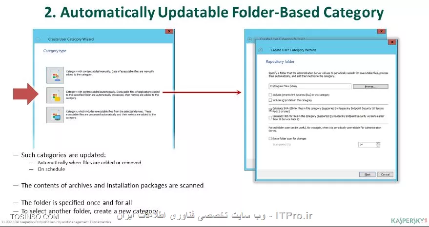 !! ایجاد فولدر های دسته بندی به صورت خودکار 
در این مبحث می خواهیم در ادامه مباحث دسته بندی برنامه ها در کسپرسکی سرور 10 به تنظیمات خودکار برای آپدیت و ایجاد سورس های برنامه هایی که تغییر می کنند بپردازیم و تنظیماتی را انجام دهیم که در رول های دسته بندی به صورت زمانبندی شده اعمال شوند . همچنین این تنظیمات باعث می شوند که آرشیو برنامه هایی که به صورت پکیج های .MSI هستند نیز بروزرسانی شود . همچنین شما می توانید انتخاب کنید Include dynamic-link libraries ( .DLL ) به صورت دسته ایجاد شوند ، وقتی تیک باکس این گزینه فعال باشد کسپرسکی سرور checksum آنها را محاسبه و هر دسته را مطابق با دسته بندی مرتبط آن ها با فایل های اجرایی بروز می سازد . چک باکس بعدی Include script data in this category مربوط به فرمت هایی می شود که اسکریپتی هستند و اساساً مانند فرمت Dll یک فایل اجرایی محسوب نمی شوند نظیر فرمت های .vbs و .js . 

||https://tosinso.com/files/get/2f12c9e6-fbb0-41cb-8576-b20d393e08a1||

||https://tosinso.com/files/get/63aa29db-962a-4df1-89b2-46622d88e36d||

||https://tosinso.com/files/get/a67d8247-9077-4440-87ab-670218f5496e||

- دسته بندی بر روی یک کامپیوتر مرجع 

چنانچه برای اجرای برنامه ای یک کامپیوتر مرجع را در نظر گرفته اید تا وقتی برنامه ها را دریافت کرد بر روی کامپیوتر های جدید نصب شوند یک راه حل برای توسعه دادن سیستم عامل ها و تمامی برنامه ها روی شبکه هم وجد دارد اما این فرایند ممکن است بار اضافی روی شبکه ایجاد کند و خیلی هم زمانبر باشد ، در اینجا مدیر شبکه می تواند به صورت دوره ای ایمیج ها روی کامپیوتر  مرجع را مرتب بروزرسانی کند و در صورت نیاز روی کلاینت ها اعمال کند 

||https://tosinso.com/files/get/973e016a-864f-417d-8c2e-40d85c0a99af||

||https://tosinso.com/files/get/337ca316-c342-40de-bb94-2c13b6bc6e90||

||https://tosinso.com/files/get/abefd8ed-c1f4-42ea-98d4-1336b32574df||

نویسنده : سید احمد توسلی
منبع : |جزیره امنیت اطلاعات و ارتباطات وب سایت توسینسو::https://tosinso.com/security|
هرگونه نشر و کپی برداری بدون ذکر منبع و نام نویسنده دارای اشکال اخلاقی است

