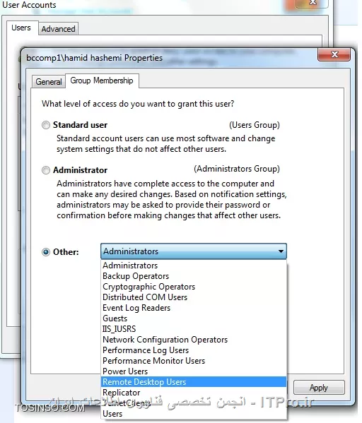 آخه رمز ادمین نمی خواد - یه توضیح بدم من کاربرام در ویندوز 7 عضو remute desktop user  هستند و با یوزر دامین لاگین می کنند بنابراین کاملا محدود هستند. یعنی وقتی یوزر دامین را روی کلاینت تعریف می کنم همونجا عضو remute desktop user می کنم
||http://network.tosinso.com/files/get/3004fd34-07e7-4b6e-b403-9d9b413ce46b||