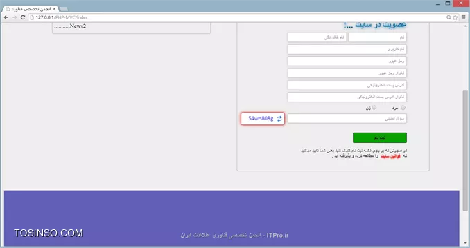 تو این قسمت از آموزش میخوایم یه تصویر امنیتی درست کنیم و زمانی که کاربر میخواد ثبت نام کنه باید این تصویرو به درستی وارد کنه .میخوایم موقعی که کاربر روی کادر متن سوال امنیتی کلیک میکنه (یعنی فوکوس میکنه) این تصویر امنیتی نمایش داده بشه و هر وقت فوکوس از کادر متن سوال امنیتی برمی داره این تصویر مخفی بشه .کنار کادر متن سوال امنیتی یه دکمه واسه ریفرش کردن تصویر امنیتی قرار میدیم که با کلیک بر روی این دکمه یه تصویر جدید تولید بشه بدون اینکه خود صفحه ریفرش بشه .اینکارو فقط و فقط با جاوا اسکریپت (البته با کمک JQuery ) انجام میدیم و زمانی که روی دکمه ریفرش کلیک میکنیم عکس رفریش میچرخه  و زمانی که کاربر، تصویر امنیتی درست وارد کنه رنگ دور کادر متن سوال امنیتی به رنگ سبز در میاد که کارمونو قشنگتر میکنه .تمام فایلهایی که تا الان واسه وب سایت درست کردیم میتونید از این |لینک::http://www.mediafire.com/download/quncy4fjh3ieysz/ITPro.ir_Part6.rar| دانلود کنید . چند تا عکس میزارم دانلودشون کنید تو طراحی سایت لازمشون داریم، عکسارو بعد از دانلود بزارید توی فولدر Pic .|لینک دانلود عکس::http://www.mediafire.com/download/ep17dop17uo7ibb/Pic2.rar|
در ایتدا میایم یه کادر درست میکنیم ( جایی که تصویر امنیتی بهمراه دکمه رفرش اونجا قرار میگیره ).
کد زیرو اضافه میکنیم به Index.php (توی فولدر Index) :
<htm>
                         .
                         .
                         .
	<label id=lbl_Female>زن</label>
                      
</li>
<li>
    <div id=canvas>
        <img class=refresh src=Pic/refresh2.png />
        <canvas id=canvasid></canvas>
    </div>                        	
    <input type=text name=txt_Question id=txt_Question 
                                            value=سوال امنیتی class=borderstyle />
</li>
                        .
                        .
                        .
<htm>
فقط خط های 8 تا 11 اضافه شدن .حالا نوبت استایل دهی میرسه ، در ابتدا رنگ background سایتمونو خاکستری روشن میکنیم که سایت بهتر بنظر برسه و بعدش استایل تگ های بالارو مینویسیم . کد زیرو به header.css اضافه میکنیم .
<css>
body
{
	background:#EEE;
}
<css>
سپس کدای زیرو هم به register.css اضافه میکنیم .
<css>
#Register #canvas
{
	position: absolute;
	margin: -3px 340px 0 0;
	background-color: #fff;
	width: 100px;
	height: 23px;
	border: 1px solid #D5191C;
	border-radius: 5px;
	padding: 5px 10px;
}

#Register #canvasid
{
	margin: 0 15px 0 0;
	width: 75px;
	height: 15px;
	padding: 3px 6px;
}


#Register .refresh
{
    position: absolute;
	width: 17px;
	height: 17px;
	cursor: pointer;
	margin: 3px -5px 0 0;
}
<css>
خروجی از کارمون :
||https://tosinso.com//files/get/8248395b-66c5-458c-9fd3-4530cc41cb8f||
یه سایه به کادرمون میدیم و میخوایم زمانی که کاربر با موس روی دکمه ریفرش رفت، عکس ریفرش بچرخه .کدای زیرو به قسمت  Register .refresh#  اضافه میکنیم .  
<css>
	transition: transform 700ms ease-in-out;
	-webkit-transition: -webkit-transform 700ms ease-in-out;
	-moz-transition: -moz-transform 700ms ease-in-out;
	-ms-transition: -ms-transition 700ms ease-in-out;
	-o-transition: -o-transform 700ms ease-in-out;
<css>
کد بالارو واسه این گذاشتیم چون میخوایم چرخش عکس 700 میلی ثانیه طول بکشه .
کدای زیرو هم به قسمت  Register #canvas#  اضافه میکنیم .
<css>
box-shadow: 0 0 11px #D5191C;
-moz-box-shadow: 0 0 11px #D5191C;
-webkit-box-shadow: 0 0 11px #D5191C;
-ms-box-shadow: 0 0 11px #D5191C;
-o-box-shadow: 0 0 11px #D5191C;
<css>
سپس کدای زیرو اضافه میکنیم .
<css>
#Register .refresh:hover
{
	/* Safari */
	-webkit-transform: rotate(360deg);
	
	/* Firefox */
	-moz-transform: rotate(360deg);
	
	/* IE */
	-ms-transform: rotate(360deg);
	
	/* Opera */
	-o-transform: rotate(360deg);
}
<css>
360 درجه عکسو میچرخونیم .
||https://tosinso.com//files/get/8783248c-2410-4b4c-a9f4-60a2b5fb975b||
خوب میریم سر کد تولید تصویر امنیتی با استفاده از جاوا اسکریپت .کد امنیتی ما از 8 کاراکتر تشکیل میشه که شامل این کاراکترها میشه (دو کاراکتر اول عدد هست، کاراکتر بعدی حرف کوچیک انگلیسی، کاراکتر بعدیش حرف بزرگ انگلیسی، سه کاراکتر بعدی دوباره عدد هست و کاراکتر آخر هم حرف کوچیک انگلیسی هست .)واسه تولید این کد یه تابع مینویسیم به نام  ()CreateSecurityCode  :
<js>
function CreateSecurityCode()
	{
		Num1 = GetRandom(111, 999);
		CodeChar1 = GetRandom(97, 122);
		CodeChar2 = GetRandom(65, 90);
		CodeChar3 = GetRandom(97, 122);
		Num2 = GetRandom(11, 99);
		Code = Num2 + String.fromCharCode(CodeChar1, CodeChar2) + Num1 + String.fromCharCode(CodeChar3);
		return Code;
	}
<js>
با استفاده از تابع آماده جاوا اسکریپت بنام ()fromCharCode ، کد اسکی بهش میدیم و کاراکتر برمیگردونه .
یه تابع دیگه هم باید بنویسیم که واسمون اعداد تصادفی تولید کنه ، این تابع در بالا فراخوانی کردیم، بنام ()GetRandom :
<js>
	function GetRandom(MinNumber, MaxNumber)
	{
		return Math.floor(Math.random()*(MaxNumber - MinNumber + 1) + MinNumber)
	}
<js>
خوب حالا میخوایم زمانی که روی دکمه ریفرش کلیک میکنیم تابع ()CreateSecurityCode  فراخوانی بشه ، سپس زمانی که این تابع یه کد امنیتی بهمون برگردوند این کد تبدیل به یه عکس کنیم و یعد این عکس به کاربر نمایش بدیم .
<js>
$(.refresh).click(function()
{		
	$(#canvas #canvasid).remove();
	
	_canvas = '<canvas id=canvasid width=75 height=15></canvas>';		
	$(#canvas).append(_canvas);
	var canvas = $(#canvas).find(#canvasid)[0];		
	var context = canvas.getContext('2d');
	context.font = '16px Calibri';
	context.fillStyle = 'blue';
	code = CreateSecurityCode();
	context.fillText(code,75,12);
});
<js>
اون تگ canvas  که توی Index.php درست کردیم اینجا هم میزاریم چون میخوایم زمانی که کاربر روی دکمه ریفرش کلیک میکنه این تگ حذف بشه و دوباره ایجاد بشه (اینجوری کد امنیتی قبلی که نمایش داده شده رو  پاک میکنیم ) ، با استفاده از تابع append ( جز توابع آماده jquery) میتونیم تگ (یا کد html) به صفحه اضافه کنیم .با استفاده از find میتونیم هر تگی پیدا کنیم، که در اینجا ما به دنبال تگی با id بنام canvasid هستیم ، با استفاده از تابع fillStyle ( جز توابع آماده jquery) رنگ متن (یا همون رنگ متن تصویر امنیتی) تنظیم میکنیم .  با استفاده از تابع fillText  (جز توابع آماده jquery) کد امنیتی بصورت تصویر درمیاریم .
کدای که بالا گفتم توی فایل register.js مینویسیم ( تقریباً در ابتدای کدای فایل register.js ، یعنی بعد از خط   } ()function)$  )، سپس از کارمون خروجی میگیریم، مشکلی که اینجا وجود داره اینه که زمانی که صفحه رو ریفرش میکنیم چیزی نمایش داده نمیشه مگر اینکه روی دکمه رفریش عکس بزنیم تا تصویر امنیتی نمایش داده بشه ولی ما اینجوری نمیخوایم، پس باید کدی بنویسیم که تا زمانی که صفحه لود میشه یا فرم ثبت نام لود میشه اون موقع یه تصویر امنیتی واسه ما درست کنه و نمایش بده و هر وقت هم روی دکمه ریفرش عکس کلیک میکنیم یه تصویر جدید بهمون بده در نتیجه کد زیر به ادامه کدای بالا اضافه میکنیم .
<js>
$(#Register .refresh).load(function(){
	$(.refresh).click();
});
<js>
||https://tosinso.com//files/get/303367c6-40b2-4390-a545-dac78794fbdc||
حالا میخوایم کد امنیتی زمانی نمایش داده بشه که فوکوس کردیم به کادر متن سوال امنیتی ، در نتیجه کدای زیر اضافه میکنیم به ادامه کدای بالا .
<js>
$(#Register #txt_Question).focusin(function() 
{	
	$(#Register #canvas).css(display,inline);	
	$(document).click(function(e)
	{
		if(!$(e.target).is('#Register #txt_Question'))	
		{
			if(!$(e.target).is('#Register .refresh'))
			{
				if(!$(e.target).is('#Register #canvas'))
				{
					if(!$(e.target).is('#Register #canvasid'))
					{
						$(#Register #canvas).css(display,none);
					}
				}
			}
		}
	});       
});
<js>
کد بالا میگه تگ canvas (یا همون تصویر امنیتی) نمایش داده بشه اگه کاربر فوکوس کرد روی کادر متن سوال امنیتی و زمانی تصویر امنیتی مخفی بشه که کاربر هرجایی کلیک کنه به غیر از دکمه ریفرش تصویر امنیتی ، کادر متن سوال امنیتی و تصویر امنیتی . الان میایم با کد زیر تصویر امنیتی مخفی میکنیم و هر زمان که فوکوس کنیم به کادر متن ، تصویر امنیتی نمایش داده میشه .کدر زیرو به قسمت  Register #canvas#  اضافه میکنیم .
<css>
display: none;
<css>
حالا باید کدی بنویسیم تا چک کنیم ببینیم کاربر این تصویر امنیتی درست وارد کرده یا نه، اگه درست وارد کنه، رنگ دور کادر متن به رنگ سبز تغییر میکنه وگرنه رنگش قرمز میشه .کد زیرو اضافه میکنیم .
<js>
                            .
                            .
                            .
		else if($(this).prop(name) == txt_Question && $(this).val()==)
		{
			$(this).val(سوال امنیتی);
			$(this).css(color , darkgrey);
		}
		else
		{
			$(this).css(color , black);
			if($(this).prop(name) == txt_Question)
			{
				if($(#Register #txt_Question).val().toLowerCase() == code.toLowerCase())
				{
					$(this).css(border-color , #23AA09);
				}
				else
				{
					$(this).css(border-color , #c30009);
				}
			}
			else
			{
				$(this).css(border-color , darkgrey);
			}
			
			if($(this).prop(name) == _txt_pass)
                               .
                               .
                               .
<js>
با استفاده از تابع toLowerCase (جز توابع آماده جاوا اسکریپت) تمام حروف کوچیک میکنیم، چون نمیخوایم به حروف بزرگ کوچیک حساس باشه .فقط خطهای 12 تا 24 و خط 26 اضافه شدن و مابقی خطوط تکراری هستن .امتحان میکنیم ببینیم چطوری شد، در ابتدا تصویر امنیتی درست وارد میکنیم .

||https://tosinso.com//files/get/e876d57e-bbaf-4e69-b75d-01f2834bb07c||
||https://tosinso.com//files/get/d61d4dd0-1f7f-4f81-9555-bfa66fc20815||
میبینید که دور کادر به رنگ سبز دراومد یعنی کاربر تصویر امنیتی درست وارد کرده و این سری میایم اشتباه وارد میکنیم .
||https://tosinso.com//files/get/abfd834e-3e4e-4ed3-9578-31ed63ce51d8||
||https://tosinso.com//files/get/fa5bad51-3b11-40e1-aa2c-96175cfabc0c||
و این بار هم چون غلط وارد کردیم دور کادر به رنگ قرمز دراومد .تمام فایلهایی که تا الان واسه وب سایت درست کردیم (به همراه کارای این قسمت) میتونید از این |لینک::http://www.mediafire.com/download/7ggewmt924ev9g4/ITPro.ir_Part7.rar| دانلود کنید . امیدوارم از این آموزش هم استفاده لازم ببرید، *ITPro باشید .* 

نویسنده : مهدی رزمجویی
منبع : |جزیره طراحی و توسعه وب وب سایت توسینسو::https://tosinso.com/web|
هرگونه نشر و کپی برداری بدون ذکر منبع و نام نویسنده دارای اشکال اخلاقی می باشد