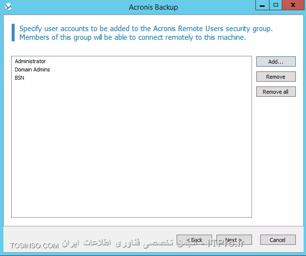 Backup Storage node چیست؟؟؟ یک سرور مرکزی می باشد که مدیریت Vaults ها که بر روی Resourceهای مختلفی پیاده سازی شده است را بر عهده میگیرد وبرای سازمانهای enterprise با داده های وسیع طراحی شده و قابلیتهای بیشتری نسبت به روشهای قبلی برای ما فراهم میکند.یکی از عملکردهای مهم Backup storage node قابلیت deduplication می باشد که اطلاعات مساوی یا یک نوع یا به اصطلاح دیگر یک جور را یک بار در این استورج ذخیره می کند که باعث بهیه سازی پهنای باند و فضای ذخیره سازی می شود.*Vaults Path های که برای Backup storage node استفاده می شود:*
||http://tosinso.com/files/get/7f4364d4-260a-4be1-9150-a4634a013034||

وقتی شما Backupی را بصورت Unmanaged ایجاد کنید تهیه ، نگهداری و  Cleanup دیسک بر عهده خود Agent می باشد که باعث مصرف بیهوده CPU و پهنای باند می شود ولی اگر این وظیفه را بر عهده Backup Storage Node واگذار کنید همه این Taskها در یک جای متمرکز توسط BSN انجام می شود. شما فرض کنید یک Backup Plane را بصورت Schedule بر روی یک Managed machine  ایجاد کرده اید بعد از مدتی پروسه Cleanup برای کاهش حجم هارد دیسک وارد عمل شود و اگر آن زمان آن Managed machine خاموش باشد چه اتفاقاتی در سازمان (بصورت وسیع این پروسه بر روی چندین سرور یا کلاینت تکرار شود) می افتد؟؟؟؟ 
بخاطر همین امر Acronis بدشدت توصیه می کند از BSN استفاده کنید.
استفاده از Managed vault (BSN) دو مزیت دارد:
•	Deduplication
•	Encryption
قابلیت اول را اول این فایل آموزشی بصورت مختصر توضیح دادم و ادامه به مکانیزم این روش بصورت مفصل می پردازیم. ولی قابلیت Encryption باعث رمزگذاری شدن اطلاعات ذخیره شده در Managed vault می شود تا افراد غیر مجاز به اطلاعات حساس سازمان دسترسی نداشته باشند.
! Getting Started with Backup Storage Node
--
پیشنیازهای استفاده از BSN:
•	Management Server
•	Management Console
•	Acronis Backup Advanced file setup
•	سیستم عاملهای وسخت افزارهای مناسب برای نصب این سرویس که در قسمت اول همین اموزش بصورت کامل ذکر گردید.
من برای اینکار یک Win server 2012 R2 نصب و آن را جوین به دومین کردم و و یک RAID-5 برای ذخیره کرده اطلاعات ایجاد کردم و قصد نصب این سرویس را دارم:
برای اینکار فایل Setup برنامه را اجرا می کنم مراحل مربوطه را Next و به صفحه زیر می رسیم که گذینه :
||http://tosinso.com/files/get/f5ac6392-badc-4d67-902e-19de9067f57b||
را انتخاب و Next
||http://tosinso.com/files/get/83a72d8f-9aab-41e7-a872-2c6a37a773ef||
اجزای بالا بصورت پیش فرض انتخاب می شوند. اگر قصد Backup گرفتن از اطلاعات سرور بالا را دارید Agent for Windows  را هم تیک بزنید.
||http://tosinso.com/files/get/aa163233-c311-4812-b1e0-fa716175c397||
یک Account برای اجرای سرویسهای Agent for Windows and Backup Storage node ایجاد یا انتخاب کنید.
نکته: این Account باید عضو دو گروه  Backup Operators and Administrators باشد.
||http://tosinso.com/files/get/6700cc90-6ab7-44bf-bc2c-70953c8dab30||
از شما می خواد که BSN را عضو Management Server کنید. برای اینکار User and pass ی که مجوز اینکار را بر روی Management Server را دارد وارد کنید.
||http://tosinso.com/files/get/31515b92-d69e-470a-9866-8539b2a1847c||
کادر بالا را هم قبلا توضیح دادم. قسمت اول همین اموزش را بخوانید.
در آخر هم Install و Finish
در آخر باید یک Vault به روش Managed در Management Server ایجاد کنید و BSN را معرفی کنید. برای اینکار به ABA وصل و به قسمت Vaults بروید و یک Vault بصورت Centralized ایجاد کنید
||http://tosinso.com/files/get/55ca68a0-7256-4c50-a698-d38ec88d2c46||
گذینه Createرا کلیک کنید
||http://tosinso.com/files/get/e05ecd12-c89c-4b66-9ec8-87da886487c6||
# یک اسم برای این استورج بنویسید.
# توضیحات.
# نوع آن.که باید Managed باشد.
# سرور BSN را انتخاب میکنید.
# فعال و غیرفعال کردن قابلیت Deduplication
# فعال کردن قابلیت Encryption. در ضورت فعال یک string value به آن دهید. که طبق این کد داده ها را رمزگذاری کند.
# مسیر ذخیره سازی اطلاعات.که طبق سناریو بر روی Local Disksهای BSN که بصورت RAID-5 ایجاد شده.
# مسیر دیتابیس Catalog. این دیتابیس شامل اطلاعات catalog index می باشد.
# این قابلیت را بعدا توضیح می دهم.
# Userهای که مجوز مدیریتی بر روی این استورج داشته باشند را انتخاب میکنیم. و همچنین Userهای که بتوانند داده های خود را مدیریت کنند. 
در آخر OK کنید.
||http://tosinso.com/files/get/fffb714b-1c9c-4048-9fdc-ee45b5e1a8ae||
شما همچنین می توانید این سرور را از طریق Storage Node مدیریت کنید:
||http://tosinso.com/files/get/45e6f622-22c0-47fe-8cc5-0ebbd5e6234f||
! Deduplication
--
این قابلیت باعث عدم ذخیره فایلهای تکرای بر روی BSN می شود. این فناوری باعث صرفه جوی در فضای هارد دیسک بوسیله حذف فایلهای تکراری و بهیه سازی پهنای باند می شود، در هنگام Backup گیری اگر Agent متوجه شود که این فایل قبلا در BSN ذخیره شده است از بک آپ گیری آن فایل صرفه نظر می کند.
شما می توانید این قابلیت را بر روی Vaultهای Managed پیاده سازی کنید.  به Vaultی که Deduplication  می باشد deduplicating vault گفته می شود
اساس کار Deduplication  بصورت Block می باشد (یعنی فایلهای را بصورت بسته های به نام Block تقسیم بندی می کند) اگر شما backupی از نوع Disk-Level داشته باشید اطلاعات شما به blockهای 4 KB دسته بندی می شود و برای File-Level از 1 B تا 256 KB دسته بندی می کند. اگر فایلی بزرگتری از 256 KB باشد فایل را به قسمت های 256 KB تقسیم می کند.
Acronis به دو صورت deduplication را انجام می دهد:
<ltr>
•	Deduplication at source
•	Deduplication at target
<ltr>

  Deduplication at source: این نوع بر روی Managed Machine انجام می شود. Agent با استفاده از BSN تعیین می کند چه اطلاعاتی را می تواند Deduplication کند تا مانع انتقال این اطلاعات شود.
Deduplication at target: این نوع بعد از Backup گیری کامل از ریسورس انجام می شود. BSN داده های بک آپ گرفته شده را آنلالیز می کند و داده های که Deduplication می شوند آنها را Deduplication میکند.
نکته: شما هنگام ایجاد Backup Plan Task می توانید تعیین کنید چه داده های را Deduplication کند.
! Deduplication database
--
Backup Storage Node این دیتابیس را ایجاد، تنظیم و نگهداری می کند. و همچنین دارای مقدار هش شده داده های Block شده ذخیره شده در این Vault می باشد به جزء اطلاعاتی که Deduplication نشده اند یا رمزگذاری شده اند.
Deduplication database در BSN ذخیره می شود.. و هنگام فعال کردن این قابلیت می توانید مسیر آن را مشخص کنید.

! How Deduplication works
--
# *Deduplication at source:* وقتی قراره داده های Backup گرفته شده به سوی یک Deduplication Database فرستاده بشه Agent اثر انگشت (hash value) داده های block را محاسبه می کند، بعد از محاسبه Agent یک Query سمت BSN ارسال میکند که آیا این مقدار Block قبلا در این Vault ذخیره شده یا نه؟؟؟ اگر قبلا ذخیره شده باشد Agent فقط مقدار hash شده را ارسال می کند و گرنه همان Block را ارسال می کند و BSN این داده را در یک temporary file ذخیره می کند. 
# *Deduplication at target:* وقتی مرحله Deduplication at source و Backup Plan به اتمام رسید BSN پروسه indexing activity را اجرا می کند. این پروسه اطلاعات را بصورت زیر Deduplication می کند:
•	برای محتویات temporary file مقدار هش را ایجاد می کند.
•	BSN مقدار هش و لینک بازسازی این Data Blockها را ایجاد و آنها را در فایلی به نام deduplication data store ذخیره می کند.
•	محتویات temporary file را حذف می کند.
در نتیجه بعد از Deduplication  فقط مقدار هش شده blockها ذخیره می شود و از ذخیره کرده Block ها تکراری جلوگیری می کند. هر مقدار هش وblockهای منحصر بفرد دارای چندین لینک Reference مربوطه به چندین Backup Plan Task می باشد که جهت بازسازی انها بکار می رود.
||Deduplication ::http://tosinso.com/files/get/2d65cc70-e055-4690-97c2-bf0316a76b4f||
در مواقعی که اطلاعات منحصر بفردی زیادی برای Backup گیری وجود داشت وBSN رم کافی نداشته باشد پروسه بک آپ fail می شود. 
نکته: حداقل RAMی که برای BSN توصیه شده 8 گیگ می باشد.
نکته: گاهی وقتا شما Backup Setهای را دستی یا در حین اجرای پروسه Cleanup پاک می شوند و blockهای باقی می مانند که به هیچ Backup setی تعلق نداشته باشد. این Blockها توسط  compacting task پاک می شوند. compacting task هر یکشنبه شب ساعت 3 اجرا می شود که شما می توانید این زمان بندی را بدلخوا تنظیم کنید.
||http://tosinso.com/files/get/1c91fb82-8469-4473-9e81-028f9c5750c1||
! Deduplication Limitation 
--
•	اگر Backupی بوسیله پسورد محافظت شده باشد. نمی توان آن را Deduplication کرد.
•	اگر cluster size or block size یک Volume بخش پذیری از 4 KB نباشد.
•	فایلهای رمز گذاری شده را نمی توان Deduplication کرد.
! Create Deduplication Database
--
برای ایجاد این دیتابیس در Managed vault کافیه گذینه زیر را فعال کنید و مسیر  Deduplication Database را مشخص کنید.
||http://tosinso.com/files/get/5dec2066-a3de-4ab7-bacc-840408ba01bd||
||http://tosinso.com/files/get/433f948c-2721-4f8b-97b4-64d530cc1fb6||
در آخر هم باید تذکر بدم که شما نمی توانید قابلیت Deduplication را بر روی سیستم عاملهای 32 bit پیاده سازی کنید. به هیچ وجه توصیه شده نسیت.
شما همچنین میتوانید قابلیت Deduplication را بر روی یکی از Volumeهای Windows Server 2012R2 پیاده سازی کنید.
<ltr>
Windows Server 2012 R2 Deduplication
<ltr>
<c#>
http://www.windowsnetworking.com/articles-tutorials/windows-server-2012/windows-server-2012-r2-deduplication.html
<c#>
در آموزش بعدی Acronis Secure Zone را آموزش میدهم.

موفق و پیروز باشید. 

نویسنده: احمد جهلولی 
منبع: |جزیره راهکارهای ذخیره سازی اطلاعات وب سایت توسینسو ::https://tosinso.com/virtualization|
نشر و کپی برداری، صرفاً با ذکر نام نویسنده و منبع مجاز می باشد. 