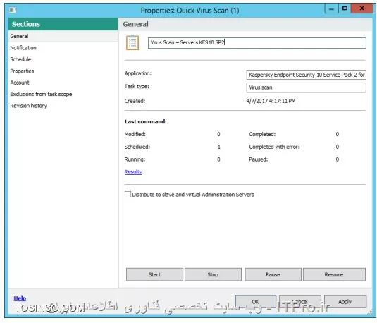 !! تنظیمات TASK برای  Virus Scan 
در این آزمایشگاه قصد داریم تا TASK تنظیمات برای Virus Scan را ایجاد کنیم :

*  ماشین های   DC - Security-Center را روشن کنید 

* بر روی ماشین Security-Center با نام کاربری abc\Administrator و پسورد Ka5per5Ky لاگین کنید 

* می خواهیم این TASK را بر روی ویندوز گروه workstations و servers وارد کنیم

1- وارد کنسول Administration Console شوید 

2- بازکردن Managed devices 

3- رفتن به تب Tasks 

4- انتخاب TASK - Quick Virus Scan 

||https://tosinso.com/files/get/16db5a0f-d180-4e11-bf61-5e34e615b478||

5- کپی TASK برای اینکه شورت کاتی از آن ساخته شود 

||اولین آموزش پارسی کسپراسکی سرور ::https://tosinso.com/files/get/002595a7-8304-48eb-b9d6-43e407e06474||

6- حالا از بخش Managed deviced به Servers بروید و تب TASK را بزنید 

7- حالا TASK را کپی کنید و PASTE را بزنید 

||https://tosinso.com/files/get/53fd3db1-118f-4e02-a6ea-f4b3d05e9c78||

8- حالا روی TASK که شورتکات شده راست کلیک و Properties را بزنید می خواهیم نام آن را عوض کنیم 

||https://tosinso.com/files/get/16bbffbc-d2f3-4bf9-8fdb-71de65094653||

9- تغییر نام به  Virus Scan – Servers 
KES10 SP2 و OK را بزنید 

||https://tosinso.com/files/get/31edc9f8-f023-4ae5-afd7-75714c743122||

10- باز کردن Workstations و TASK را بزنید 

11- کپی کنید تسک  Quick Virus Scan و آن را در Workstations پیست کنید 

12- حالا تسک را تغییر نام دهید به Quick Virus Scan (1) 

||https://tosinso.com/files/get/1c36e5a3-d608-4013-b523-891fc58d12f5||

13- نام آن را Virus Scan –
Workstations KES10 SP2 قرار دهید 

||https://tosinso.com/files/get/21dd59f5-10de-40d8-a43e-c333a47eefa1||

نویسنده : سید احمد توسلی
منبع : |جزیره امنیت اطلاعات و ارتباطات وب سایت توسینسو::https://tosinso.com/security|
هرگونه نشر و کپی برداری بدون ذکر منبع و نام نویسنده دارای اشکال اخلاقی است

