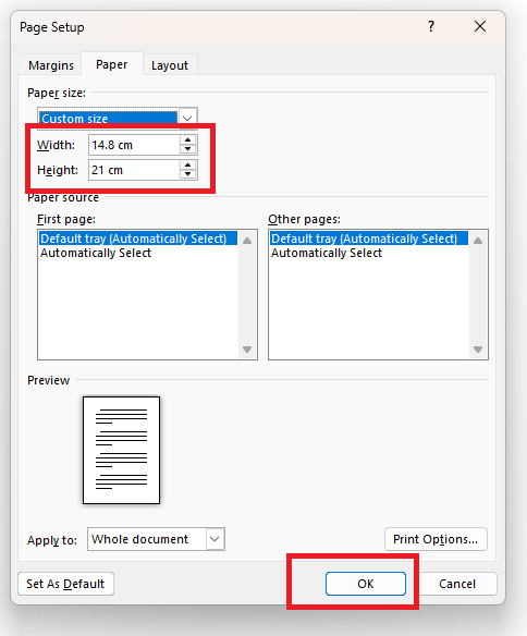 تنظیم کاغذ در ورد