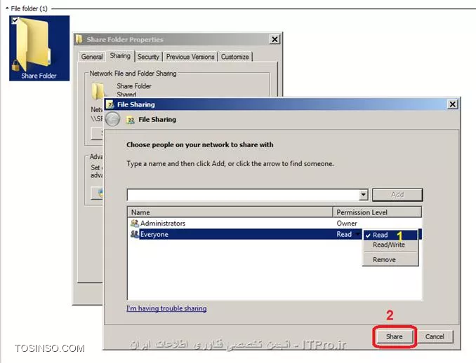 سلام به دوستان عزیز... دسترسی به فایل ها و فولدر های به اشتراک گذاشته شده توی ویندوز از طریق اسمارت فون ها یکی از قابلیت های بسیار مفید و فرح بخشیه که میتونید از این طریق به آسونی هر چه تمام تر تجربه کنید.... اضافه کنم که این آموزش برای سیستم اندرویده اما برای IOS هم دقیقا مثل همین روش استفاده میشه. تو این پست آموزشی مقدماتی با توضیحات و عکس روش اینکار رو برای شما عزیزان توضیح دادم :
برای اینکه بتونید به فایل و فولدر های دلخواهتان از طریق گوشی خودتون دسترسی داشته باشین لازمه که فولدر های مورد نظزتون از طزیق شبکه WIFI به اشتراک بگذارید.برای share یا همون اشتراک گذاری فولدر طبق عکس عمل کنید....این روش اشتراک گذاری برای ویندوز 7 به بالا آموزش گذاشتم : 

از فولدر مد نظرتون کلیک راست و properties گرفته و از سربرگ های بالا تب sharing رو انتخاب کنید.و طبق عکس دکنه share را کلیک کنید.

||http://tosinso.com/files/get/9a3f6672-56bc-4362-aab2-706900d3fe9e||
در پنجره file sharing از منوی کشویی گزینه گروه کاربری everyone را انتخاب کرده و پس از انتخاب دکمه add رو بزنید.

||http://tosinso.com/files/get/8aae0254-dfe0-46a6-a511-427412af4f23||
پس از انتخاب everyone لازمه که برای سطح دسترسی به فولدر مجوز صادر کنید.بهتره که شما مجوز رو بروی read ست کرده تا از delete و تغیرات فولدر و محتویات اون هم جلوگیری بشه. و در آخر هم دکمه share را کلیک کنید.

||http://tosinso.com/files/get/33ab7abc-7140-4dcf-b9ee-824540b4aae6||
خیلی خب حالا سراغ اسمارت فون خودتون برید و آخرین ورژن برنامه ES File Explorer رو از بازار یا ایران اپس و یا از طریق این لینک |ES APP GROUP::http://www.estrongs.com/?lang=en| دانلود و نصب نمایید.
خب حالا در اسمارت فون خودتون برنامه es file explorer را باز کرده به صفحه homepage بروید و طبق عکس روی Lan کلیک کنید:

||http://tosinso.com/files/get/4c9dfdbd-8844-4860-a011-65285fd4a1b7||
در پنجره LAN دکمه New رو کلیک کنید تا پنجره مجاوره ای کانفیگ شبکه باز شود :

||http://tosinso.com/files/get/26051be0-e6f0-4c80-b130-52aac92cc747||
خیلی خب طبق راهنمایی عکس عمل میکنیم :

||http://tosinso.com/files/get/82a2def7-2fca-4969-b72d-b5cb5a3c1393||
در فیلد domain شما میتونید Computer Name یا همون اسم کامپیوتر خودتون رو وارد کنید.اگر نمیدونید اسم کامپیوتر شما چیه کافیه که از My Computer ویندوز خودتون properties گرفته از پنجره باز شده قسمت computer name اسم کامپیوتر شما در اونجا درج شده.... یا اینکه اصلا میتونید فیلد domain رو خالی بگذارید.
در قسمت سرور شما بایستی آدرس IP کامپیوتر خودتون رو وارد کنید.
معمولا همه مودم ها آدرس IP شون به این صورته : 192.168.0.1 پس در نتیجه IP کامپیوتر شما این میشه : 192.168.0.2....اگر نبود دکمه های ترکیبی windows + R ر زده تا run باز شود در داخل ران عبارت CMD را تایپ کنید تا پنجره داس مانند CMD باز بشه.در داخل cmd این عبارت را تایپ کنید : IPCONFIG تا آدرس IP واقعی سیستم شما بدست بیاد.
IP شما هر چی بود شما باید در فیلد server عینا وارد کنید.
خیلی خب.حالا در فیلد user name شما باید نام کاربری یا همون account جاری ویندوز خودتون رو وارد کنید.ضمن اینکه باید اکانت شما پسورد هم داشته باشه.چون بدون پسورد دسترسی به فولدر های به اشتراک گذاشته شده به مشکل میخوره.
چک مارک anonymous را غیر فعال به حال خودش رها میکنیم و در فیلد display as به دلخاه نامی برای server ایجاد میکنیم و سپس OK میکنیم.

میبینید که به راحتی تمام شما تونستید به فولدر به اشتراک گذاشته شده روی کامپیوتر خودتون دسترسی داشته باشید.

||http://tosinso.com/files/get/7a52dc2b-6b9c-49e6-bc17-e06e40242753||
حالا شما این توانایی رو دارید که تمامی فایل ها اسناد موزیک ها و حتی فیلمای های روی هارد خودتون رو با اسمارت فون ببینید و لذت ببرید.

دسترسی به شیر فولدر ها از این طریق کاملا با اکتیو دایرکتوری و سطوح دسترسی سرور و گروه های دومین تطابق کامل داره و ضمن اینکه بخوبی هم File Server رو هم پشتیبانی میکنه.

*نکته:*
اگه با رعایت صحیح اعمال مجوز های داده شده برنامه ES File Explorer به مشکل برخورد پیشنهاد میشه که از اپلیکیشن FX File Explorer استفاده کنید ضمن اینکه FX File Explorer برای فیلم دیدن خیلی بهتره از ES File Explorer عمل میکنه.چون Buffer فایل ویدیو رو به خوبی از سرور Cache میکنه.

نویسنده : 
منبع : |جزیره موبایل و گجت های هوشمند وب سایت توسینسو::https://tosinso.com/icdl|
هرگونه نشر و کپی برداری بدون ذکر منبع و نام نویسنده دارای اشکال اخلاقی است