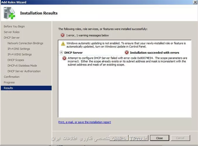 سلام
دوستان در نصب DHCP به مشکل برخوردم که به صورت شکل زیر هست

میخاستم بدونم مشکل از کجاست

||http://tosinso.com/files/get/340c2b64-1348-46f8-ad46-5d821c227bf8||