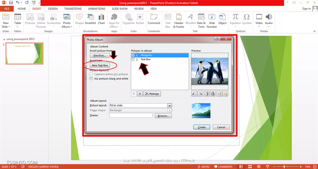 سلام و عرض ادب خدمت همه ی دوستان itpro ای!! با قسمت دیگری از آموزش پاورپوینت 2013 همراهتون هستم/قسمت سوم-بخش دوم ، در این بخش میخوایم نحوه ی کار با کادر images رو بررسی کنیم و ببینیم که چطورمیشه در اسلایدهامون از تصاویر هم استفاده کنیم.ابتدا پاورپوینت رو باز میکنیم و به قسمت insert رفته و کادر images را برمی گزینیم:)

||http://tosinso.com/files/get/113deb9f-1b41-41b0-8c77-8132aebdf381||
و با استفاده از اولین آیکون :

||http://tosinso.com/files/get/a933534c-9f8f-4430-9114-816d28563003||
یعنی آیکون pictures رو انتخاب می کنیم و یک پنجره ای باز میشه که ما می توانیم از بین آلبوم های تصاویر داخل pc مون تصویر مورد نظر رو insert کنیم.
حالت بعدی انتخاب تصویر به صورت آنلاین هست که در این حالت آیکون بعدی یعنی online pictures رو انتخاب می کنیم:

||http://tosinso.com/files/get/d012b416-052c-4f92-a9a7-f08523eb2398||
که با انتخاب این آیکون پنجره کوچکی باز میشه و شما می توانید به صورت آنلاین عکس مورد نظرتون رو از سایت مورد نظرتون انتخاب کنید:)

||http://tosinso.com/files/get/de2edb9a-bf5c-4e21-b723-2a321b68315a||
حالت بعدی استفاده از screenshot هست و با انتخاب این آیکون که به صورت یک دوربین عکاسی کوچک هست ، می تونید از روی صفحه دسکتاپ تون یا هر پنجره ی دیگه ای از pc تون عکس بگیرید و اون رو به صورت مستقیم داخل اسلایدی از پاورپوینت تون استفاده کنید.

||http://tosinso.com/files/get/0ed44ae9-36cf-41c0-a347-b5c1024ce450||
روش بعدی ایجاد یک آلبوم هست که البته این رو هم بگم که این آلبومی رو که ایجاد می کنید به صورت یک پاورپوینت جدا save میشه و داخل اسلایدهاتون و بین آنها ذخیره نمیشه photo album رو انتخاب می کنیم:

||http://tosinso.com/files/get/d7af916a-e16e-4d1e-963e-4bd1e8991891||
یک پنجره کوچک مجددا باز میشه مانند تصویر زیر:

||http://tosinso.com/files/get/7a635e74-cd35-4653-b97e-1fa6d8e13b80||
شما باید دکمه ی file/disk رو انتخاب کنید و تصویر یا تصاویر مورد نظرتون رو از آلبوم داخل کامپیوتر انتخاب کنید:

||http://tosinso.com/files/get/e12fc18d-56b8-427d-b367-e1dfcb985c48||
بعداز اینکه تصویرهاتون رو انتخاب کردید حتی می تونید با استفاده از text box براشون متن و توضیح هم قرار بدید برای مثال من الان یک تصویر رو انتخاب کردم و یک text box هم براش در نظر گرفتم و برای اینکه بتونم یک سری تنظیمات ویرایشی مربوط به عکس رو انجام بدم توجه کنید که حتما باید تیک مربع کنار عکس رو بزنم:)
سپس می تونم یک سری تغییرات مربوط به contrast و نورپردازی رو که زیر عکس در این پنجره قرار گرفته رو انجام بدم که تمام این توضیحات رو می تونید در دو تصویر زیر ببینید:

||http://tosinso.com/files/get/91a948e7-d2df-4eb1-aa6a-28b96daa2424||

||http://tosinso.com/files/get/34421df9-f2f0-44bd-9498-4a8fed8853de||
درپایان گزینه ی creat رو می زنیم و آلبوم مون رو ایجاد می کنیم:

||http://tosinso.com/files/get/98441083-7159-41de-b9bb-cef9dbff175c||
در پایان هم می تونیم تغییرات text box رو انجام بدیم و متن مورد نظرمون رو بنویسیم : 

||http://tosinso.com/files/get/5efec941-777b-4581-a837-f3a35f7a69dd||
و در آخر هم پاورپوینتمون رو که مجوعه از تصاویرهست رو save می کنیم:) خب امیدوارم که این بخش از آموزش هم براتون مفید بوده باشه و اگر سوالی درباره ی این قسمت داشتید حتما در همین پست بپرسید که جواب بدم.
*itpro بــاشـیـد.*

نویسنده: حمیده سلامی
منبع: |جزیره مبانی کامپیوتر و مهارت های هفتگانه وب سایت توسینسو::https://tosinso.com/icdl|
هرگونه نشروکپی برداری از نوشته بدونه ذکر منبع و نام نویسنده حرام است.