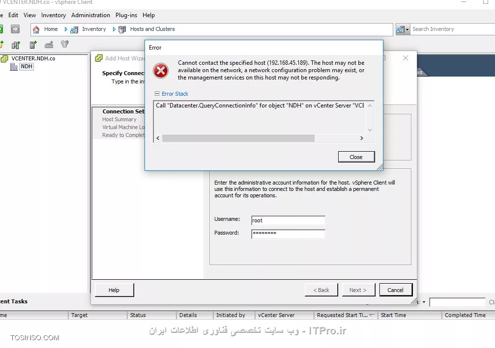 سلام دوستان
من یه سرور vCenter نسخه 5.5 نصب کردم و esxi نسخه 5.1 دارم و روی سرور vCenter نرم افزار vsphere client نسخه 5.1 رو نصب کردم و از روی سرور vCenter با vsphere تونستم به host مورد نظرم متصل بشم..
ولی وقتی که میخوام توی کنسول vCenter اون host مورد نظرم رو اضافه کنم با این پیغام روبرو میشم:
||https://tosinso.com/files/get/3475f97e-33c4-4a96-ae23-2fdab3edefc7||
راه حل این پیغام چیه؟!