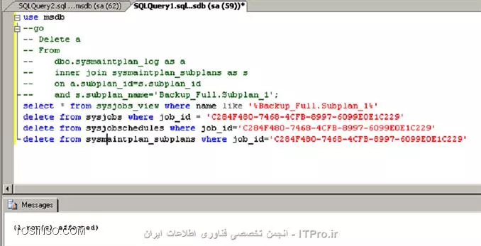 ممنون از راهنماییاتون، با دستورات زیر ابتدا همه‌ی رکوردهای وابسته به job مورد نظر رو حذف و بعد job مورد نظر رو حذف کردم:
||http://dba.tosinso.com/files/get/349cf5d9-186a-46fc-b7c1-035b09ad29b5||