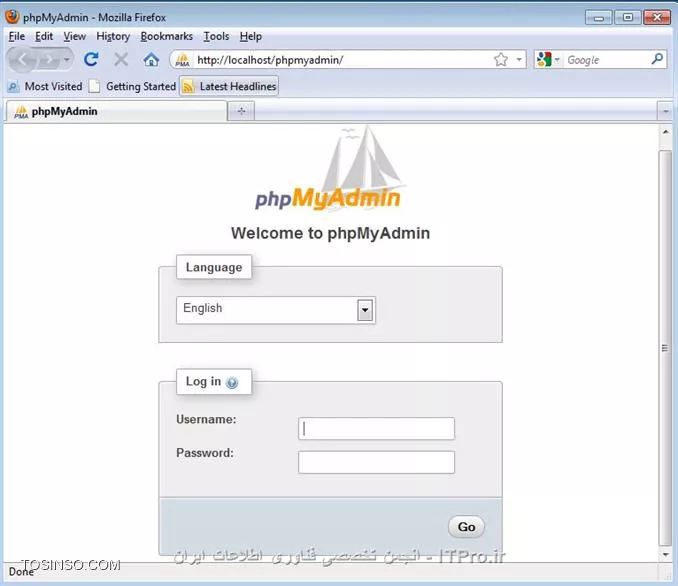 تصویر یازدهم نصب WAMP صفحه اصلی ابزار phpMyAdmin در WAMP نام کاربری و رمز عبور