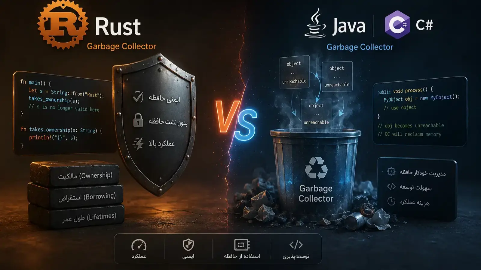 مدیریت حافظه: Rust (بدون Garbage Collector) در برابر جاوا/سی‌شارپ.