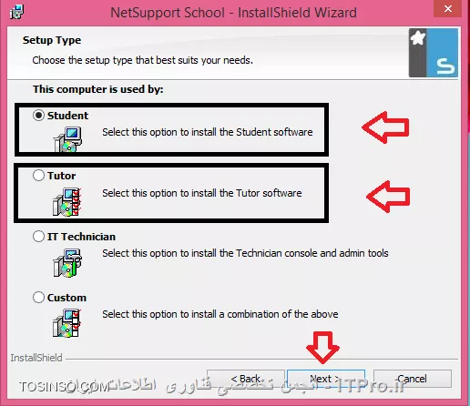 در این آموزش قصد دارم نحوه راه اندازی و استفاده از نرم افزار Net Support School رو بر روی VMware به صورت شماتیک توضیح بدم گرچه این روش در عمل کاربردی نداره ولی یک روش تمرینی خوب برای یاد گرفتن این نرم افزار کاربردی است. قسمت اول این اموزش مربوط به راه اندازی ماشین مجازی هست (اگر اشنایی دارید به بخش دوم مراجعه کنید) و بخش دوم استفاده از نرم افزار Net Support  ، در این مطلب آموزشی بر اساس یک سناریو نصب و راه اندازی VMWare و اتصال آنها به اینترنت و ایجاد یک شبکه داخلی و سپس راه اندازی نرم افزار کاربردی Net Support بر روی 3 ماشین VMWare که یکی از آنها به عنوان دستگاه معلم (Tutor) و 2 دستگاه دیگر به عنوان دانشجو (Student) شبیه سازی میشود.بر طبق این سناریو به ترتیب زیر 3 ماشین VMWare ایجاد میشود.
قدم اول : ایجاد یک ماشین مجازی جدید به ترتیب زیر:
||http://tosinso.com/files/get/c422d8d5-5359-4b5d-90c2-fcb1334963ef||
قدم دوم : یکی از دو حالت Typical یا Custom را انتخاب کرده و Next را میزنیم.
||http://tosinso.com/files/get/823e8f27-f990-4c0b-aecc-6d8c7c62d77e||
قدم سوم : در این مرحله میتوانیم محل فایل ایزوی ویندوز 8 را مشخص کرده و یا ان را به بعد موکول کنیم.
||http://tosinso.com/files/get/e76fa852-0add-402d-bf8f-fbc98eacfa0f||
قدم چهارم : در این مرحله نوع سیستم عامل و ورژن محصول را انتخاب میکنیم.
||http://tosinso.com/files/get/cf51fbad-5deb-4a73-a59a-382aec627b84||
قدم پنجم : نام ماشین مجازی را مشخص میکنیم.
||http://tosinso.com/files/get/3e1aa1aa-a0ca-4a3f-a1b6-4395d6e32c1f||
قدم پنجم : سپس با زدن Customize Hardware میتوانیم تنظیمات سخت افزاری ماشین مجازی را به دلخواه خود انجام دهیم.
||http://tosinso.com/files/get/25545a3a-c7b0-4914-b95c-03aed588ef1b||
قدم ششم : در این مرجله مقدار RAM ماشین مجازی را از طریق اسکرول تعبیه شده در سمت راست تعیین میکنیم
||http://tosinso.com/files/get/da09ec39-1df7-4d9b-aac9-fd883305fda9||
قدم هفتم : سپس تعداد پردازنده ها را مشخص میکنیم.
||http://tosinso.com/files/get/1d0edb30-b02e-40c6-85c2-5574c6e1d227||
قدم هشتم : در این مرحله حالت کارت شبکه خود را تعیین میکنیم. با توجه به شکل زیر 5حالت کارت شبکه مجازی در Vmware در نطر گرفته شده است که با توجه به سناریو NAT میتواند بهترین گزینه باشد.(نیاز به انصال هر ماشین به اینترنت بوده و ماشین ها باید به یکدیگر متصل شده و همدیگر را ببینند.)
||http://tosinso.com/files/get/f8e997b9-4baa-4268-86ad-4f2e0f0222f0||
قدم نهم : سپس مسیر فایل ایزوی سیستم عامل را تعیین میکینم.(در این سناریو هر 3 ماشین VM ویندوز 8.1)
||http://tosinso.com/files/get/87f047ce-6fe4-4f63-b3d0-e83871c302d7||
قدم دهم : سپس ویندوز 8 را نصب میکینم.
||http://tosinso.com/files/get/216fe59a-573e-4caa-ab1b-b3cd65d782ed||
قدم یازدهم : بعد از نصب هر VM میبایست برای هر ماشین VM Tools را هم برای راحتی کار و همچنین انتقال فایل نصب نرم افزار net support به ترتیب زیر نصب میکنیم
||http://tosinso.com/files/get/63d756e9-0dce-49e3-9133-8748cf1b65d6||
 قدم دوازدهم : همانطور که در شکل زیر میبینیم درایو مجازی VM Tools بر روی ماشین مجازی Mount شده و به راحتی کار نصب را انجام میدهیم.
||http://tosinso.com/files/get/e50fa9fe-5369-4f2f-9595-7865d66f7ae8||
قدم سیزدهم : فایل نصب نرم افزار Net Support را از سایت www.netsupportschool.com دانلود کرده و با توجه به نصب VM Tools فایل setup را به راحتی بر روی هر 3 ماشین کپی میکنیم.
||http://tosinso.com/files/get/3a7ac53b-a43d-4d6b-a562-f58857315000||
قدم چهاردهم : سپس بر روی ماشین Tutor فایل setup نرم افزار net support را اجرا کرده و آن را نصب میکنیم. و مراحل زیر را تا نصب کامل نرم افزار طی میکنیم.
||http://tosinso.com/files/get/1649c9b5-40b6-4119-87ab-30d4c5267f1f||
||http://tosinso.com/files/get/458a6a5a-586b-49d4-8109-ecc8097e1ae5||||http://tosinso.com/files/get/96eafb8c-56d5-477e-81ed-88eac296b9d5||
قدم پانزدهم : در این مرحله نوع کاربری net support را مشخص کرده که بر طبق سناریو برای یک ماشین Tutor و برای 2 ماشین student را نصب میکنیم.
||http://tosinso.com/files/get/36d33d42-ebea-40f2-980b-3f4f6ae16b1b||
||http://tosinso.com/files/get/db9bcd32-9c35-4e83-a9dd-cdb9e4ef1133||
قدم شانزدهم : بعد از اتمام نصب net support بر روی 3 ماشین مجازی در صورتی که هر 3 ماشین دسترسی به اینترنت نداشته باشند مراحل زیر را انجام میدهیم. ابتدا از منوی Edit گزینه Virtual Network Editor  را انتخاب کرده.
||http://tosinso.com/files/get/c7dc2761-ebdd-41a8-81d8-69dc5c804b73||
قدم هفدهم : با توجه به سناریوی تعیین شده برای هر 3 ماشین کارت شبکه در حالت NAT قرار داده شده در Virtual Network Editor بر روی VMnet 8 کلیک کرده تا تنطیمات NAT برای ماشین مجازی را انجام دهیم. همینطور که مشخص است کارت شبکه  در حالت NAT که بر روی سیستم عامل کامپیوتر میزبان ایجاد شده دارای محدوده IP : 192.168.113.0 بوده و بنابراین به منطور ایجاد ارتباط بین 3 ماشین مجازی این 3 ماشین هم باید از همین range ای پی اختصاص داده شود. به این منظور باید تیک use local DHCP service to distribute ip address to VMS را زده تا به هر سه ماشین از رنج IP مورد نطر به صورت اتوماتیک داده شود.(با این کار هم دسترسی به اینترنت برای 3 ماشین فراهم شده و هم هر 3 ماشین همدیگر را دیده و میتوانند با یکدیگر ارتباط درون شبکه ای داشته باشند.
||http://tosinso.com/files/get/3424910e-2f2b-4255-866e-2e8218e5e0ae||
بعد از این کار بر روی ماشین Tutor  آی پی های 2 ماشین دیگر را ping کرده تا از داشتن ارتباط اطمینان حاصل کنیم. بدین صورت هر 3 ماشین مجازی آماده برقراری ارتباط از طریق net support را داشته و میتوانیم محیط آموزشی net support را استفاده کنیم.
1- ایجاد یک room مجازی در ماشین Tutor: با اجرای نرم افزار net support پنجره زیر باز شده و استاد باید فیلدهای مربوطه را به ترتیب زیر پر کرده و سپس اتاق مجازی آموزشی را ایجاد کند.
||http://tosinso.com/files/get/20e36747-eb63-4f1c-9b77-ff19a8514c73||
2- بعد از کلیک کردن بر روی دکمه new پنجره زیر باز شده و استاد باید یکی از حالتهای زیر را به عنوان شروع کننده کلاس انتخاب کند. مورد اول Room Mode میباشد که این حالت به شما اجازه میدهد که کامپیوترهای داخل یک کلاس را گروه بندی کرده و دانشجویان میتوانند به این اتاق اموزشی برای شروع کلاس بپیوندند. حالت دوم  PC Mode میباشد که به شما اجازه میدهد که یک تعدادی کامپیوتر را که با هم در یک اتاق در اتصال هستند از طریق کابل را به هم متصل کرده و یک کلاس مجازی آموزشی تشکیل دهید. حالت سوم User Mode میباشد که به شما اجازه میدهد یک تعداد دانشجو را با استفاده از پروفایل های انها به کلاس اضافه کنید. حالت چهارم یک حالت ساده بوده که در ان شما به سادگی میتوانید شبکه موجود را جستجو کرده و همه دانشجویان را به کلاس مورد نظر اضافه کنید.
در این سناریو ما از حالت دوم استفاده میکنیم.
||http://tosinso.com/files/get/6b6cc5f8-5dcb-4fc8-8146-14b1744ccfa2||
3- در این مرحله پنجره Create Class باز شده و در این مرحله باید PC های دانشجویان کلاس را ابتدا جستجو کرده و سپس همه انها رو به کلاس اضافه کنیم.
||http://tosinso.com/files/get/be28d2da-cf20-4773-b06f-c3fdb16da00a||
||http://tosinso.com/files/get/7661349e-a09e-4f09-92e9-af40f2774d9b||
4-دبعد از ایجاد کلاس پنجره اصلی نرم افزار به صورت زیر میباشد و دانشجویان اضافه شده قابل روئیت میباشند.
||http://tosinso.com/files/get/4b4fd644-7999-4cf0-a5d8-3299d62a5923||
5- تب دوم این اجازه را به استاد داده تا نمایی از desktop های دانشجویان حاضر در کلاس را روئیت کرده و به نوعی انها را کنترل کند. علاوه بر ان استاد قادر است با کلیک کردن بر روی هر کدام از پنجره های پیش نمایش دسکتاپ دانشجویان به صورت remote به کامپیوتر دانشجوی مورد نظز دسترسی پیدا کند.
||http://tosinso.com/files/get/ace1446a-e122-460d-9987-f9b463cb2894||
6- در تب سوم که با ایکون های هد ست مشخص شده است استاد قادر است با کلیک بر روی Announce نوعی اطلاع رسانی را به دانشجویان ارسال کند. علاوه بر این استاد قادر بوده که با برداشتن تیک های بلندگو و میکروفون انها را از در کامپیوترهای دانشجویان از کار بیندازد.
||http://tosinso.com/files/get/9f032a1c-4787-4699-b565-85d2642adce8||
||http://tosinso.com/files/get/0379be7c-1a46-4d1c-b867-a36e50371cf6||
7-  در تب بعدی استاد قادر بوده که انواع سوالات را برای کل کلاس یا بخشی از کلاس مطرح کرده و جواب را هم از سوی دانشجویان دریافت کند.
||http://tosinso.com/files/get/c43fd40a-56a3-4579-afa2-0d3c41e151c3||
اولین مدل از سوالات First to answer میباشد که استاد با مطرح کردن یک سوال در کلاس گزینه مورد نظر را کلیک کرده و دانشجویان بر روی کامپیوترشان با پیغام زیر مواجه شده و اولین دانشویی که بر روی answer کلیک کند قادر خواهد بود تا سوال را جواب دهد.
||http://tosinso.com/files/get/95439e52-493b-4c49-9402-0a32e6e1f655||
||http://tosinso.com/files/get/38b943ed-8471-4716-adaf-fb8c6d71ded0||
بعد از پاسخ دادن به سوال بر روی پروفایل دانشجوی مورد نطر به شکا زیر 2 گزینه تیک و ضربدر در اختیار استاد قرار گرفته و صحیح یا نا درست بودن پاسخ دانشجوی مورد نظر را میتواند تعیین کند. 
||http://tosinso.com/files/get/a7d4b650-28eb-4d96-9b8f-c848ea3d257f||
در صورت درست بودن پاسخ دانشجوی مورد نظر یک ستاره به عنوان جایزه دریافت میکند.
||http://tosinso.com/files/get/fe29b122-7d8d-4d88-9c36-c5a5c5ab42fc||
نوع دوم سوال Enter an answer میباشد .
||http://tosinso.com/files/get/f0be3aa6-ecc8-4a26-83aa-4baf570f662d||
در این حالت استاد پاسخ صحیح را در کادر مورد نظر وارد کرده و بعد از مطرح کردن سوال بر روی Go کلیک کرده .
||http://tosinso.com/files/get/fea2b766-7725-41c2-952c-fadb8d7d2639||
همانطور که در شکل زیر نشان داده شده به محض کلیک کردن Go توسط استاد پنجره ای به شکل زیر در PC های دانشجویان ظاهر شده است
||http://tosinso.com/files/get/4e008f76-53c9-4d19-a40e-2e7d0117e3c1||
 و بعد از اتمام زمان تفکر دانشجویان قادر به پاسخگویی خواهند بود.
||http://tosinso.com/files/get/386151ee-a2eb-4cea-b35f-49f6fdb431e1||
بعد از پاسخگویی به سوال دانشجویان به شکل زیر از پاسخ دیگر دانشجویان مطلع میشوند و میتوانند خود را نسبت به کلاس ارزیابی کنند.
||http://tosinso.com/files/get/b9086a56-03ff-4c51-8ccd-47b4fdc36cd7||
همچنین استاد بعد از پاسخگوی دانشجویان به شکل زیر از پاسخ انها مطلع خواهد شد که رنگ قرمز نشان دهنده پاسخ اشتباه و رنگ سبز نشان دهنده دانشجویانی است که پاسخ صحیح را وارد کرده اند.
||http://tosinso.com/files/get/9ea7cab7-6aa7-4e01-9c4e-94cbfab24849||
در تب بعدی استاد قادر خواهد بود تا نوعی محدودیت برای دانشجویان کلاس از لحاظ دسترسی به  وب سایت های مختلف تعیین کندو ستون سمت راست برای وب سایت های ممنوعه بوده که استاد با کلیک بر روی علامت مثبت (سبز رنگ) وب سایت های ممنوعه را تعیین کند و در اینصورت دانشجویان قادر نخواهند بود به وب سایت های مذکور دسترسی پیدا کنند.
||http://tosinso.com/files/get/d8048463-751d-4453-ae99-dcd5a8c7405b||
از ستون چپ نیز استاد قادر بوده تا وب سایت های مورد تایید را اضافه کند و اجازه دسترسی را به دانشجویان داخل کلاس به وب سایت های مذکور بدهد.
||http://tosinso.com/files/get/589718f6-fc60-49b9-9985-800e2d2eb8f8||
علاوه بر این استاد قادر بوده با استفاده از دکمه های پایین صفحه  همه وب سایت ها را بلاک کند.
||http://tosinso.com/files/get/0f56aec7-c81f-4ee3-80c6-c9c1d1f93930||
در تب بعدی استاد قادر خواهد بود نوعی همه پرسی از کلاس انجام داده تا به نتیجه مورد نظر با استفاده از جواب ها برسد.
||http://tosinso.com/files/get/111fb50a-c772-4a68-85c9-6a3786756ebd||
در این تب ابتدا استاد سوال رو مطرح کرده و نوع پاسخ را از نوار کیک کشویی زیر response انتخاب کرده و سپس بر روی send کلیک کرده و ان را برای همه دانشجویان ارسال کند.
||http://tosinso.com/files/get/fe6c9156-519e-43a2-8ef5-b14047da890c||
به محض ارسال سوال پنجره زیر برای همه دانشجویان باز شده و میتوانند به سوال پاسخ دهند.
||http://tosinso.com/files/get/4700ffba-1dec-4e2f-a5f6-e13b72993e86||
بعد از پاسخ دادن همه دانشجویان استاد قادر خواهد بود تا از ستون سمت راست درصدی از پاسخ های تعیین شده را مشاهده کرده و ارزیابی مورد نظر را از سوال خود انجام دهد.
||http://tosinso.com/files/get/3371a176-c0f2-44e0-b907-2437197d2d3f||
تب بعدی دسترسی پرینتر به دانشجویان میباشد که استاد با استفاده از دکمه های پایین پنجره میتواند عملیات پرینت را متوقف و بلاک و یا برای همه دانشجویان آزاد کند.
||http://tosinso.com/files/get/6efcb071-3ec3-4396-858e-73aa8fe0ab01||
در تب بعدی استاد قادر خواهد بود تا فرایند مانیتورینگ فعالیت های دانشجویان را با کلیک بر روی Monitor Activity فعال یا غیر فعال کند و علاوه بر ان از این تب استاد قادر است دانشجویان را بلاک کند. 
||http://tosinso.com/files/get/2b3ac1f5-48b6-4860-8f14-02fe9e29cc53||
در تب بعدی استاد میتواند سطح دسترسی دانشجویان را به CD/DVD و USB تعیین کند.
||http://tosinso.com/files/get/f2d8851f-a280-4c91-b15f-781145d9dd4a||
آخرین تب یکی از پر کاربردترین تب ها بوده که استاد قادر است با ایجاد یک صفحه White Board تدریس را انجام دهد. برای نمایش White board برای همه دانشجویان استاد بر روی Show کلیک کرده که به محض کلیک صفحه White Board بر روی مانیتور دانشجویان ظاهر میشود. در این صفحه ابزارهای زیادی برای تدریس همچون ایجاد متن و استفاده از قلم و خطوط و اشکال مختلف به تدریس بپردازد. علاوه بر ان استاد میتواند رنگ قام و ضخامت ان و همچنین فونت متن ها را تغییر دهد و در نهایت میتواند صفحه کذکور را ذخیره و صفحه جدیدی ایجاد کند.
||http://tosinso.com/files/get/ada000e7-0f9b-43af-9c34-a189be039f81||
یکی از منوهای کاربردی در این نرم افزار استاد میتواند تکالیف مورد نظرش را برای دانشجویان به طریقه زیر ارسال کند.
||http://tosinso.com/files/get/2896704a-8fdd-4dae-9f3b-b79a39014eeb||
بعد از انتخاب Send Work پنجره زیر باز شده و استاد میتواند تکلیف کورد نظر را که در قالب یک فایل text ذخیره کرده است را انتخاب کرده و همچنین تایین کند که فایل مورد نظر در چه مکانی از PC های دانشجویان کپی شود.
||http://tosinso.com/files/get/c0e03536-c30b-4855-bab8-66fbb6028b8f||
 سپس با کلیک بر روس send فایل text بر روی PC دانشجویان کپی میشود .
||http://tosinso.com/files/get/57210fb5-f5ce-4204-8db9-cffb9c23b4b9||
و دانشجویان قادر خواهند بود که فایل مورد نطر را باز کنند و محتویات تکلیف تایین شده از طرف استاد را ببینند.
||http://tosinso.com/files/get/b123fd5a-c981-4f8e-93a2-6f8b19764f49||
از دیگر منوهای کاربردی برای استاد ایکون های Lock , Unlock می باشد که استاد در صورتی که نیاز داشته باشد از دیدن صفحه نمایش خود برای دانشجویان جلوگیری کند بر روی Lock کلید کند.
||http://tosinso.com/files/get/7cd4174b-5e72-4557-8829-a89cd38b499d||
به محض کلیک استاد بر روی Lock صفحه نمایش PC های دانشجویان به وضع زیر خواهد درامد.
||http://tosinso.com/files/get/824e86cf-bae2-4893-b83f-98eee194ff4d||
از منوی show استادی میتواند صفحه نمایش خود را به حالتهای مختلف برای دانشجویان برای انجام تدریس در بیاورد.
||http://tosinso.com/files/get/dab9a896-a5ad-43d2-ab1c-3dfaa806d6c6||
نحوه حضور و غیاب با استفاده از نرم افزار Net Support به شکل زیر بوده و استاد با کلیک بر روی منوی Student register انها را در کلاس ثبت نام کند. 
||http://tosinso.com/files/get/3c183ee7-76e8-4582-b18d-21d93a276350||
به محض کلیک استاد بر روی register پنجره ای به شکل زیر بر روی صفحه نمایش دانشجویان ظاهر شده که دانشجویان موظف به پر کردن فیلدهای خالی بوده و ان را تایید کنند.
||http://tosinso.com/files/get/9ada9676-2aec-4af3-a76a-2d1cd9668e05||
بعد از انجام حضور و غیاب استاد میتواند یک گزارش از ان را در قالب یک فایل با پسوند .csv ذخیره کند.
||http://tosinso.com/files/get/360717e1-6f4f-4c6f-b18d-85197b6afa0f||
همچنین استاد میتواند با کلیک بر روی registration report کلیک کند.
||http://tosinso.com/files/get/773a472f-124e-4362-b5ee-6a18a228ae53||
به محض کلیک بر روی registration report میتواند گزارشی از دانشجویان حاظر در کلاس و فعالیت های انها مشاهده کند.
||http://tosinso.com/files/get/c499c1b6-048b-4abb-a841-0fa9fb9c26cf||
از دیگر قابلیت های این نرم افزار chat , ارسال پیغام خصوصی از طرف استاد به دانشجویان میباشد.
||http://tosinso.com/files/get/e14a8f27-cb16-4a9f-aa1a-b020b050abd5||
در شکل زیر نمونه ای از محیط chat باز شده توسط استاد با یک دانشجو میباشد.
||http://tosinso.com/files/get/d3ee9b19-2dcb-45cf-add0-d4c87dba65cc||
در پایان استاد میتواند کلاس را به طرز زیر به پایان برساند.
||http://tosinso.com/files/get/13c9666a-fb77-4b8b-bddd-d6aedc050515||


نویسنده : رضا حاج فرج 
منبع : |جزیره مجازی سازی وب سایت توسینسو::https://tosinso.com/virtualization|
هر گونه کپی برداری بدون ذکر منبع غیر اخلاقی است. 

