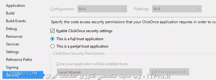 با سلام، وارد تنظیمات پروژه شده و از بخش Security گزینه Enable ClickOnce security settings رو انتخاب کنید. در ادامه از تنظیمات همین بخش گزینه this is full trust application رو انتخاب کنید ببینید مشکل حل میشه؟

||http://programming.tosinso.com/files/get/36f08c64-ecd8-4074-b401-877940846869||